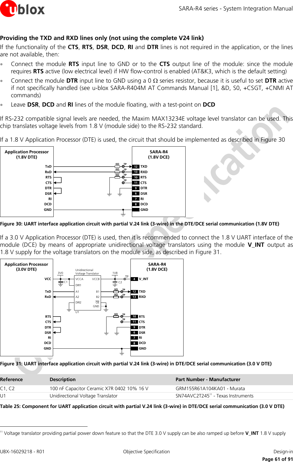 SARA-R4 series - System Integration Manual UBX-16029218 - R01  Objective Specification  Design-in     Page 61 of 91 Providing the TXD and RXD lines only (not using the complete V24 link) If the functionality of the CTS, RTS, DSR, DCD, RI and DTR lines is not required in the application, or the lines are not available, then:  Connect  the  module  RTS  input  line  to  GND  or  to  the  CTS  output  line  of  the  module:  since  the  module requires RTS active (low electrical level) if HW flow-control is enabled (AT&amp;K3, which is the default setting)  Connect the module DTR input line to GND using a 0  series resistor, because it is useful to set DTR active if not specifically handled (see u-blox SARA-R404M AT Commands Manual [1], &amp;D, S0, +CSGT, +CNMI AT commands)  Leave DSR, DCD and RI lines of the module floating, with a test-point on DCD  If RS-232 compatible signal levels are needed, the Maxim MAX13234E voltage level translator can be used. This chip translates voltage levels from 1.8 V (module side) to the RS-232 standard.   If a 1.8 V Application Processor (DTE) is used, the circuit that should be implemented as described in Figure 30 TxDApplication Processor(1.8V DTE)RxDRTSCTSDTRDSRRIDCDGNDSARA-R4(1.8V DCE)12 TXD9DTR13 RXD10 RTS11 CTS6DSR7RI8DCDGND0ΩTP0ΩTP0ΩTPTP Figure 30: UART interface application circuit with partial V.24 link (3-wire) in the DTE/DCE serial communication (1.8V DTE) If a 3.0 V Application Processor (DTE) is used, then it is recommended to connect the 1.8 V UART interface of the module  (DCE)  by  means  of  appropriate  unidirectional  voltage  translators  using  the  module  V_INT  output  as 1.8 V supply for the voltage translators on the module side, as described in Figure 31. 4V_INTTxDApplication Processor(3.0V DTE)RxDDTRDSRRIDCDGNDSARA-R4(1.8V DCE)12 TXD9DTR13 RXD6DSR7RI8DCDGND1V8B1 A1GNDU1VCCBVCCAUnidirectionalVoltage TranslatorC1 C23V0DIR1DIR2 OEVCCB2 A2RTSCTS10 RTS11 CTSTP0ΩTP0ΩTP0ΩTPTP Figure 31: UART interface application circuit with partial V.24 link (3-wire) in DTE/DCE serial communication (3.0 V DTE) Reference Description Part Number - Manufacturer C1, C2 100 nF Capacitor Ceramic X7R 0402 10% 16 V GRM155R61A104KA01 - Murata U1 Unidirectional Voltage Translator SN74AVC2T24511 - Texas Instruments Table 25: Component for UART application circuit with partial V.24 link (3-wire) in DTE/DCE serial communication (3.0 V DTE)                                                        11 Voltage translator providing partial power down feature so that the DTE 3.0 V supply can be also ramped up before V_INT 1.8 V supply 