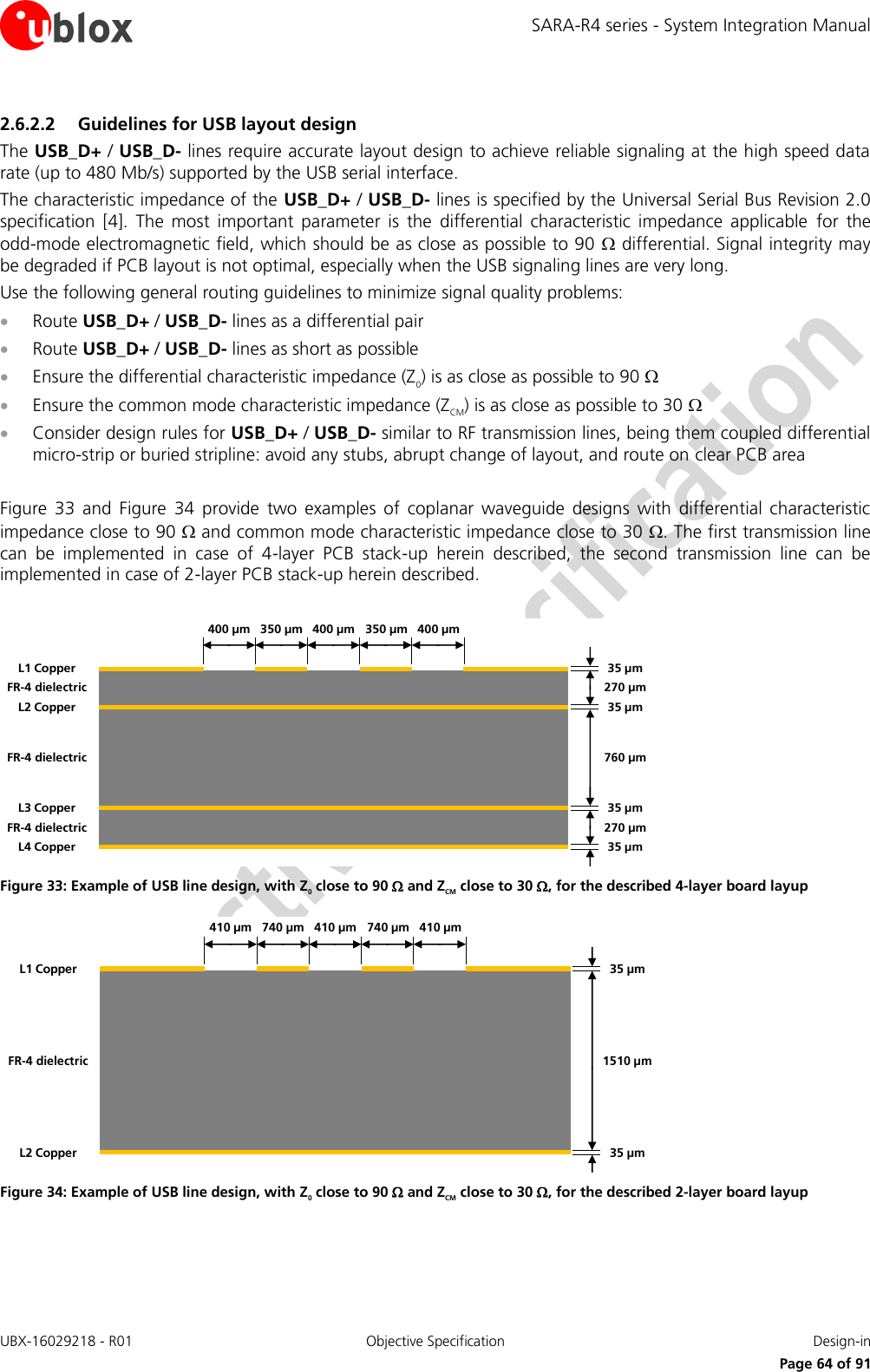 SARA-R4 series - System Integration Manual UBX-16029218 - R01  Objective Specification  Design-in     Page 64 of 91 2.6.2.2 Guidelines for USB layout design The USB_D+ / USB_D- lines require accurate layout design to achieve reliable signaling at the high speed data rate (up to 480 Mb/s) supported by the USB serial interface.  The characteristic impedance of the USB_D+ / USB_D- lines is specified by the Universal Serial Bus Revision 2.0 specification  [4].  The  most  important  parameter  is  the  differential  characteristic  impedance  applicable  for  the odd-mode electromagnetic field, which should be as close as possible to 90  differential. Signal integrity may be degraded if PCB layout is not optimal, especially when the USB signaling lines are very long. Use the following general routing guidelines to minimize signal quality problems:  Route USB_D+ / USB_D- lines as a differential pair  Route USB_D+ / USB_D- lines as short as possible  Ensure the differential characteristic impedance (Z0) is as close as possible to 90   Ensure the common mode characteristic impedance (ZCM) is as close as possible to 30   Consider design rules for USB_D+ / USB_D- similar to RF transmission lines, being them coupled differential micro-strip or buried stripline: avoid any stubs, abrupt change of layout, and route on clear PCB area  Figure  33  and  Figure  34  provide  two  examples  of  coplanar  waveguide  designs  with  differential  characteristic impedance close to 90  and common mode characteristic impedance close to 30 . The first transmission line can  be  implemented  in  case  of  4-layer  PCB  stack-up  herein  described,  the  second  transmission  line  can  be implemented in case of 2-layer PCB stack-up herein described.  35 µm35 µm35 µm35 µm270 µm270 µm760 µmL1 CopperL3 CopperL2 CopperL4 CopperFR-4 dielectricFR-4 dielectricFR-4 dielectric350 µm 400 µm400 µm350 µm400 µm Figure 33: Example of USB line design, with Z0 close to 90  and ZCM close to 30 , for the described 4-layer board layup 35 µm35 µm1510 µmL2 CopperL1 CopperFR-4 dielectric740 µm 410 µm410 µm740 µm410 µm Figure 34: Example of USB line design, with Z0 close to 90  and ZCM close to 30 , for the described 2-layer board layup  
