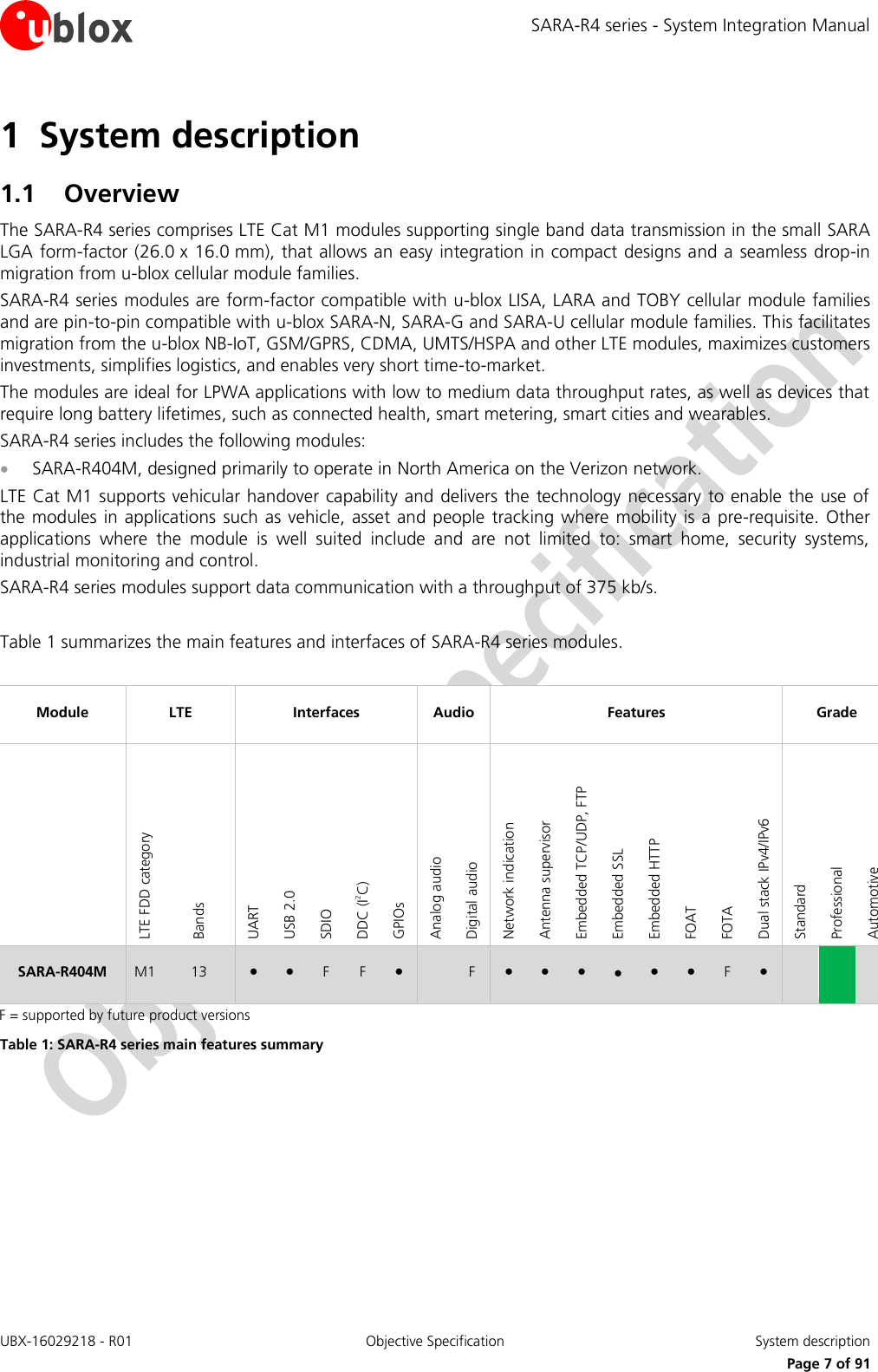 SARA-R4 series - System Integration Manual UBX-16029218 - R01  Objective Specification  System description     Page 7 of 91 1 System description 1.1 Overview The SARA-R4 series comprises LTE Cat M1 modules supporting single band data transmission in the small SARA LGA form-factor (26.0 x 16.0 mm), that allows an easy integration in compact designs and a seamless drop-in migration from u-blox cellular module families. SARA-R4 series modules are form-factor compatible with u-blox LISA, LARA and TOBY cellular module families and are pin-to-pin compatible with u-blox SARA-N, SARA-G and SARA-U cellular module families. This facilitates migration from the u-blox NB-IoT, GSM/GPRS, CDMA, UMTS/HSPA and other LTE modules, maximizes customers investments, simplifies logistics, and enables very short time-to-market. The modules are ideal for LPWA applications with low to medium data throughput rates, as well as devices that require long battery lifetimes, such as connected health, smart metering, smart cities and wearables. SARA-R4 series includes the following modules:  SARA-R404M, designed primarily to operate in North America on the Verizon network. LTE Cat M1 supports vehicular handover capability and delivers the technology necessary to enable the use of the modules in applications  such as vehicle, asset and people tracking where  mobility is a pre-requisite. Other applications  where  the  module  is  well  suited  include  and  are  not  limited  to:  smart  home,  security  systems, industrial monitoring and control. SARA-R4 series modules support data communication with a throughput of 375 kb/s.  Table 1 summarizes the main features and interfaces of SARA-R4 series modules.  Module LTE Interfaces Audio Features Grade  LTE FDD category Bands UART USB 2.0 SDIO  DDC (I2C) GPIOs Analog audio Digital audio  Network indication Antenna supervisor Embedded TCP/UDP, FTP Embedded SSL Embedded HTTP FOAT FOTA Dual stack IPv4/IPv6 Standard Professional Automotive SARA-R404M M1 13 ● ● F F ●  F ● ● ● ● ● ● F ●    F = supported by future product versions Table 1: SARA-R4 series main features summary    