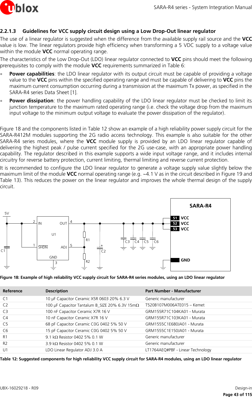 SARA-R4 series - System Integration Manual UBX-16029218 - R09    Design-in     Page 43 of 115 2.2.1.3 Guidelines for VCC supply circuit design using a Low Drop-Out linear regulator The use of a linear regulator is suggested when the difference from the available supply rail source and the VCC value is low. The linear regulators provide high efficiency when transforming a 5 VDC supply to a voltage value within the module VCC normal operating range. The characteristics of the Low Drop-Out (LDO) linear regulator connected to VCC pins should meet the following prerequisites to comply with the module VCC requirements summarized in Table 6:  Power capabilities: the LDO linear regulator with its output circuit must be capable of providing a voltage value to the VCC pins within the specified operating range and must be capable of delivering to VCC pins the maximum current consumption occurring during a transmission at the maximum Tx power, as specified in the SARA-R4 series Data Sheet [1].  Power dissipation: the power handling capability of the LDO linear regulator must be checked to limit its junction temperature to the maximum rated operating range (i.e. check the voltage drop from the maximum input voltage to the minimum output voltage to evaluate the power dissipation of the regulator).  Figure 18 and the components listed in Table 12 show an example of a high reliability power supply circuit for the SARA-R412M  modules supporting  the 2G radio  access technology. This  example is also  suitable  for  the  other SARA-R4  series  modules,  where  the  VCC  module  supply  is  provided  by  an  LDO  linear  regulator  capable  of delivering the highest peak / pulse current specified for the 2G use-case, with an appropriate power handling capability. The regulator described in this example supports a wide input voltage range, and it includes internal circuitry for reverse battery protection, current limiting, thermal limiting and reverse current protection. It is recommended to configure the LDO linear regulator to generate a voltage supply value slightly below the maximum limit of the module VCC normal operating range (e.g. ~4.1 V as in the circuit described in Figure 19 and Table 13). This reduces the power on the linear regulator and improves the whole thermal design of the supply circuit.  5VC1IN OUTADJGND12453R1R2U1SHDNSARA-R452 VCC53 VCC51 VCCGNDC2C3 C4 C5 C6 Figure 18: Example of high reliability VCC supply circuit for SARA-R4 series modules, using an LDO linear regulator Reference Description Part Number - Manufacturer C1 10 µF Capacitor Ceramic X5R 0603 20% 6.3 V Generic manufacturer C2 100 µF Capacitor Tantalum B_SIZE 20% 6.3V 15m T520B107M006ATE015 – Kemet C3 100 nF Capacitor Ceramic X7R 16 V GRM155R71C104KA01 - Murata C4 10 nF Capacitor Ceramic X7R 16 V GRM155R71C103KA01 - Murata C5 68 pF Capacitor Ceramic C0G 0402 5% 50 V GRM1555C1E680JA01 - Murata C6 15 pF Capacitor Ceramic C0G 0402 5% 50 V GRM1555C1E150JA01 - Murata R1 9.1 k Resistor 0402 5% 0.1 W Generic manufacturer R2 3.9 k Resistor 0402 5% 0.1 W Generic manufacturer U1 LDO Linear Regulator ADJ 3.0 A LT1764AEQ#PBF - Linear Technology Table 12: Suggested components for high reliability VCC supply circuit for SARA-R4 modules, using an LDO linear regulator 