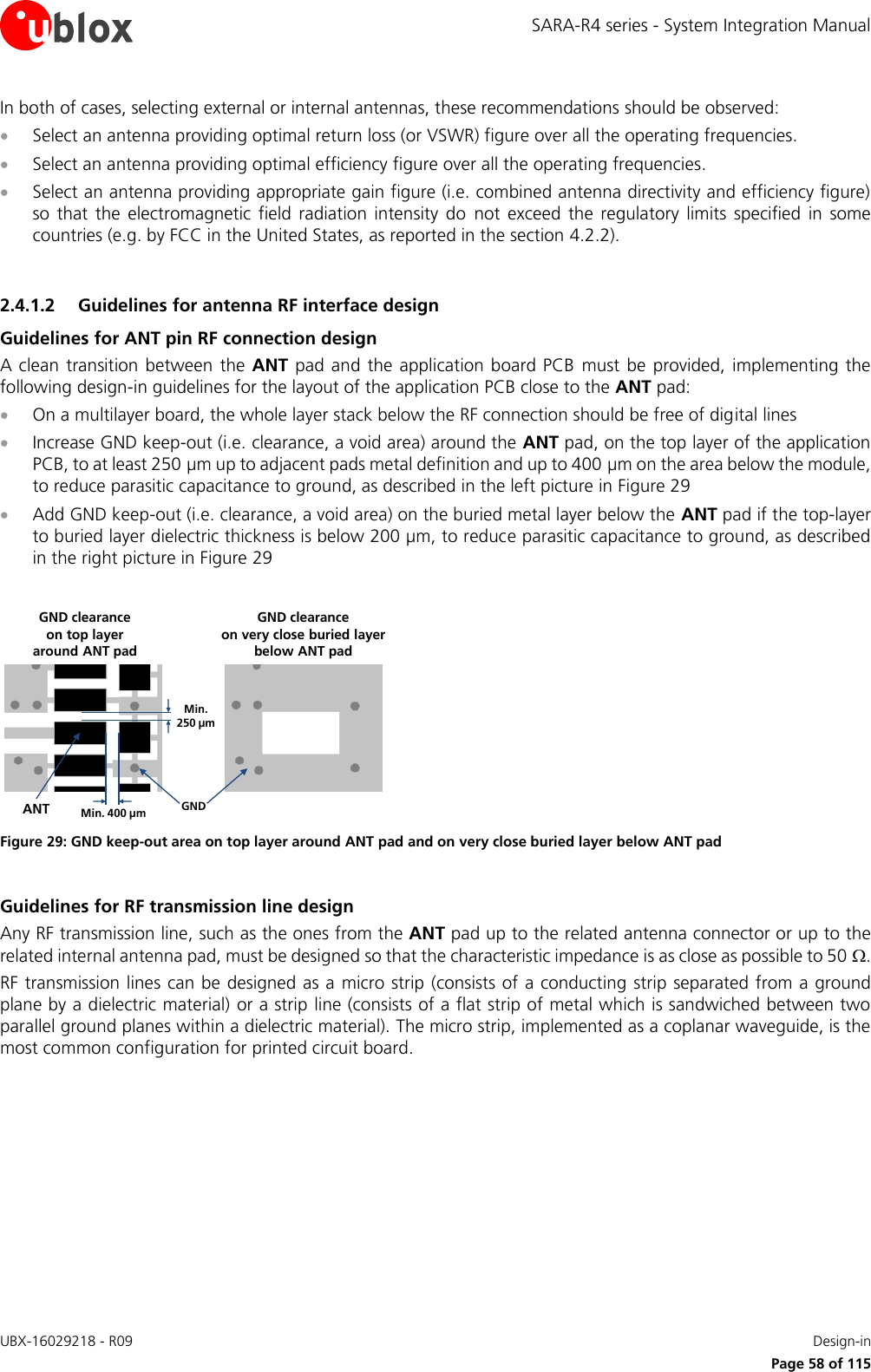 SARA-R4 series - System Integration Manual UBX-16029218 - R09    Design-in     Page 58 of 115 In both of cases, selecting external or internal antennas, these recommendations should be observed:  Select an antenna providing optimal return loss (or VSWR) figure over all the operating frequencies.  Select an antenna providing optimal efficiency figure over all the operating frequencies.  Select an antenna providing appropriate gain figure (i.e. combined antenna directivity and efficiency figure) so  that  the  electromagnetic  field  radiation intensity  do  not  exceed  the  regulatory  limits  specified  in  some countries (e.g. by FCC in the United States, as reported in the section 4.2.2).  2.4.1.2 Guidelines for antenna RF interface design Guidelines for ANT pin RF connection design A clean transition  between the ANT pad and the application board  PCB must  be  provided,  implementing the following design-in guidelines for the layout of the application PCB close to the ANT pad:  On a multilayer board, the whole layer stack below the RF connection should be free of digital lines  Increase GND keep-out (i.e. clearance, a void area) around the ANT pad, on the top layer of the application PCB, to at least 250 µm up to adjacent pads metal definition and up to 400 µm on the area below the module, to reduce parasitic capacitance to ground, as described in the left picture in Figure 29  Add GND keep-out (i.e. clearance, a void area) on the buried metal layer below the ANT pad if the top-layer to buried layer dielectric thickness is below 200 µm, to reduce parasitic capacitance to ground, as described in the right picture in Figure 29  Min. 250 µmMin. 400 µm GNDANTGND clearance on very close buried layerbelow ANT padGND clearance on top layer around ANT pad Figure 29: GND keep-out area on top layer around ANT pad and on very close buried layer below ANT pad  Guidelines for RF transmission line design Any RF transmission line, such as the ones from the ANT pad up to the related antenna connector or up to the related internal antenna pad, must be designed so that the characteristic impedance is as close as possible to 50 . RF transmission lines can be designed as a micro strip  (consists of a conducting strip separated from a ground plane by a dielectric material) or a strip line (consists of a flat strip of metal which is sandwiched between two parallel ground planes within a dielectric material). The micro strip, implemented as a coplanar waveguide, is the most common configuration for printed circuit board.  