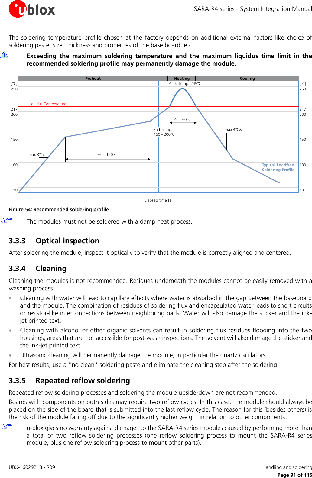 SARA-R4 series - System Integration Manual UBX-16029218 - R09    Handling and soldering     Page 91 of 115 The  soldering  temperature  profile  chosen  at  the  factory  depends  on  additional  external  factors  like  choice  of soldering paste, size, thickness and properties of the base board, etc.   Exceeding  the  maximum  soldering  temperature  and  the  maximum  liquidus  time  limit  in  the recommended soldering profile may permanently damage the module.  Preheat Heating Cooling[°C] Peak Temp. 245°C [°C]250 250Liquidus Temperature217 217200 20040 - 60 sEnd Temp.max 4°C/s150 - 200°C150 150max 3°C/s60 - 120 s100 Typical Leadfree 100Soldering Profile50 50Elapsed time [s] Figure 54: Recommended soldering profile  The modules must not be soldered with a damp heat process.  3.3.3 Optical inspection After soldering the module, inspect it optically to verify that the module is correctly aligned and centered. 3.3.4 Cleaning Cleaning the modules is not recommended. Residues underneath the modules cannot be easily removed with a washing process.  Cleaning with water will lead to capillary effects where water is absorbed in the gap between the baseboard and the module. The combination of residues of soldering flux and encapsulated water leads to short circuits or resistor-like interconnections between neighboring pads. Water will also damage the sticker and the ink-jet printed text.  Cleaning with alcohol or other organic solvents can result in soldering flux residues  flooding  into the two housings, areas that are not accessible for post-wash inspections. The solvent will also damage the sticker and the ink-jet printed text.  Ultrasonic cleaning will permanently damage the module, in particular the quartz oscillators. For best results, use a &quot;no clean&quot; soldering paste and eliminate the cleaning step after the soldering. 3.3.5 Repeated reflow soldering Repeated reflow soldering processes and soldering the module upside-down are not recommended. Boards with components on both sides may require two reflow cycles. In this case, the module should always be placed on the side of the board that is submitted into the last reflow cycle. The reason for this (besides others) is the risk of the module falling off due to the significantly higher weight in relation to other components.  u-blox gives no warranty against damages to the SARA-R4 series modules caused by performing more than a  total  of  two  reflow  soldering  processes  (one  reflow  soldering  process  to  mount  the  SARA-R4  series module, plus one reflow soldering process to mount other parts).  