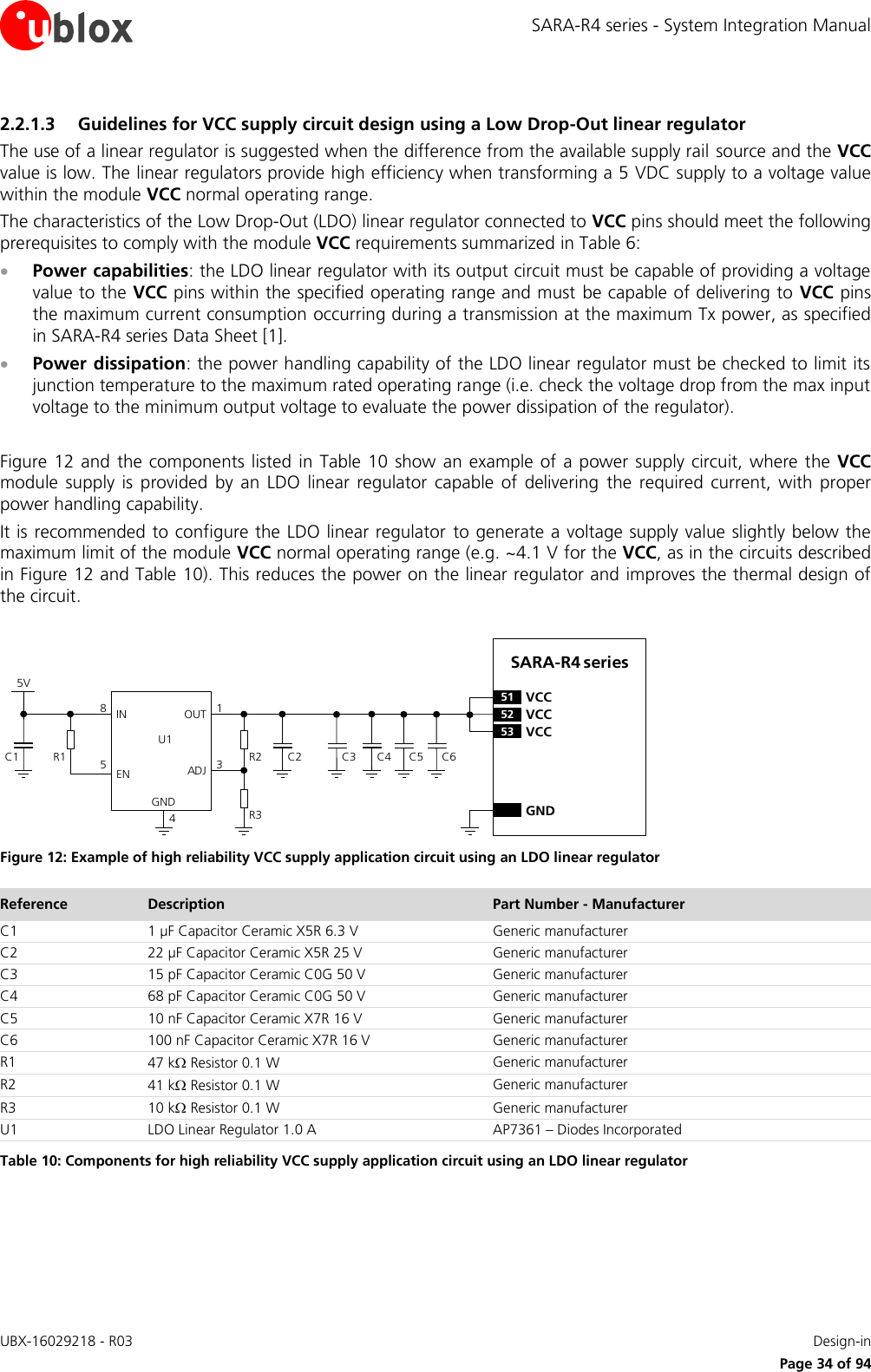 SARA-R4 series - System Integration Manual UBX-16029218 - R03    Design-in     Page 34 of 94 2.2.1.3 Guidelines for VCC supply circuit design using a Low Drop-Out linear regulator The use of a linear regulator is suggested when the difference from the available supply rail source and the VCC value is low. The linear regulators provide high efficiency when transforming a 5 VDC supply to a voltage value within the module VCC normal operating range. The characteristics of the Low Drop-Out (LDO) linear regulator connected to VCC pins should meet the following prerequisites to comply with the module VCC requirements summarized in Table 6:  Power capabilities: the LDO linear regulator with its output circuit must be capable of providing a voltage value to the VCC pins within the specified operating range and must  be capable of delivering to  VCC pins the maximum current consumption occurring during a transmission at the maximum Tx power, as specified in SARA-R4 series Data Sheet [1].  Power dissipation: the power handling capability of the LDO linear regulator must be checked to limit its junction temperature to the maximum rated operating range (i.e. check the voltage drop from the max input voltage to the minimum output voltage to evaluate the power dissipation of the regulator).  Figure 12 and  the  components listed  in Table 10  show  an example of a power  supply circuit, where the  VCC module  supply  is  provided  by  an LDO  linear  regulator  capable  of  delivering  the  required  current,  with proper power handling capability. It is recommended to configure the LDO linear regulator  to generate a voltage supply value slightly below the maximum limit of the module VCC normal operating range (e.g. ~4.1 V for the VCC, as in the circuits described in Figure 12 and Table 10). This reduces the power on the linear regulator and improves the thermal design of the circuit.  5VC1 R1IN OUTADJGND58134C2R2R3U1ENSARA-R4 series52 VCC53 VCC51 VCCGNDC4C3 C5 C6 Figure 12: Example of high reliability VCC supply application circuit using an LDO linear regulator Reference Description Part Number - Manufacturer C1 1 µF Capacitor Ceramic X5R 6.3 V Generic manufacturer C2 22 µF Capacitor Ceramic X5R 25 V Generic manufacturer C3 15 pF Capacitor Ceramic C0G 50 V Generic manufacturer C4 68 pF Capacitor Ceramic C0G 50 V Generic manufacturer C5 10 nF Capacitor Ceramic X7R 16 V Generic manufacturer C6 100 nF Capacitor Ceramic X7R 16 V Generic manufacturer R1 47 k Resistor 0.1 W Generic manufacturer R2 41 k Resistor 0.1 W Generic manufacturer R3 10 k Resistor 0.1 W Generic manufacturer U1 LDO Linear Regulator 1.0 A AP7361 – Diodes Incorporated Table 10: Components for high reliability VCC supply application circuit using an LDO linear regulator  