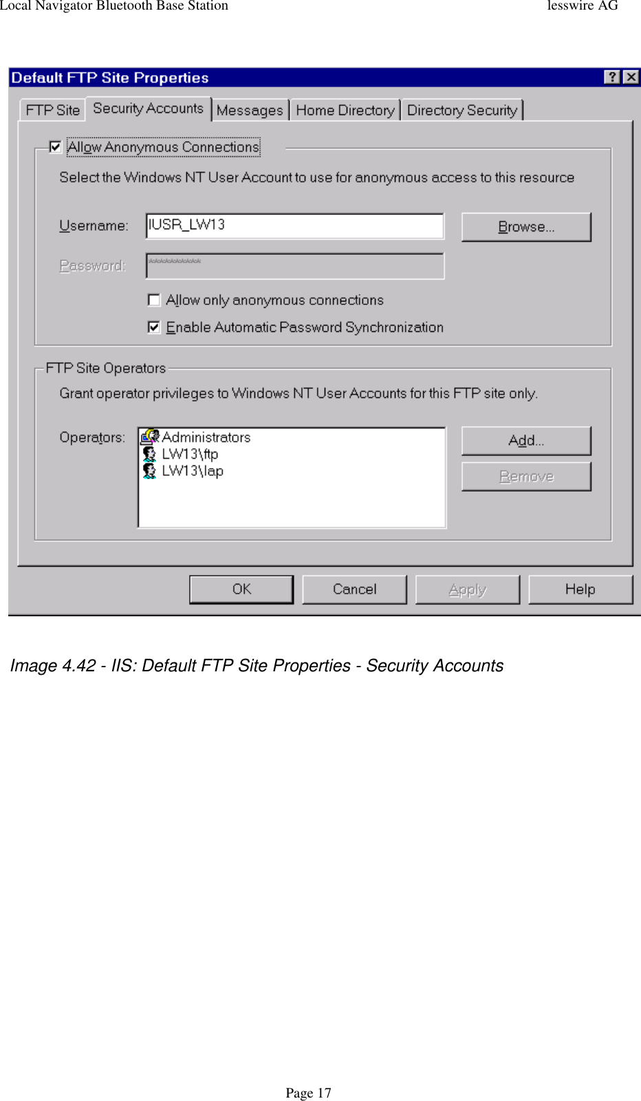 Local Navigator Bluetooth Base Station lesswire AGPage 17  Image 4.42 - IIS: Default FTP Site Properties - Security Accounts