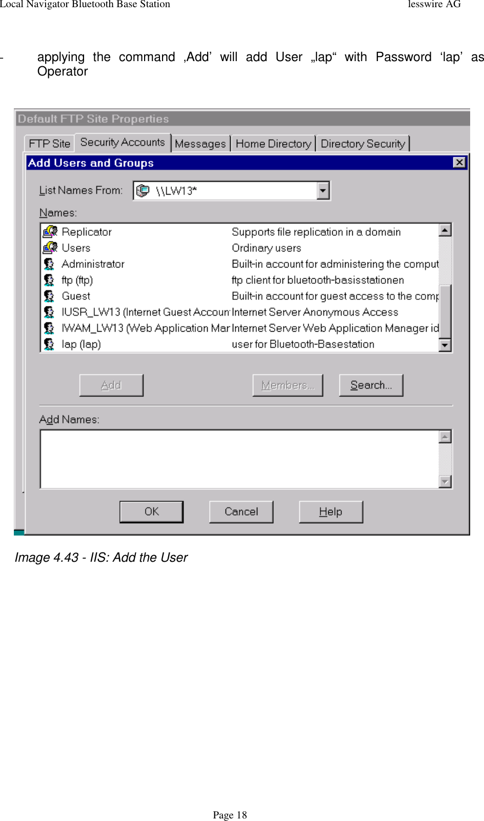 Local Navigator Bluetooth Base Station lesswire AGPage 18-  applying the command ‚Add’ will add User „lap“ with Password ‘lap’ asOperator    Image 4.43 - IIS: Add the User