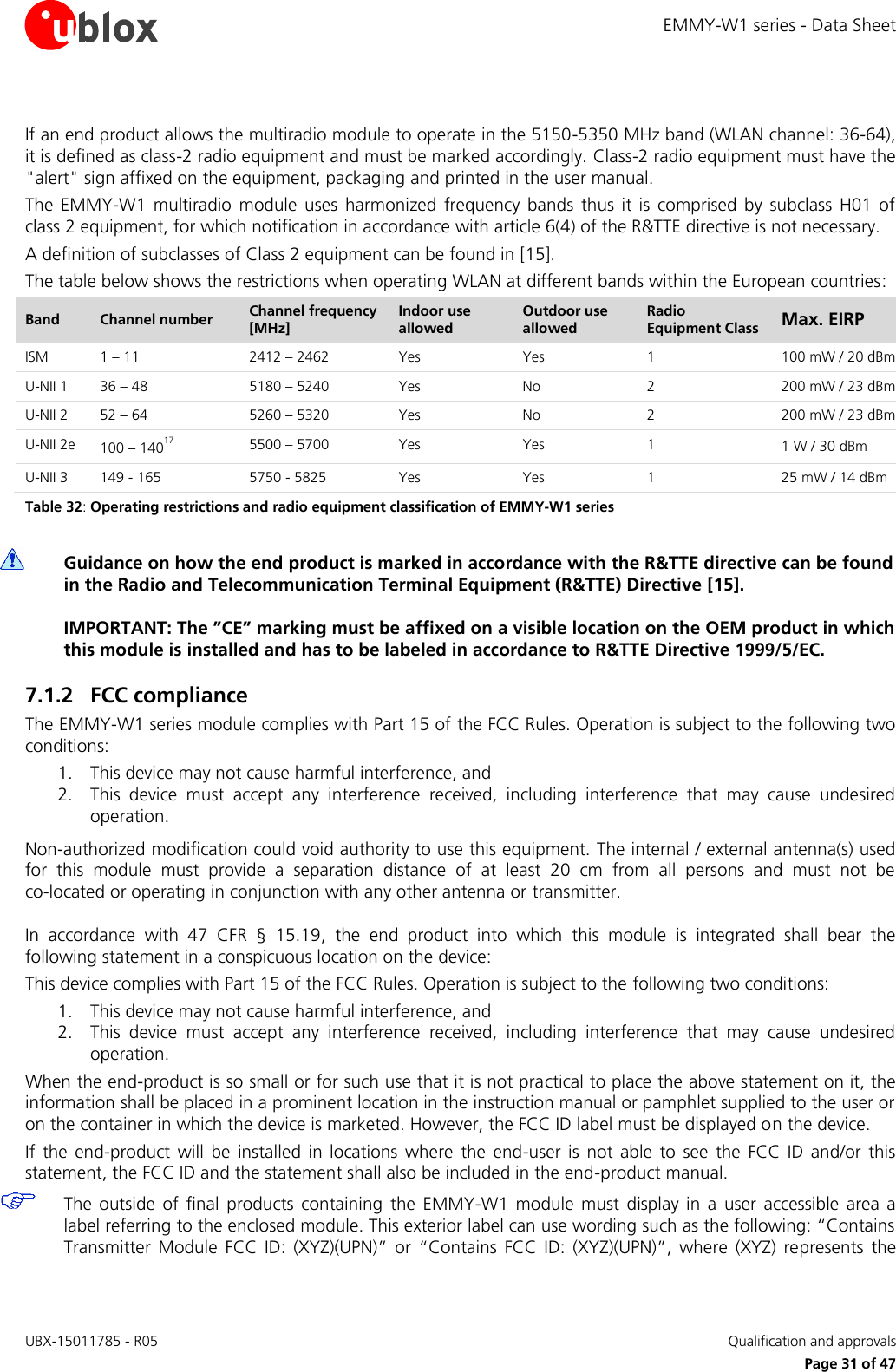 EMMY-W1 series - Data Sheet UBX-15011785 - R05   Qualification and approvals     Page 31 of 47  If an end product allows the multiradio module to operate in the 5150-5350 MHz band (WLAN channel: 36-64), it is defined as class-2 radio equipment and must be marked accordingly. Class-2 radio equipment must have the &quot;alert&quot; sign affixed on the equipment, packaging and printed in the user manual.  The  EMMY-W1  multiradio  module  uses  harmonized  frequency  bands  thus it  is  comprised  by  subclass  H01  of class 2 equipment, for which notification in accordance with article 6(4) of the R&amp;TTE directive is not necessary. A definition of subclasses of Class 2 equipment can be found in [15].  The table below shows the restrictions when operating WLAN at different bands within the European countries: Band Channel number Channel frequency [MHz] Indoor use allowed Outdoor use allowed Radio Equipment Class Max. EIRP ISM 1 – 11  2412 – 2462  Yes Yes 1 100 mW / 20 dBm U-NII 1 36 – 48  5180 – 5240  Yes No 2 200 mW / 23 dBm U-NII 2 52 – 64  5260 – 5320  Yes No 2 200 mW / 23 dBm U-NII 2e 100 – 14017 5500 – 5700  Yes Yes 1 1 W / 30 dBm U-NII 3 149 - 165 5750 - 5825 Yes Yes 1 25 mW / 14 dBm Table 32: Operating restrictions and radio equipment classification of EMMY-W1 series   Guidance on how the end product is marked in accordance with the R&amp;TTE directive can be found in the Radio and Telecommunication Terminal Equipment (R&amp;TTE) Directive [15].   IMPORTANT: The ”CE” marking must be affixed on a visible location on the OEM product in which this module is installed and has to be labeled in accordance to R&amp;TTE Directive 1999/5/EC. 7.1.2 FCC compliance  The EMMY-W1 series module complies with Part 15 of the FCC Rules. Operation is subject to the following two conditions: 1. This device may not cause harmful interference, and 2. This  device  must  accept  any  interference  received,  including  interference  that  may  cause  undesired operation. Non-authorized modification could void authority to use this equipment. The internal / external antenna(s) used for  this  module  must  provide  a  separation  distance  of  at  least  20  cm  from  all  persons  and  must  not  be  co-located or operating in conjunction with any other antenna or transmitter. In  accordance  with  47  CFR  §  15.19,  the  end  product  into  which  this  module  is  integrated  shall  bear  the following statement in a conspicuous location on the device: This device complies with Part 15 of the FCC Rules. Operation is subject to the following two conditions: 1. This device may not cause harmful interference, and 2. This  device  must  accept  any  interference  received,  including  interference  that  may  cause  undesired operation. When the end-product is so small or for such use that it is not practical to place the above statement on it, the information shall be placed in a prominent location in the instruction manual or pamphlet supplied to the user or on the container in which the device is marketed. However, the FCC ID label must be displayed on the device. If the  end-product  will  be  installed  in  locations  where  the end-user  is  not  able  to  see  the  FCC ID  and/or  this statement, the FCC ID and the statement shall also be included in the end-product manual.  The  outside  of  final  products  containing  the  EMMY-W1  module  must  display  in  a  user  accessible  area a label referring to the enclosed module. This exterior label can use wording such as the following: “Contains Transmitter  Module  FCC  ID:  (XYZ)(UPN)”  or  “Contains  FCC  ID:  (XYZ)(UPN)”,  where  (XYZ)  represents  the 