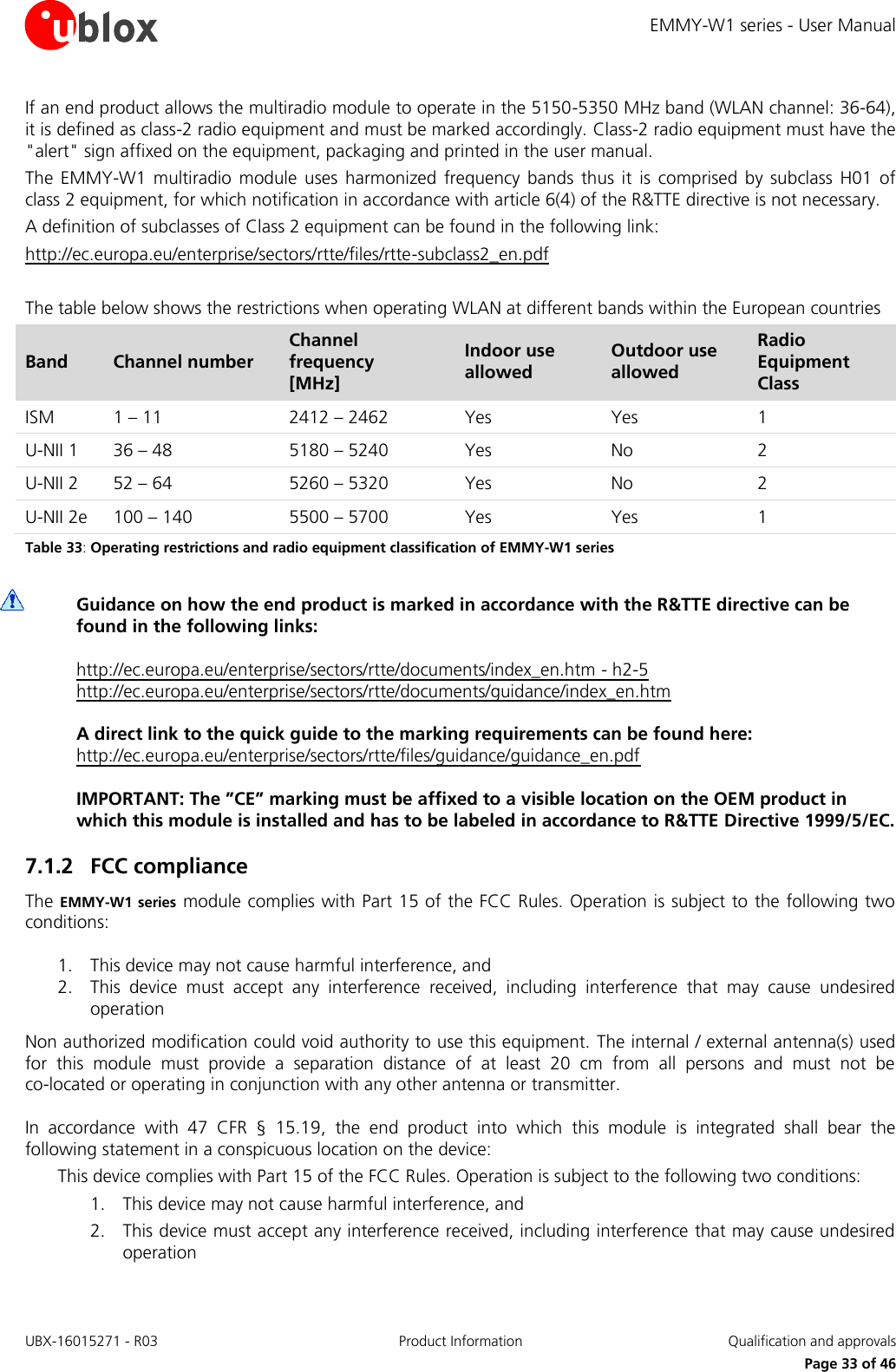 EMMY-W1 series - User Manual UBX-16015271 - R03 Product Information  Qualification and approvals     Page 33 of 46 If an end product allows the multiradio module to operate in the 5150-5350 MHz band (WLAN channel: 36-64), it is defined as class-2 radio equipment and must be marked accordingly. Class-2 radio equipment must have the &quot;alert&quot; sign affixed on the equipment, packaging and printed in the user manual.  The  EMMY-W1  multiradio  module  uses  harmonized  frequency  bands  thus  it  is  comprised  by  subclass  H01  of class 2 equipment, for which notification in accordance with article 6(4) of the R&amp;TTE directive is not necessary. A definition of subclasses of Class 2 equipment can be found in the following link: http://ec.europa.eu/enterprise/sectors/rtte/files/rtte-subclass2_en.pdf  The table below shows the restrictions when operating WLAN at different bands within the European countries Band Channel number Channel frequency [MHz] Indoor use allowed Outdoor use allowed Radio Equipment Class ISM 1 – 11  2412 – 2462  Yes Yes 1 U-NII 1 36 – 48  5180 – 5240  Yes No 2 U-NII 2 52 – 64  5260 – 5320  Yes No 2 U-NII 2e 100 – 140  5500 – 5700  Yes Yes 1 Table 33: Operating restrictions and radio equipment classification of EMMY-W1 series   Guidance on how the end product is marked in accordance with the R&amp;TTE directive can be found in the following links:  http://ec.europa.eu/enterprise/sectors/rtte/documents/index_en.htm - h2-5  http://ec.europa.eu/enterprise/sectors/rtte/documents/guidance/index_en.htm   A direct link to the quick guide to the marking requirements can be found here:  http://ec.europa.eu/enterprise/sectors/rtte/files/guidance/guidance_en.pdf  IMPORTANT: The ”CE” marking must be affixed to a visible location on the OEM product in which this module is installed and has to be labeled in accordance to R&amp;TTE Directive 1999/5/EC. 7.1.2 FCC compliance  The EMMY-W1 series module complies with Part 15 of the FCC Rules. Operation is subject to the following two conditions: 1. This device may not cause harmful interference, and 2. This  device  must  accept  any  interference  received,  including  interference  that  may  cause  undesired operation Non authorized modification could void authority to use this equipment. The internal / external antenna(s) used for  this  module  must  provide  a  separation  distance  of  at  least  20  cm  from  all  persons  and  must  not  be  co-located or operating in conjunction with any other antenna or transmitter. In  accordance  with  47  CFR  §  15.19,  the  end  product  into  which  this  module  is  integrated  shall  bear  the following statement in a conspicuous location on the device: This device complies with Part 15 of the FCC Rules. Operation is subject to the following two conditions: 1. This device may not cause harmful interference, and 2. This device must accept any interference received, including interference that may cause undesired operation 