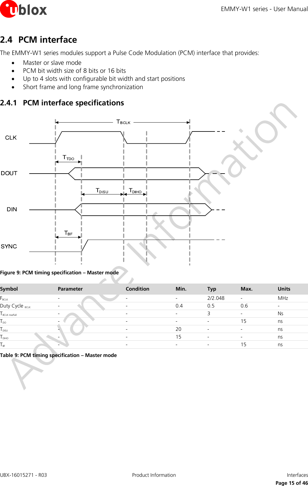 EMMY-W1 series - User Manual UBX-16015271 - R03 Product Information  Interfaces     Page 15 of 46 2.4 PCM interface The EMMY-W1 series modules support a Pulse Code Modulation (PCM) interface that provides:  Master or slave mode  PCM bit width size of 8 bits or 16 bits  Up to 4 slots with configurable bit width and start positions  Short frame and long frame synchronization 2.4.1 PCM interface specifications   Figure 9: PCM timing specification – Master mode  Symbol Parameter Condition Min.        Typ Max. Units FBCLK - - - 2/2.048 - MHz Duty Cycle BCLK - - 0.4 0.5 0.6 - TBCLK rise/fall - - - 3 - Ns TDO - - - - 15 ns TDISU - - 20 - - ns TDIHO - - 15 - - ns TBF - - - - 15 ns Table 9: PCM timing specification – Master mode 