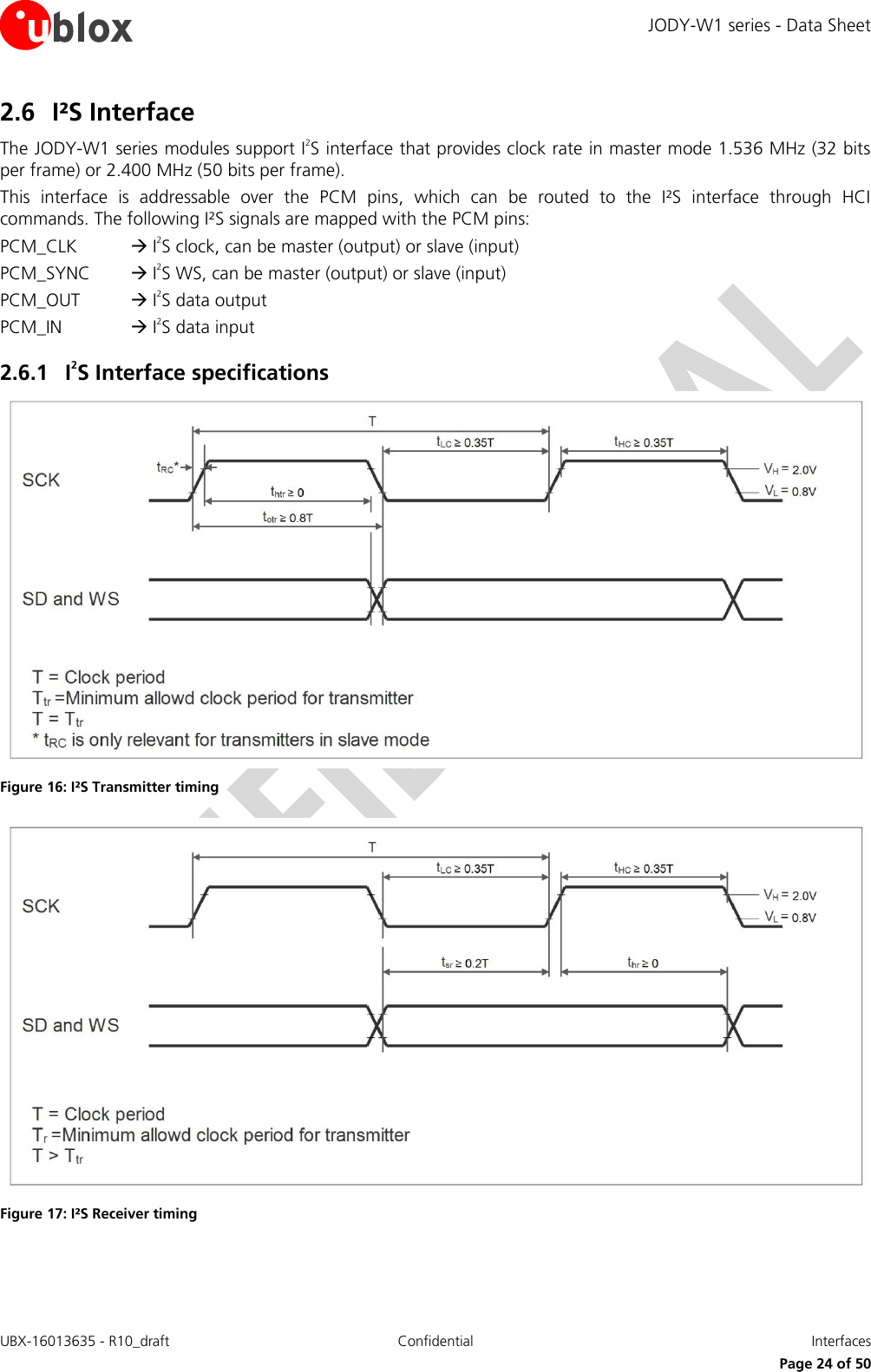 JODY-W1 series - Data Sheet UBX-16013635 - R10_draft Confidential  Interfaces     Page 24 of 50 2.6 I²S Interface The JODY-W1 series modules support I2S interface that provides clock rate in master mode 1.536 MHz (32 bits per frame) or 2.400 MHz (50 bits per frame). This  interface  is  addressable  over  the  PCM  pins,  which  can  be  routed  to  the  I²S  interface  through  HCI commands. The following I²S signals are mapped with the PCM pins:  PCM_CLK   I2S clock, can be master (output) or slave (input)  PCM_SYNC   I2S WS, can be master (output) or slave (input) PCM_OUT   I2S data output PCM_IN    I2S data input 2.6.1 I2S Interface specifications  Figure 16: I²S Transmitter timing  Figure 17: I²S Receiver timing   