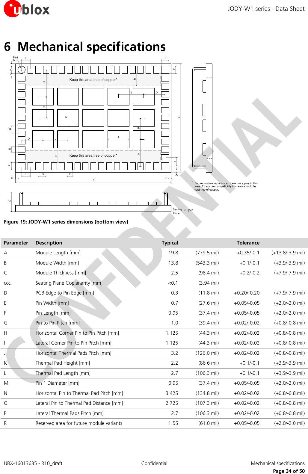 JODY-W1 series - Data Sheet UBX-16013635 - R10_draft Confidential  Mechanical specifications     Page 34 of 50 6 Mechanical specifications     Figure 19: JODY-W1 series dimensions (bottom view)  Parameter Description Typical  Tolerance  A  Module Length [mm] 19.8 (779.5 mil) +0.35/-0.1 (+13.8/-3.9 mil) B Module Width [mm] 13.8 (543.3 mil) +0.1/-0.1 (+3.9/-3.9 mil) C Module Thickness [mm] 2.5 (98.4 mil) +0.2/-0.2 (+7.9/-7.9 mil) ccc Seating Plane Coplanarity [mm] &lt;0.1 (3.94 mil)   D PCB Edge to Pin Edge [mm] 0.3 (11.8 mil) +0.20/-0.20 (+7.9/-7.9 mil) E Pin Width [mm]  0.7 (27.6 mil) +0.05/-0.05 (+2.0/-2.0 mil) F Pin Length [mm] 0.95 (37.4 mil) +0.05/-0.05 (+2.0/-2.0 mil) G Pin to Pin Pitch [mm] 1.0 (39.4 mil) +0.02/-0.02 (+0.8/-0.8 mil) H Horizontal Corner Pin to Pin Pitch [mm] 1.125 (44.3 mil) +0.02/-0.02 (+0.8/-0.8 mil) I Lateral Corner Pin to Pin Pitch [mm] 1.125 (44.3 mil)  +0.02/-0.02 (+0.8/-0.8 mil) J Horizontal Thermal Pads Pitch [mm] 3.2 (126.0 mil) +0.02/-0.02 (+0.8/-0.8 mil) K Thermal Pad Height [mm] 2.2 (86 6 mil) +0.1/-0.1 (+3.9/-3.9 mil) L Thermal Pad Length [mm] 2.7 (106.3 mil) +0.1/-0.1 (+3.9/-3.9 mil) M Pin 1 Diameter [mm]  0.95 (37.4 mil) +0.05/-0.05 (+2.0/-2.0 mil) N Horizontal Pin to Thermal Pad Pitch [mm] 3.425 (134.8 mil) +0.02/-0.02 (+0.8/-0.8 mil) O Lateral Pin to Thermal Pad Distance [mm] 2.725 (107.3 mil) +0.02/-0.02 (+0.8/-0.8 mil) P Lateral Thermal Pads Pitch [mm] 2.7 (106.3 mil) +0.02/-0.02 (+0.8/-0.8 mil) R Reserved area for future module variants 1.55 (61.0 mil) +0.05/-0.05 (+2.0/-2.0 mil) DEFHDD      OGGEDAIBFFLKMJSeatingcccPlaneCHPin1J  PNPNOJKeep this area free of copper*Keep this area free of copper*RR*Future module variants can have more pins in this area. To ensure compatibility this area should be kept free of copper. 