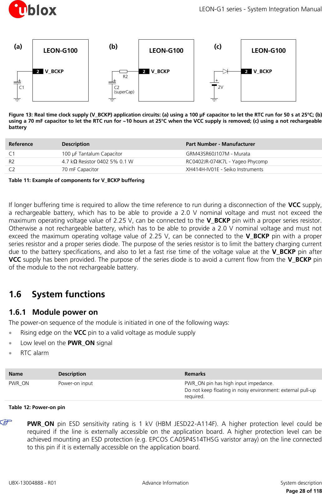 LEON-G1 series - System Integration Manual UBX-13004888 - R01  Advance Information  System description      Page 28 of 118 LEON-G100C1(a)2V_BCKPR2C2(superCap)(b)2V_BCKP2V(c)2V_BCKPLEON-G100 LEON-G100 Figure 13: Real time clock supply (V_BCKP) application circuits: (a) using a 100 µF capacitor to let the RTC run for 50 s at 25°C; (b) using a 70 mF capacitor to let the RTC run for ~10 hours at 25°C when the VCC supply is removed; (c) using a not rechargeable battery Reference Description Part Number - Manufacturer C1 100 µF Tantalum Capacitor GRM43SR60J107M - Murata R2 4.7 kΩ Resistor 0402 5% 0.1 W  RC0402JR-074K7L - Yageo Phycomp C2 70 mF Capacitor  XH414H-IV01E - Seiko Instruments Table 11: Example of components for V_BCKP buffering  If longer buffering time is required to allow the time reference to run during a disconnection of the VCC supply, a  rechargeable  battery,  which  has  to  be  able  to  provide  a  2.0  V  nominal  voltage  and  must  not  exceed  the maximum operating voltage value of 2.25 V, can be connected to the V_BCKP pin with a proper series resistor. Otherwise a not rechargeable battery, which has to be  able to provide a 2.0 V nominal voltage and must not exceed  the maximum operating voltage value of  2.25 V, can be  connected  to the  V_BCKP pin  with a proper series resistor and a proper series diode. The purpose of the series resistor is to limit the battery charging current due to the battery specifications, and also to  let a fast rise time  of the voltage value at the  V_BCKP pin after VCC supply has been provided. The purpose of the series diode is to avoid a current flow from the V_BCKP pin of the module to the not rechargeable battery.  1.6 System functions 1.6.1 Module power on The power-on sequence of the module is initiated in one of the following ways:  Rising edge on the VCC pin to a valid voltage as module supply  Low level on the PWR_ON signal  RTC alarm  Name Description Remarks PWR_ON Power-on input PWR_ON pin has high input impedance. Do not keep floating in noisy environment: external pull-up required. Table 12: Power-on pin  PWR_ON  pin  ESD  sensitivity  rating  is  1  kV  (HBM  JESD22-A114F).  A  higher  protection  level  could  be required  if  the  line  is  externally  accessible  on  the  application  board.  A  higher  protection  level  can  be achieved mounting an ESD protection (e.g. EPCOS CA05P4S14THSG varistor array) on the line connected to this pin if it is externally accessible on the application board.  
