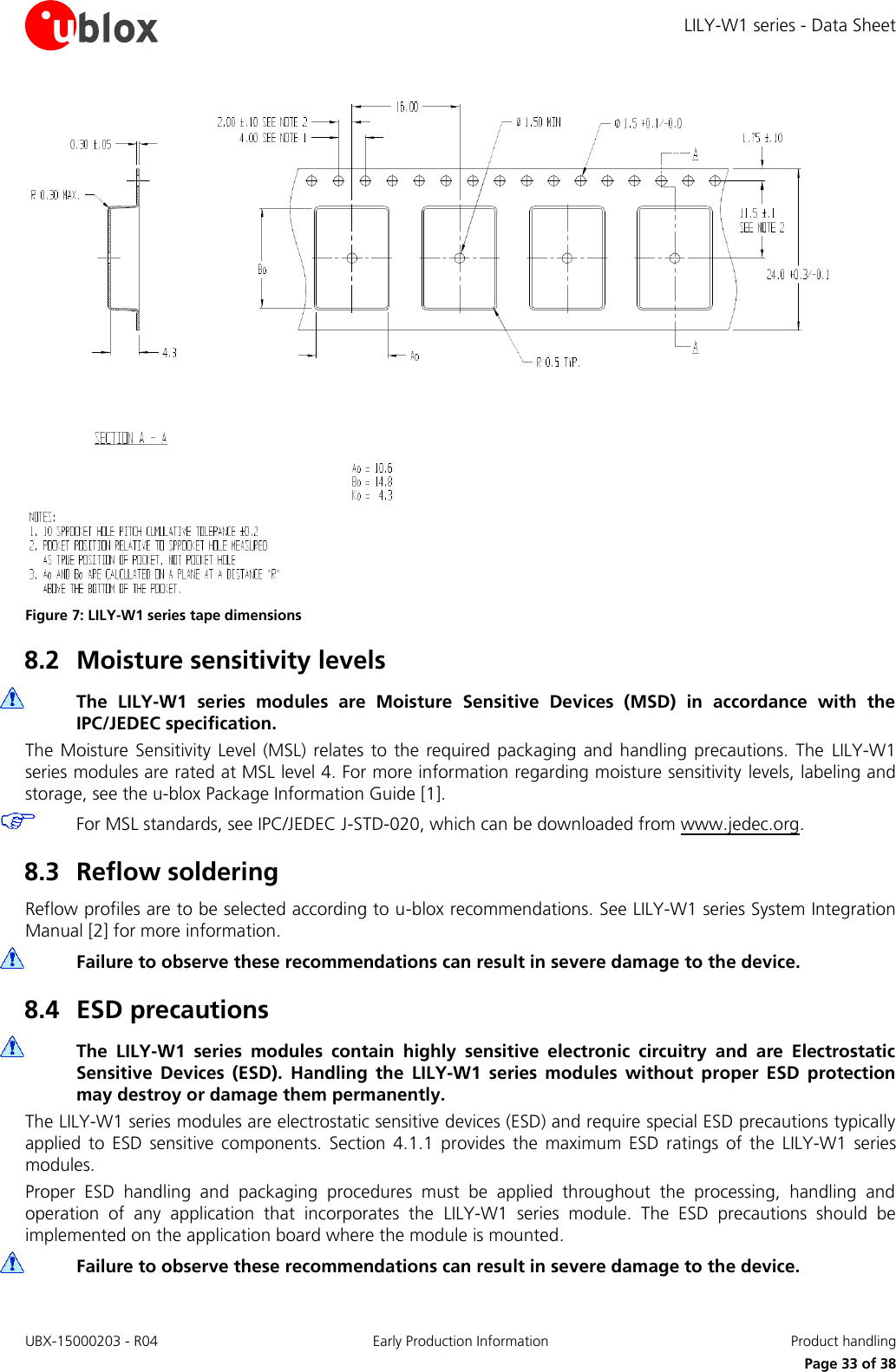 LILY-W1 series - Data Sheet UBX-15000203 - R04 Early Production Information  Product handling     Page 33 of 38  Figure 7: LILY-W1 series tape dimensions 8.2 Moisture sensitivity levels  The  LILY-W1  series  modules  are  Moisture  Sensitive  Devices  (MSD)  in  accordance  with  the IPC/JEDEC specification. The  Moisture  Sensitivity  Level (MSL)  relates to the  required  packaging and  handling precautions.  The  LILY-W1 series modules are rated at MSL level 4. For more information regarding moisture sensitivity levels, labeling and storage, see the u-blox Package Information Guide [1].  For MSL standards, see IPC/JEDEC J-STD-020, which can be downloaded from www.jedec.org. 8.3 Reflow soldering Reflow profiles are to be selected according to u-blox recommendations. See LILY-W1 series System Integration Manual [2] for more information.  Failure to observe these recommendations can result in severe damage to the device. 8.4 ESD precautions  The  LILY-W1  series  modules  contain  highly  sensitive  electronic  circuitry  and  are  Electrostatic Sensitive  Devices  (ESD).  Handling  the  LILY-W1  series  modules  without  proper  ESD  protection may destroy or damage them permanently. The LILY-W1 series modules are electrostatic sensitive devices (ESD) and require special ESD precautions typically applied  to  ESD  sensitive  components.  Section  4.1.1  provides  the  maximum  ESD  ratings  of  the  LILY-W1  series modules.  Proper  ESD  handling  and  packaging  procedures  must  be  applied  throughout  the  processing,  handling  and operation  of  any  application  that  incorporates  the  LILY-W1  series  module.  The  ESD  precautions  should  be implemented on the application board where the module is mounted.  Failure to observe these recommendations can result in severe damage to the device. 