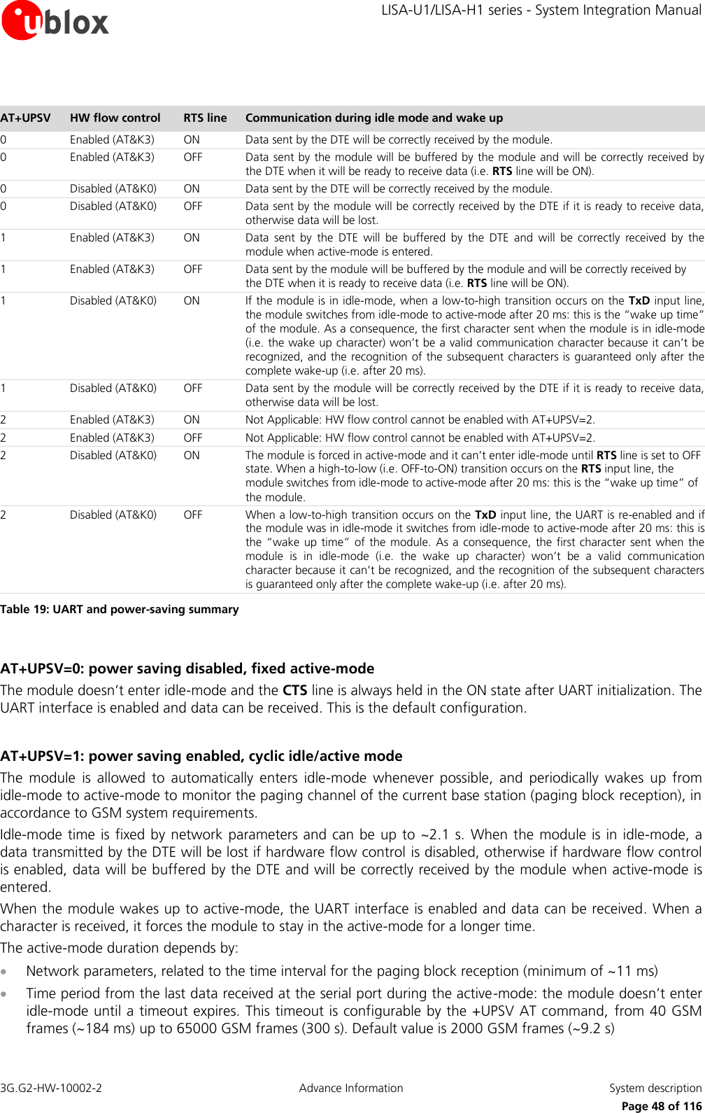     LISA-U1/LISA-H1 series - System Integration Manual 3G.G2-HW-10002-2  Advance Information  System description      Page 48 of 116  AT+UPSV HW flow control RTS line Communication during idle mode and wake up  0 Enabled (AT&amp;K3) ON Data sent by the DTE will be correctly received by the module. 0 Enabled (AT&amp;K3) OFF Data sent by the module will be buffered by the module and will be correctly received by the DTE when it will be ready to receive data (i.e. RTS line will be ON). 0 Disabled (AT&amp;K0) ON Data sent by the DTE will be correctly received by the module. 0 Disabled (AT&amp;K0) OFF Data sent by the module will be correctly received by the DTE if it is ready to receive data, otherwise data will be lost. 1 Enabled (AT&amp;K3) ON Data  sent  by  the  DTE  will  be  buffered  by  the  DTE  and  will  be  correctly  received  by  the module when active-mode is entered. 1 Enabled (AT&amp;K3) OFF Data sent by the module will be buffered by the module and will be correctly received by the DTE when it is ready to receive data (i.e. RTS line will be ON). 1 Disabled (AT&amp;K0) ON If the module is in idle-mode, when a low-to-high transition occurs on the TxD input line, the module switches from idle-mode to active-mode after 20 ms: this is the “wake up time” of the module. As a consequence, the first character sent when the module is in idle-mode (i.e. the wake up character) won’t be a valid communication character because it can’t be recognized, and the recognition of the subsequent characters is guaranteed only after the complete wake-up (i.e. after 20 ms). 1 Disabled (AT&amp;K0) OFF Data sent by the module will be correctly received by the DTE if it is ready to receive data, otherwise data will be lost. 2 Enabled (AT&amp;K3) ON Not Applicable: HW flow control cannot be enabled with AT+UPSV=2. 2 Enabled (AT&amp;K3) OFF Not Applicable: HW flow control cannot be enabled with AT+UPSV=2. 2 Disabled (AT&amp;K0) ON The module is forced in active-mode and it can’t enter idle-mode until RTS line is set to OFF state. When a high-to-low (i.e. OFF-to-ON) transition occurs on the RTS input line, the module switches from idle-mode to active-mode after 20 ms: this is the “wake up time” of the module. 2 Disabled (AT&amp;K0) OFF When a low-to-high transition occurs on the TxD input line, the UART is re-enabled and if the module was in idle-mode it switches from idle-mode to active-mode after 20 ms: this is the “wake  up time”  of the  module. As a  consequence, the first character  sent when  the module  is  in  idle-mode  (i.e.  the  wake  up  character)  won’t  be  a  valid  communication character because it can’t be recognized, and the recognition of the subsequent characters is guaranteed only after the complete wake-up (i.e. after 20 ms). Table 19: UART and power-saving summary  AT+UPSV=0: power saving disabled, fixed active-mode The module doesn’t enter idle-mode and the CTS line is always held in the ON state after UART initialization. The UART interface is enabled and data can be received. This is the default configuration.  AT+UPSV=1: power saving enabled, cyclic idle/active mode The  module  is  allowed  to  automatically  enters  idle-mode  whenever  possible,  and  periodically  wakes  up  from idle-mode to active-mode to monitor the paging channel of the current base station (paging block reception), in accordance to GSM system requirements. Idle-mode time is fixed by  network parameters and can be up to ~2.1 s. When the module is in idle-mode, a data transmitted by the DTE will be lost if hardware flow control is disabled, otherwise if hardware flow control is enabled, data will be buffered by the DTE and will be correctly received by the module when active-mode is entered. When the module wakes up to active-mode, the UART interface is enabled and data can be received. When a character is received, it forces the module to stay in the active-mode for a longer time. The active-mode duration depends by:  Network parameters, related to the time interval for the paging block reception (minimum of ~11 ms)  Time period from the last data received at the serial port during the active-mode: the module doesn’t enter idle-mode until a timeout expires. This timeout is configurable by the +UPSV AT command,  from 40 GSM frames (~184 ms) up to 65000 GSM frames (300 s). Default value is 2000 GSM frames (~9.2 s) 