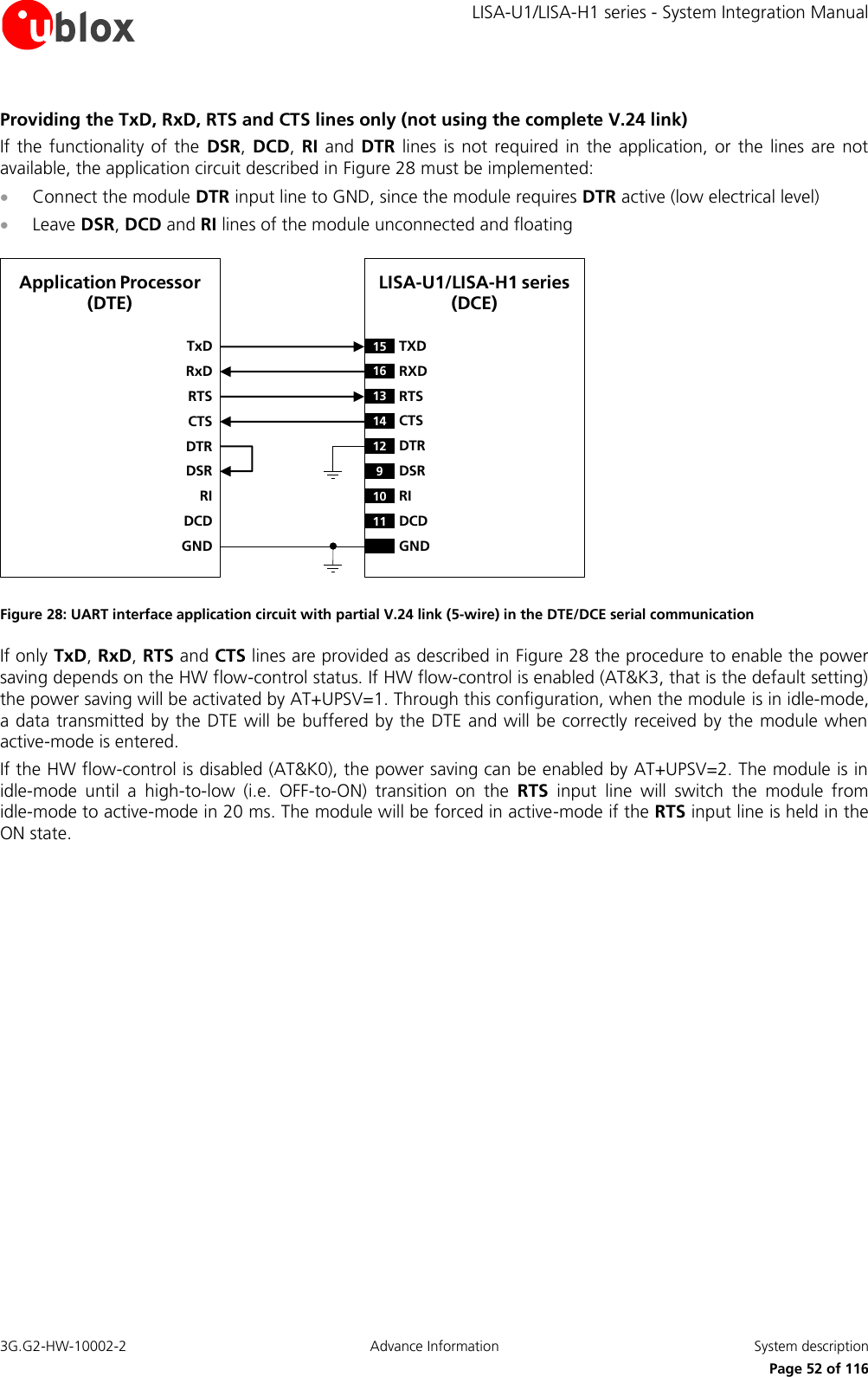     LISA-U1/LISA-H1 series - System Integration Manual 3G.G2-HW-10002-2  Advance Information  System description      Page 52 of 116 Providing the TxD, RxD, RTS and CTS lines only (not using the complete V.24 link) If the  functionality of  the  DSR, DCD,  RI and  DTR lines is not  required in the  application, or the  lines are  not available, the application circuit described in Figure 28 must be implemented:  Connect the module DTR input line to GND, since the module requires DTR active (low electrical level)  Leave DSR, DCD and RI lines of the module unconnected and floating LISA-U1/LISA-H1 series(DCE)TxDApplication Processor  (DTE)RxDRTSCTSDTRDSRRIDCDGND15 TXD12 DTR16 RXD13 RTS14 CTS9DSR10 RI11 DCDGND Figure 28: UART interface application circuit with partial V.24 link (5-wire) in the DTE/DCE serial communication If only TxD, RxD, RTS and CTS lines are provided as described in Figure 28 the procedure to enable the power saving depends on the HW flow-control status. If HW flow-control is enabled (AT&amp;K3, that is the default setting) the power saving will be activated by AT+UPSV=1. Through this configuration, when the module is in idle-mode, a data transmitted by the DTE will be buffered by the DTE and will be correctly received by the module when active-mode is entered. If the HW flow-control is disabled (AT&amp;K0), the power saving can be enabled by AT+UPSV=2. The module is in idle-mode  until  a  high-to-low  (i.e.  OFF-to-ON)  transition  on  the  RTS  input  line  will  switch  the  module  from idle-mode to active-mode in 20 ms. The module will be forced in active-mode if the RTS input line is held in the ON state.  