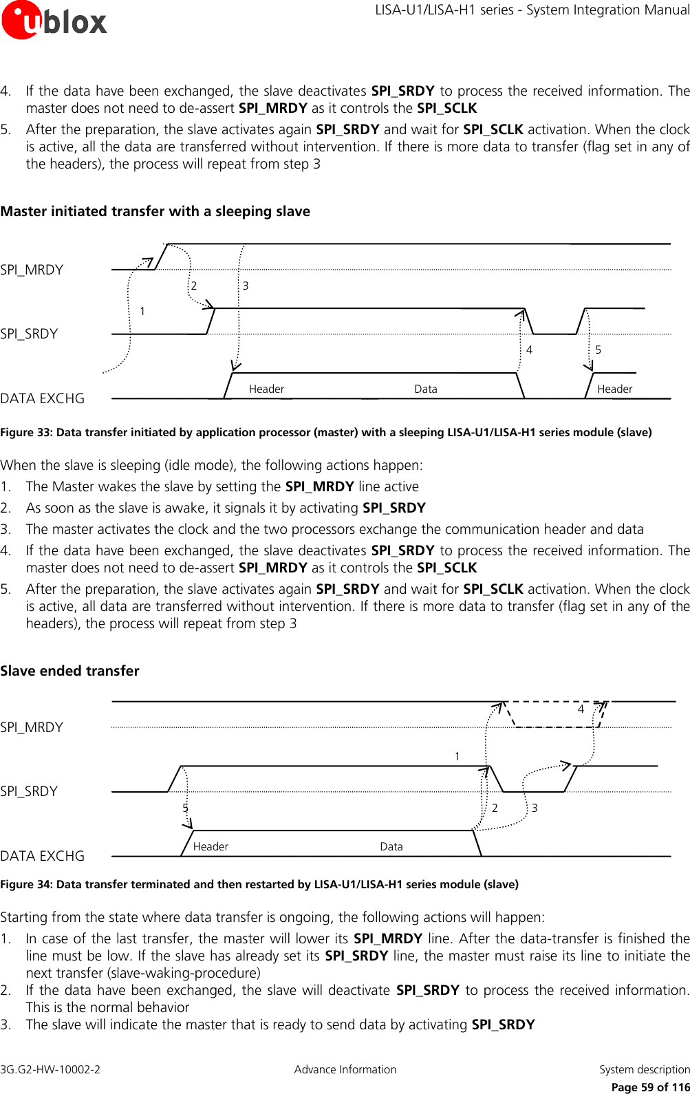     LISA-U1/LISA-H1 series - System Integration Manual 3G.G2-HW-10002-2  Advance Information  System description      Page 59 of 116 4. If the data have been exchanged, the slave deactivates SPI_SRDY to process the received information. The master does not need to de-assert SPI_MRDY as it controls the SPI_SCLK 5. After the preparation, the slave activates again SPI_SRDY and wait for SPI_SCLK activation. When the clock is active, all the data are transferred without intervention. If there is more data to transfer (flag set in any of the headers), the process will repeat from step 3  Master initiated transfer with a sleeping slave  Figure 33: Data transfer initiated by application processor (master) with a sleeping LISA-U1/LISA-H1 series module (slave) When the slave is sleeping (idle mode), the following actions happen: 1. The Master wakes the slave by setting the SPI_MRDY line active 2. As soon as the slave is awake, it signals it by activating SPI_SRDY 3. The master activates the clock and the two processors exchange the communication header and data 4. If the data have been exchanged, the slave deactivates SPI_SRDY to process the received information. The master does not need to de-assert SPI_MRDY as it controls the SPI_SCLK 5. After the preparation, the slave activates again SPI_SRDY and wait for SPI_SCLK activation. When the clock is active, all data are transferred without intervention. If there is more data to transfer (flag set in any of the headers), the process will repeat from step 3  Slave ended transfer  Figure 34: Data transfer terminated and then restarted by LISA-U1/LISA-H1 series module (slave) Starting from the state where data transfer is ongoing, the following actions will happen: 1. In case of the last transfer, the master will lower its SPI_MRDY line. After the data-transfer is finished the line must be low. If the slave has already set its SPI_SRDY line, the master must raise its line to initiate the next transfer (slave-waking-procedure) 2. If the data have been exchanged, the slave will deactivate  SPI_SRDY  to process the received information. This is the normal behavior 3. The slave will indicate the master that is ready to send data by activating SPI_SRDY SPI_MRDY SPI_SRDY DATA EXCHG 5 2 1 Header Data 3 4 SPI_MRDY SPI_SRDY DATA EXCHG 1 2 4 5 Header Data Header 3 