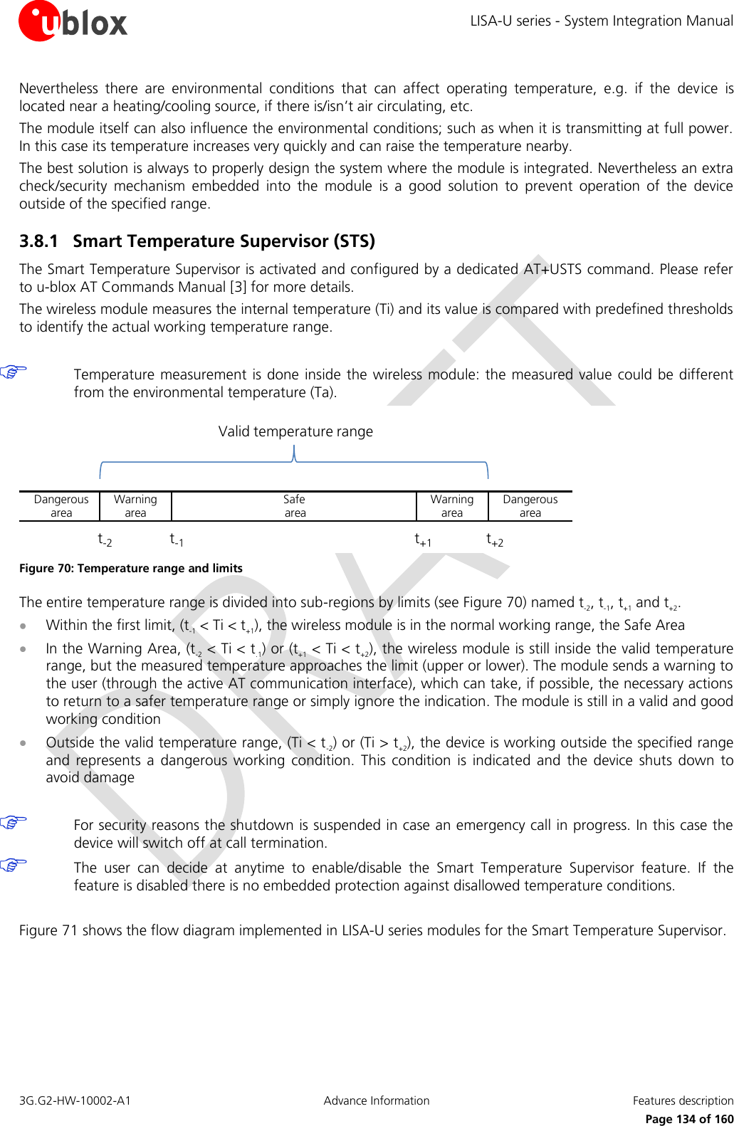 LISA-U series - System Integration Manual 3G.G2-HW-10002-A1  Advance Information  Features description      Page 134 of 160 Nevertheless  there  are  environmental  conditions  that  can  affect  operating  temperature,  e.g.  if  the  device  is located near a heating/cooling source, if there is/isn’t air circulating, etc. The module itself can also influence the environmental conditions; such as when it is transmitting at full power. In this case its temperature increases very quickly and can raise the temperature nearby. The best solution is always to properly design the system where the module is integrated. Nevertheless an extra check/security  mechanism  embedded  into  the  module  is  a  good  solution  to  prevent  operation  of  the  device outside of the specified range. 3.8.1 Smart Temperature Supervisor (STS) The Smart Temperature Supervisor is activated and configured by a dedicated AT+USTS command. Please refer to u-blox AT Commands Manual [3] for more details. The wireless module measures the internal temperature (Ti) and its value is compared with predefined thresholds to identify the actual working temperature range.   Temperature  measurement is done inside the  wireless module: the  measured value  could be different from the environmental temperature (Ta). Warningareat-1 t+1 t+2t-2Valid temperature rangeSafeareaDangerousarea Dangerousarea Warningarea Figure 70: Temperature range and limits The entire temperature range is divided into sub-regions by limits (see Figure 70) named t-2, t-1, t+1 and t+2.  Within the first limit, (t-1 &lt; Ti &lt; t+1), the wireless module is in the normal working range, the Safe Area  In the Warning Area, (t-2 &lt; Ti &lt; t.1) or (t+1 &lt; Ti &lt; t+2), the wireless module is still inside the valid temperature range, but the measured temperature approaches the limit (upper or lower). The module sends a warning to the user (through the active AT communication interface), which can take, if possible, the necessary actions to return to a safer temperature range or simply ignore the indication. The module is still in a valid and good working condition  Outside the valid temperature range, (Ti &lt; t-2) or (Ti &gt; t+2), the device is working outside the specified range and  represents  a  dangerous  working  condition.  This  condition  is  indicated  and  the  device  shuts  down  to avoid damage   For security reasons the shutdown is suspended in case an emergency call in progress. In this case the device will switch off at call termination.  The  user  can  decide  at  anytime  to  enable/disable  the  Smart  Temperature  Supervisor  feature.  If  the feature is disabled there is no embedded protection against disallowed temperature conditions.  Figure 71 shows the flow diagram implemented in LISA-U series modules for the Smart Temperature Supervisor.  