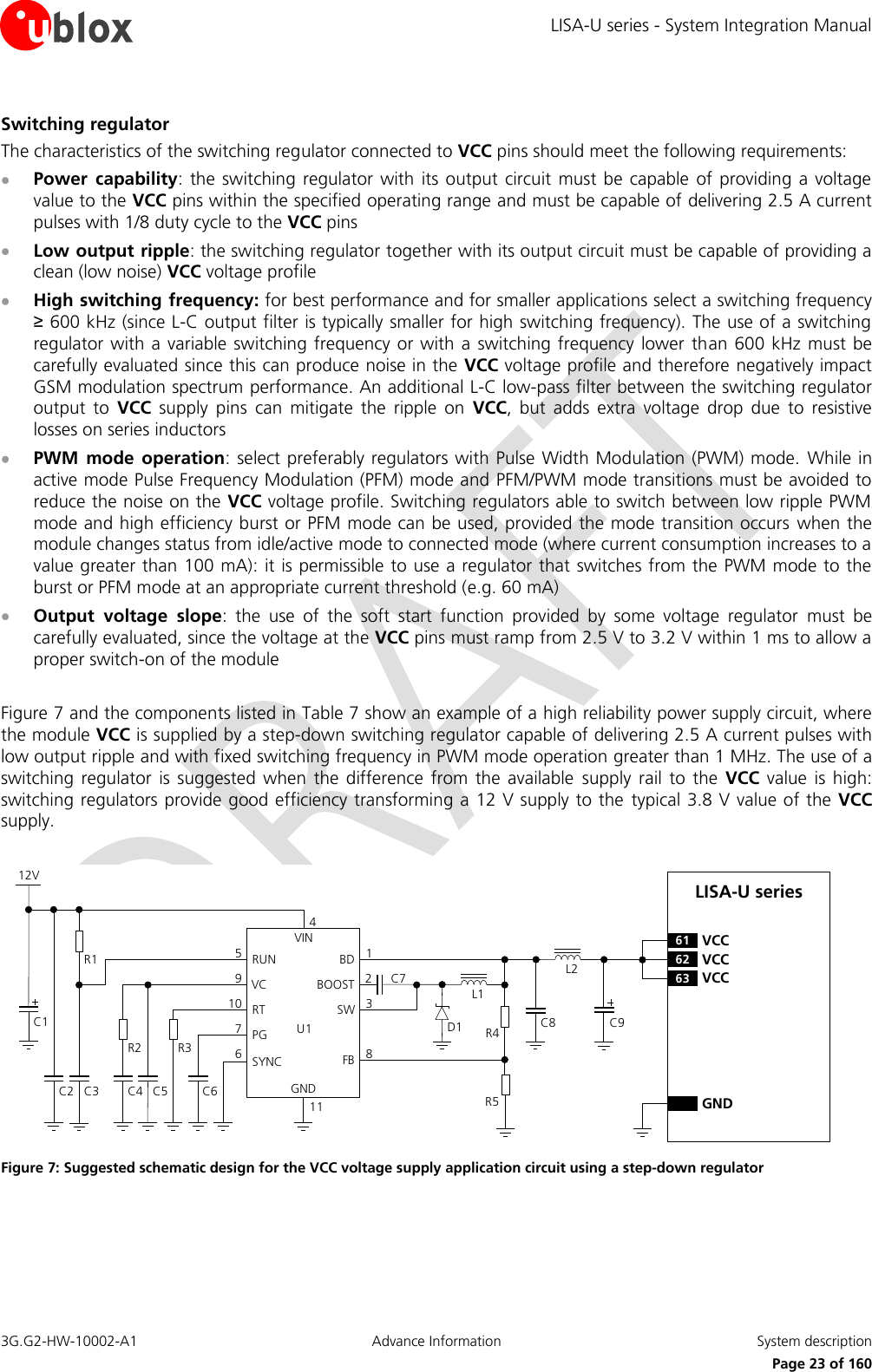 LISA-U series - System Integration Manual 3G.G2-HW-10002-A1  Advance Information  System description      Page 23 of 160 Switching regulator The characteristics of the switching regulator connected to VCC pins should meet the following requirements:  Power  capability:  the switching  regulator with  its output circuit must  be capable of  providing a  voltage value to the VCC pins within the specified operating range and must be capable of delivering 2.5 A current pulses with 1/8 duty cycle to the VCC pins  Low output ripple: the switching regulator together with its output circuit must be capable of providing a clean (low noise) VCC voltage profile  High switching frequency: for best performance and for smaller applications select a switching frequency ≥ 600 kHz (since L-C output filter is typically smaller for high switching frequency). The use of a switching regulator with a variable switching frequency  or  with a switching frequency  lower than 600  kHz must  be carefully evaluated since this can produce noise in the VCC voltage profile and therefore negatively impact GSM modulation spectrum performance. An additional L-C low-pass filter between the switching regulator output  to  VCC  supply  pins  can  mitigate  the  ripple  on  VCC,  but  adds  extra  voltage  drop  due  to  resistive losses on series inductors  PWM  mode  operation: select preferably regulators with Pulse Width Modulation (PWM) mode.  While in active mode Pulse Frequency Modulation (PFM) mode and PFM/PWM mode transitions must be avoided to reduce the noise on the VCC voltage profile. Switching regulators able to switch between low ripple PWM mode and high efficiency burst or PFM mode can be used, provided the mode transition occurs  when the module changes status from idle/active mode to connected mode (where current consumption increases to a value greater than 100 mA): it is permissible to use a regulator that switches from the PWM mode to the burst or PFM mode at an appropriate current threshold (e.g. 60 mA)  Output  voltage  slope:  the  use  of  the  soft  start  function  provided  by  some  voltage  regulator  must  be carefully evaluated, since the voltage at the VCC pins must ramp from 2.5 V to 3.2 V within 1 ms to allow a proper switch-on of the module   Figure 7 and the components listed in Table 7 show an example of a high reliability power supply circuit, where the module VCC is supplied by a step-down switching regulator capable of delivering 2.5 A current pulses with low output ripple and with fixed switching frequency in PWM mode operation greater than 1 MHz. The use of a switching  regulator  is suggested  when the  difference  from  the  available  supply  rail  to the  VCC  value  is high: switching regulators provide good efficiency transforming a 12 V supply to the  typical 3.8 V value of the VCC supply.  LISA-U series12VC6R3C5R2C3C2C1R1VINRUNVCRTPGSYNCBDBOOSTSWFBGND671095C71238114C8 C9L2D1 R4R5L1C4U162 VCC63 VCC61 VCCGND Figure 7: Suggested schematic design for the VCC voltage supply application circuit using a step-down regulator 