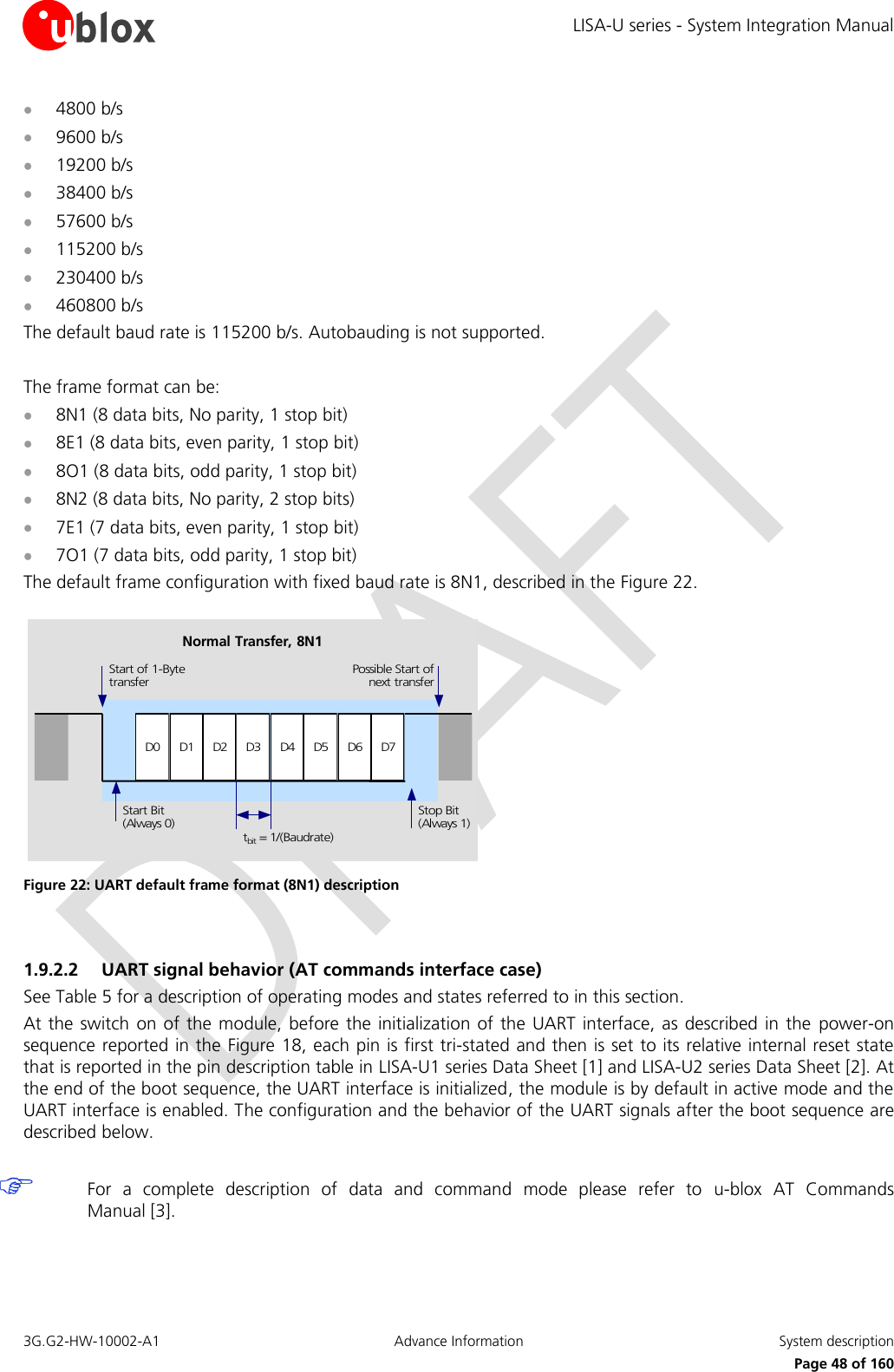 LISA-U series - System Integration Manual 3G.G2-HW-10002-A1  Advance Information  System description      Page 48 of 160  4800 b/s  9600 b/s  19200 b/s  38400 b/s  57600 b/s  115200 b/s  230400 b/s  460800 b/s The default baud rate is 115200 b/s. Autobauding is not supported.  The frame format can be:  8N1 (8 data bits, No parity, 1 stop bit)  8E1 (8 data bits, even parity, 1 stop bit)  8O1 (8 data bits, odd parity, 1 stop bit)  8N2 (8 data bits, No parity, 2 stop bits)  7E1 (7 data bits, even parity, 1 stop bit)  7O1 (7 data bits, odd parity, 1 stop bit) The default frame configuration with fixed baud rate is 8N1, described in the Figure 22. D0 D1 D2 D3 D4 D5 D6 D7Start of 1-BytetransferStart Bit(Always 0)Possible Start ofnext transferStop Bit(Always 1)tbit = 1/(Baudrate)Normal Transfer, 8N1 Figure 22: UART default frame format (8N1) description  1.9.2.2 UART signal behavior (AT commands interface case) See Table 5 for a description of operating modes and states referred to in this section. At the switch on of the  module, before the initialization of the  UART interface, as described in the  power-on sequence reported in the Figure 18, each pin is first tri-stated and then is set to its relative internal reset state that is reported in the pin description table in LISA-U1 series Data Sheet [1] and LISA-U2 series Data Sheet [2]. At the end of the boot sequence, the UART interface is initialized, the module is by default in active mode and the UART interface is enabled. The configuration and the behavior of the UART signals after the boot sequence are described below.   For  a  complete  description  of  data  and  command  mode  please  refer  to  u-blox  AT  Commands Manual [3].  