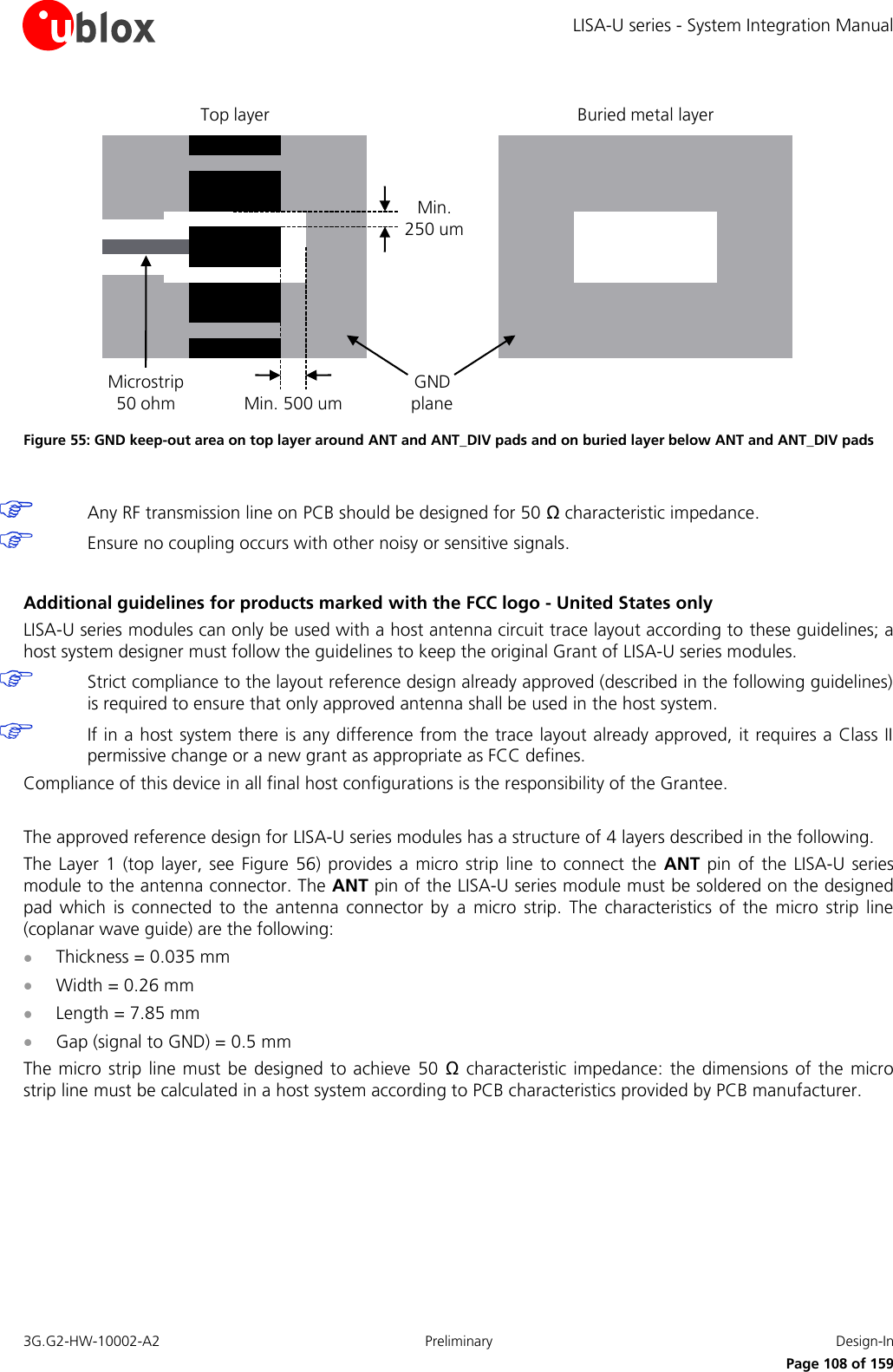 LISA-U series - System Integration Manual 3G.G2-HW-10002-A2  Preliminary  Design-In      Page 108 of 159 Min. 500 umMin. 250 umTop layer Buried metal layerGND planeMicrostrip50 ohm Figure 55: GND keep-out area on top layer around ANT and ANT_DIV pads and on buried layer below ANT and ANT_DIV pads   Any RF transmission line on PCB should be designed for 50 Ω characteristic impedance.  Ensure no coupling occurs with other noisy or sensitive signals.  Additional guidelines for products marked with the FCC logo - United States only LISA-U series modules can only be used with a host antenna circuit trace layout according to these guidelines; a host system designer must follow the guidelines to keep the original Grant of LISA-U series modules.  Strict compliance to the layout reference design already approved (described in the following guidelines) is required to ensure that only approved antenna shall be used in the host system.  If in a host system there is any difference from the trace layout already approved, it requires a Class II permissive change or a new grant as appropriate as FCC defines. Compliance of this device in all final host configurations is the responsibility of the Grantee.  The approved reference design for LISA-U series modules has a structure of 4 layers described in the following. The  Layer 1  (top layer,  see Figure  56) provides  a micro  strip line  to connect  the  ANT pin  of the  LISA-U series module to the antenna connector. The ANT pin of the LISA-U series module must be soldered on the designed pad  which  is connected  to  the  antenna  connector  by  a  micro  strip.  The  characteristics  of the  micro  strip  line (coplanar wave guide) are the following:  Thickness = 0.035 mm  Width = 0.26 mm  Length = 7.85 mm  Gap (signal to GND) = 0.5 mm The micro strip line must  be designed to achieve  50  Ω characteristic impedance: the  dimensions  of  the micro strip line must be calculated in a host system according to PCB characteristics provided by PCB manufacturer. 