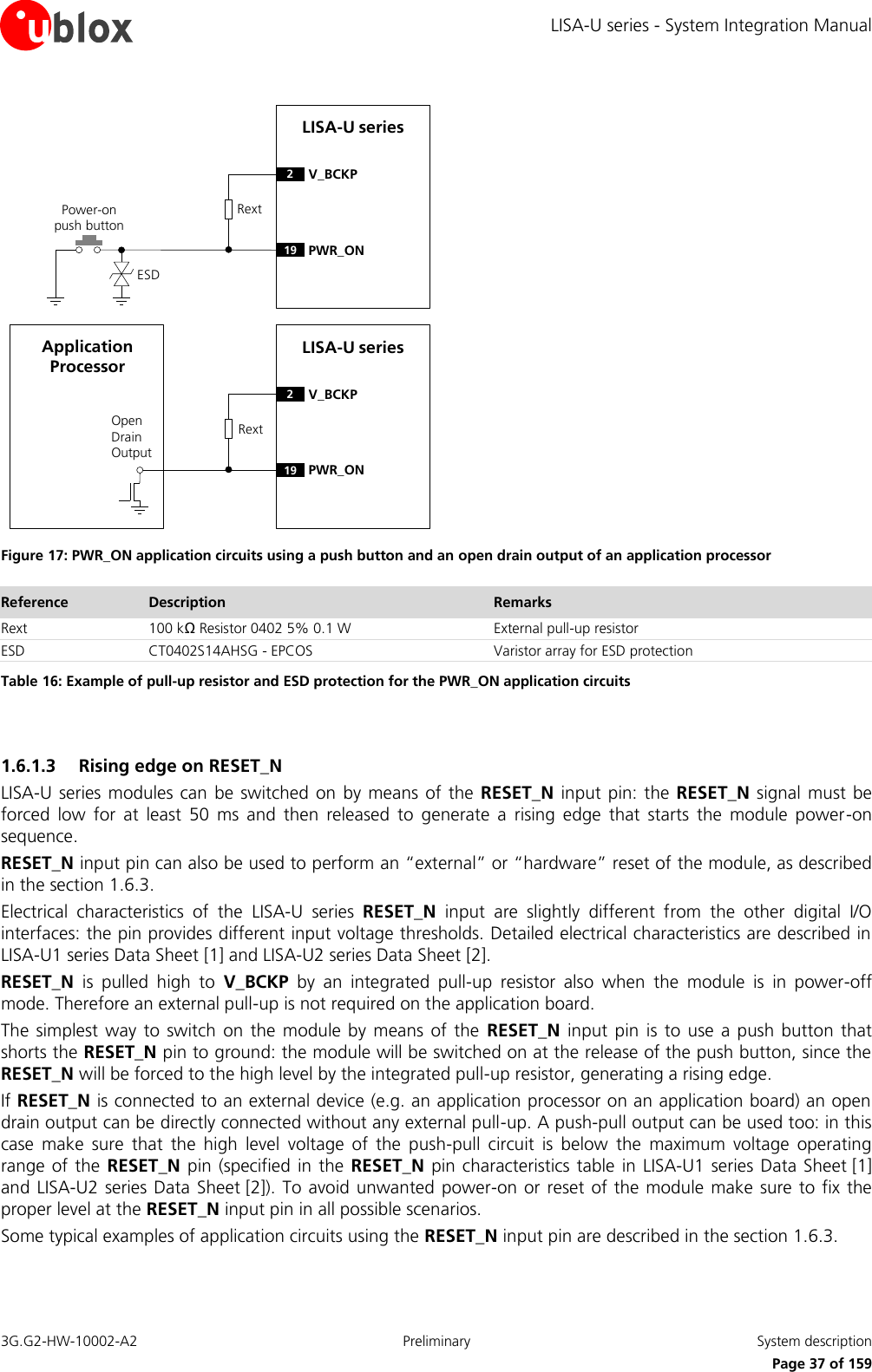 LISA-U series - System Integration Manual 3G.G2-HW-10002-A2  Preliminary  System description      Page 37 of 159 LISA-U seriesRext2V_BCKP19 PWR_ONPower-on push buttonESDOpen Drain OutputApplication ProcessorLISA-U seriesRext2V_BCKP19 PWR_ON Figure 17: PWR_ON application circuits using a push button and an open drain output of an application processor Reference Description Remarks Rext 100 kΩ Resistor 0402 5% 0.1 W External pull-up resistor ESD CT0402S14AHSG - EPCOS Varistor array for ESD protection Table 16: Example of pull-up resistor and ESD protection for the PWR_ON application circuits  1.6.1.3 Rising edge on RESET_N LISA-U series modules can  be switched on  by means of  the RESET_N  input pin: the RESET_N signal  must be forced  low  for  at  least  50  ms  and  then  released  to  generate  a  rising  edge  that  starts  the  module  power-on sequence. RESET_N input pin can also be used to perform an “external” or “hardware” reset of the module, as described in the section 1.6.3. Electrical  characteristics  of  the  LISA-U  series  RESET_N  input  are  slightly  different  from  the  other  digital  I/O interfaces: the pin provides different input voltage thresholds. Detailed electrical characteristics are described in LISA-U1 series Data Sheet [1] and LISA-U2 series Data Sheet [2]. RESET_N  is  pulled  high  to  V_BCKP  by  an  integrated  pull-up  resistor  also  when  the  module  is  in  power-off mode. Therefore an external pull-up is not required on the application board. The  simplest  way to  switch on  the module  by means  of the  RESET_N  input pin  is to  use a  push button that shorts the RESET_N pin to ground: the module will be switched on at the release of the push button, since the RESET_N will be forced to the high level by the integrated pull-up resistor, generating a rising edge. If RESET_N is connected to an external device (e.g. an application processor on an application board) an open drain output can be directly connected without any external pull-up. A push-pull output can be used too: in this case  make  sure  that  the  high  level  voltage  of  the  push-pull  circuit  is  below  the  maximum  voltage  operating range of the  RESET_N pin (specified in the  RESET_N pin characteristics table  in LISA-U1 series  Data Sheet [1] and LISA-U2 series  Data Sheet [2]). To avoid unwanted power-on or reset of the module make  sure to fix the proper level at the RESET_N input pin in all possible scenarios. Some typical examples of application circuits using the RESET_N input pin are described in the section 1.6.3.  