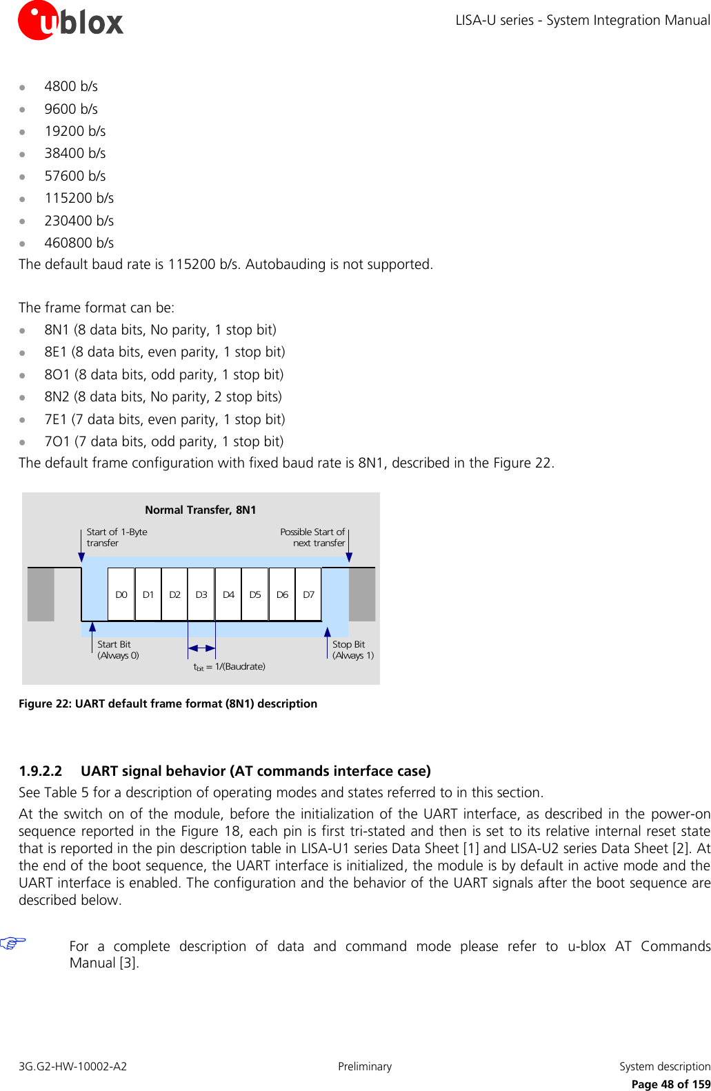 LISA-U series - System Integration Manual 3G.G2-HW-10002-A2  Preliminary  System description      Page 48 of 159  4800 b/s  9600 b/s  19200 b/s  38400 b/s  57600 b/s  115200 b/s  230400 b/s  460800 b/s The default baud rate is 115200 b/s. Autobauding is not supported.  The frame format can be:  8N1 (8 data bits, No parity, 1 stop bit)  8E1 (8 data bits, even parity, 1 stop bit)  8O1 (8 data bits, odd parity, 1 stop bit)  8N2 (8 data bits, No parity, 2 stop bits)  7E1 (7 data bits, even parity, 1 stop bit)  7O1 (7 data bits, odd parity, 1 stop bit) The default frame configuration with fixed baud rate is 8N1, described in the Figure 22. D0 D1 D2 D3 D4 D5 D6 D7Start of 1-BytetransferStart Bit(Always 0)Possible Start ofnext transferStop Bit(Always 1)tbit = 1/(Baudrate)Normal Transfer, 8N1 Figure 22: UART default frame format (8N1) description  1.9.2.2 UART signal behavior (AT commands interface case) See Table 5 for a description of operating modes and states referred to in this section. At the switch on of the  module, before the initialization of the  UART interface, as described in the  power-on sequence reported in the Figure 18, each pin is first tri-stated and then is set to its relative internal reset state that is reported in the pin description table in LISA-U1 series Data Sheet [1] and LISA-U2 series Data Sheet [2]. At the end of the boot sequence, the UART interface is initialized, the module is by default in active mode and the UART interface is enabled. The configuration and the behavior of the UART signals after the boot sequence are described below.   For  a  complete  description  of  data  and  command  mode  please  refer  to  u-blox  AT  Commands Manual [3].  
