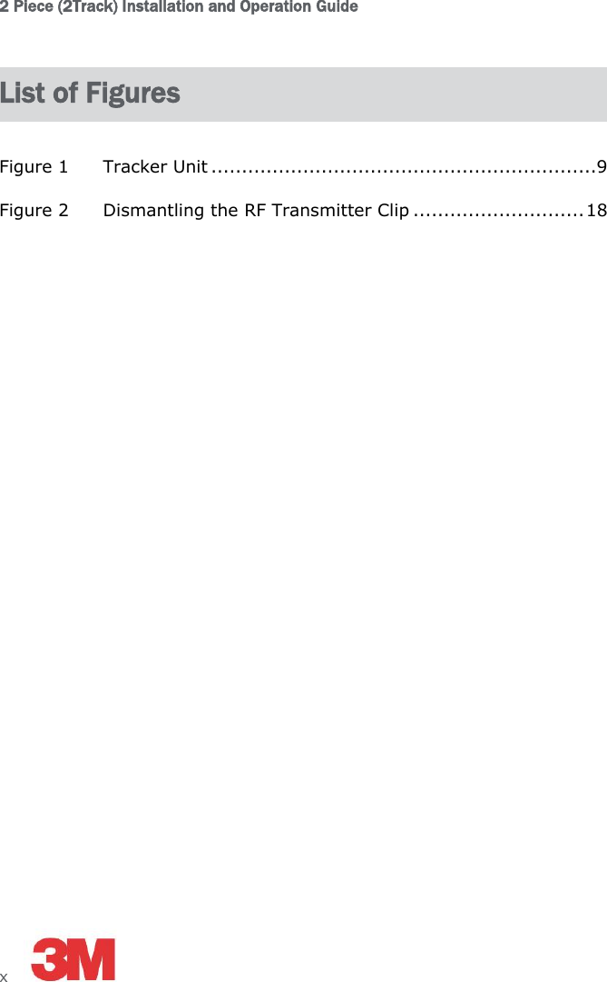 2 Piece (2Track) Installation and Operation Guide x     List of Figures Figure 1 Tracker Unit ...............................................................9 Figure 2 Dismantling the RF Transmitter Clip ............................ 18 