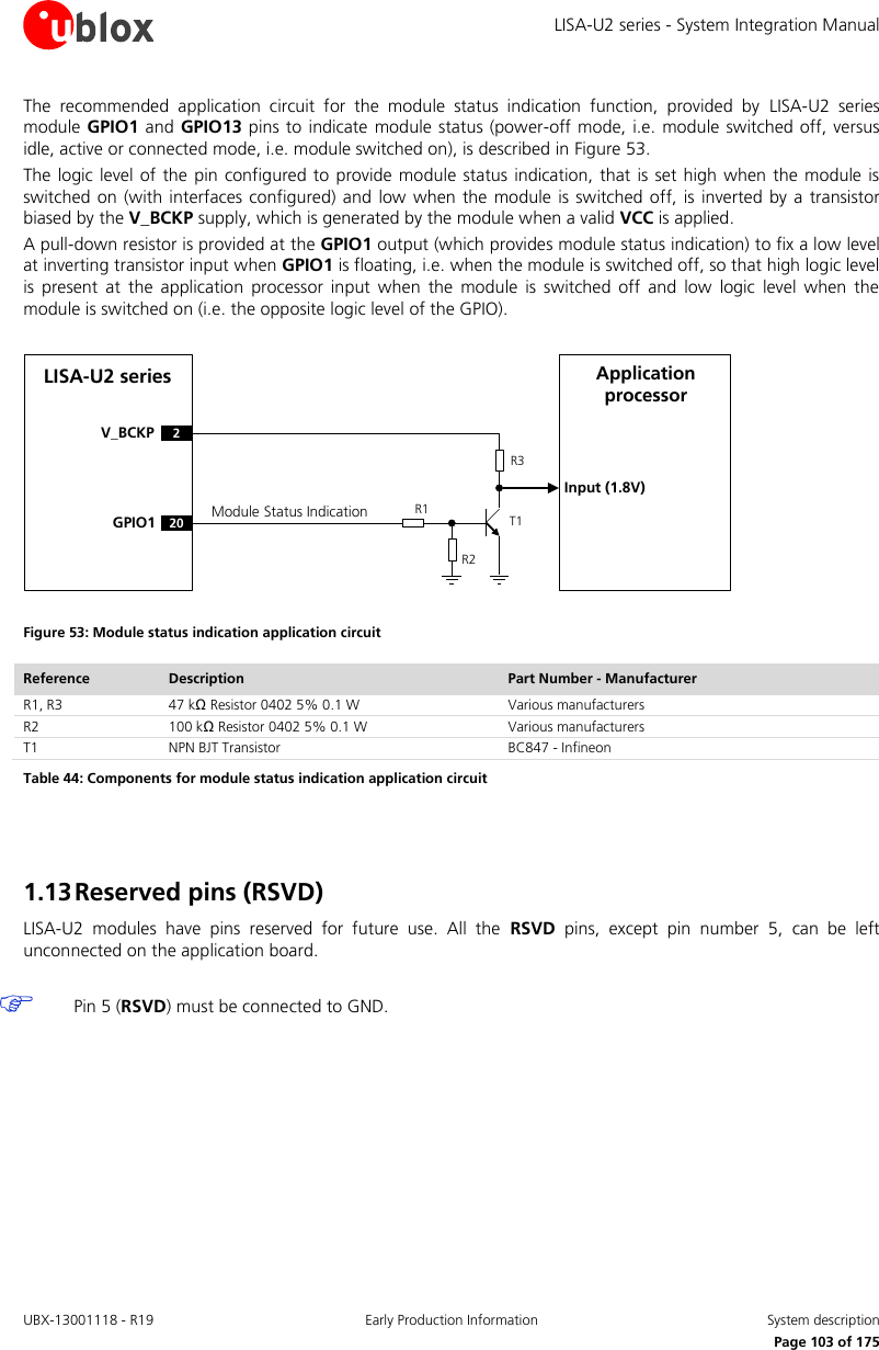 LISA-U2 series - System Integration Manual UBX-13001118 - R19  Early Production Information  System description      Page 103 of 175 The  recommended  application  circuit  for  the  module  status  indication  function,  provided  by  LISA-U2  series module GPIO1 and GPIO13 pins to indicate module status (power-off mode,  i.e. module switched off, versus idle, active or connected mode, i.e. module switched on), is described in Figure 53. The logic level of  the pin configured to  provide module  status indication, that  is set high when  the module is switched on (with interfaces configured)  and  low  when the module is switched off, is inverted by a  transistor biased by the V_BCKP supply, which is generated by the module when a valid VCC is applied. A pull-down resistor is provided at the GPIO1 output (which provides module status indication) to fix a low level at inverting transistor input when GPIO1 is floating, i.e. when the module is switched off, so that high logic level is  present  at  the  application  processor  input  when  the  module  is  switched  off  and  low  logic  level  when  the module is switched on (i.e. the opposite logic level of the GPIO).  Input (1.8V)V_BCKP 2LISA-U2 series Application processorR1R3Module Status IndicationR220GPIO1 T1 Figure 53: Module status indication application circuit Reference Description Part Number - Manufacturer R1, R3 47 kΩ Resistor 0402 5% 0.1 W Various manufacturers R2 100 kΩ Resistor 0402 5% 0.1 W Various manufacturers T1 NPN BJT Transistor  BC847 - Infineon Table 44: Components for module status indication application circuit   1.13 Reserved pins (RSVD) LISA-U2  modules  have  pins  reserved  for  future  use.  All  the  RSVD  pins,  except  pin  number  5,  can  be  left unconnected on the application board.   Pin 5 (RSVD) must be connected to GND.   