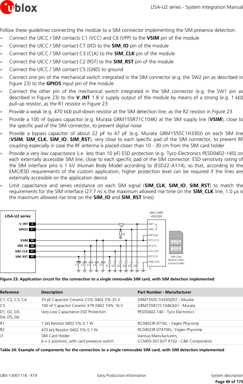 LISA-U2 series - System Integration Manual UBX-13001118 - R19  Early Production Information  System description      Page 49 of 175 Follow these guidelines connecting the module to a SIM connector implementing the SIM presence detection:  Connect the UICC / SIM contacts C1 (VCC) and C6 (VPP) to the VSIM pin of the module  Connect the UICC / SIM contact C7 (I/O) to the SIM_IO pin of the module  Connect the UICC / SIM contact C3 (CLK) to the SIM_CLK pin of the module  Connect the UICC / SIM contact C2 (RST) to the SIM_RST pin of the module  Connect the UICC / SIM contact C5 (GND) to ground  Connect one pin of the mechanical switch integrated in the SIM connector (e.g. the SW2 pin as described in Figure 23) to the GPIO5 input pin of the module  Connect  the  other  pin  of  the  mechanical  switch  integrated  in  the  SIM  connector  (e.g.  the  SW1  pin  as described in Figure 23) to the V_INT 1.8 V supply output of the module by means of a strong (e.g. 1 k) pull-up resistor, as the R1 resistor in Figure 23  Provide a weak (e.g. 470 k) pull-down resistor at the SIM detection line, as the R2 resistor in Figure 23  Provide a 100 nF bypass capacitor (e.g. Murata GRM155R71C104K) at the SIM supply line (VSIM), close to the specific pad of the SIM connector, to prevent digital noise  Provide  a  bypass  capacitor  of  about  22  pF  to  47  pF  (e.g.  Murata  GRM1555C1H330J)  on  each  SIM  line (VSIM, SIM_CLK, SIM_IO, SIM_RST), very close to each specific pad of the SIM  connector, to prevent RF coupling especially in case the RF antenna is placed closer than 10 - 30 cm from the SIM card holder  Provide a very low capacitance (i.e. less than 10 pF) ESD protection (e.g. Tyco Electronics PESD0402-140) on each externally accessible SIM line, close to each specific pad of the SIM connector: ESD sensitivity rating of the  SIM interface pins is 1  kV  (Human Body Model according  to  JESD22-A114),  so  that,  according  to  the EMC/ESD  requirements of  the custom  application, higher  protection level  can be  required  if  the lines  are externally accessible on the application device  Limit  capacitance  and  series  resistance  on  each  SIM  signal  (SIM_CLK,  SIM_IO,  SIM_RST)  to  match  the requirements for the SIM interface (27.7 ns is the maximum allowed rise time on the SIM_CLK line, 1.0 µs is the maximum allowed rise time on the SIM_IO and SIM_RST lines)  LISA-U2 series50VSIM48SIM_IO47SIM_CLK49SIM_RST4V_INT51GPIO5SIM CARD HOLDERC5C6C7C1C2C3SIM Card Bottom View (contacts side)C1VPP (C6)VCC (C1)IO (C7)CLK (C3)RST (C2)GND (C5)C2 C3 C5J1C4SW1SW2D1 D2 D3 D4 D5 D6R2R1C8C4 Figure 23: Application circuit for the connection to a single removable SIM card, with SIM detection implemented Reference Description Part Number - Manufacturer C1, C2, C3, C4 33 pF Capacitor Ceramic COG 0402 5% 25 V GRM1555C1H330JZ01 - Murata C5 100 nF Capacitor Ceramic X7R 0402 10% 16 V GRM155R71C104KA01 - Murata D1, D2, D3,  D4, D5, D6 Very Low Capacitance ESD Protection PESD0402-140 - Tyco Electronics  R1 1 k Resistor 0402 5% 0.1 W RC0402JR-071KL - Yageo Phycomp R2 470 k Resistor 0402 5% 0.1 W RC0402JR-07470KL- Yageo Phycomp J1 SIM Card Holder 6 + 2 positions, with card presence switch Various Manufacturers, CCM03-3013LFT R102 - C&amp;K Components Table 24: Example of components for the connection to a single removable SIM card, with SIM detection implemented  