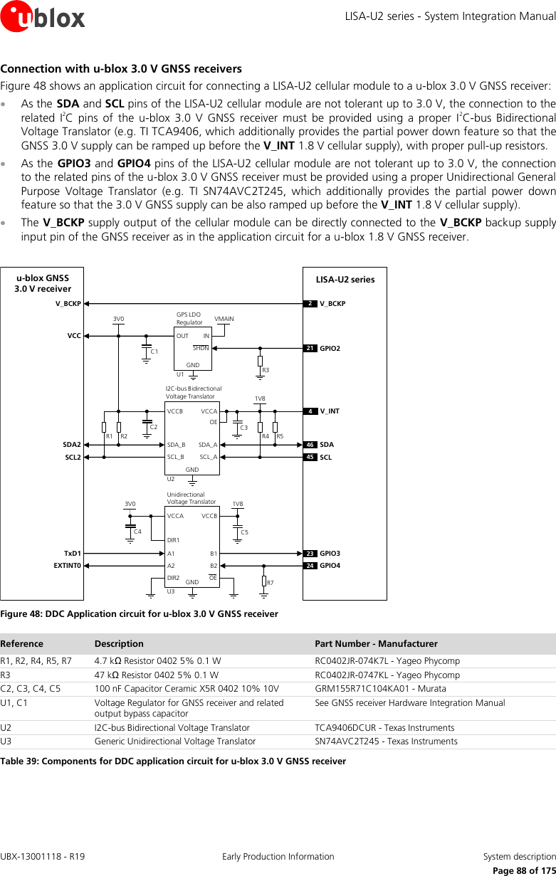LISA-U2 series - System Integration Manual UBX-13001118 - R19  Early Production Information  System description      Page 88 of 175 Connection with u-blox 3.0 V GNSS receivers Figure 48 shows an application circuit for connecting a LISA-U2 cellular module to a u-blox 3.0 V GNSS receiver:  As the SDA and SCL pins of the LISA-U2 cellular module are not tolerant up to 3.0 V, the connection to the related  I2C  pins  of  the  u-blox 3.0  V  GNSS  receiver  must  be  provided  using  a proper  I2C-bus  Bidirectional Voltage Translator (e.g. TI TCA9406, which additionally provides the partial power down feature so that the GNSS 3.0 V supply can be ramped up before the V_INT 1.8 V cellular supply), with proper pull-up resistors.  As the GPIO3 and GPIO4 pins of the LISA-U2 cellular module are not tolerant up to 3.0 V, the connection to the related pins of the u-blox 3.0 V GNSS receiver must be provided using a proper Unidirectional General Purpose  Voltage  Translator  (e.g.  TI  SN74AVC2T245,  which  additionally  provides  the  partial  power  down feature so that the 3.0 V GNSS supply can be also ramped up before the V_INT 1.8 V cellular supply).  The V_BCKP supply output of the cellular module can be directly connected to the V_BCKP backup supply input pin of the GNSS receiver as in the application circuit for a u-blox 1.8 V GNSS receiver.  LISA-U2 seriesu-blox GNSS 3.0 V receiver23 GPIO324 GPIO41V8B1 A1GNDU3B2A2VCCBVCCAUnidirectionalVoltage TranslatorC4 C53V0TxD1EXTINT0R1INOUTGNDGPS LDORegulatorSHDNR2VMAIN3V0U121 GPIO246 SDA45 SCLR4 R51V8SDA_A SDA_BGNDU2SCL_ASCL_BVCCAVCCBI2C-bus Bidirectional Voltage Translator4V_INTC1C2 C3R3SDA2SCL2VCCDIR1DIR22V_BCKPV_BCKPOE R7OE Figure 48: DDC Application circuit for u-blox 3.0 V GNSS receiver Reference Description Part Number - Manufacturer R1, R2, R4, R5, R7 4.7 kΩ Resistor 0402 5% 0.1 W  RC0402JR-074K7L - Yageo Phycomp R3 47 kΩ Resistor 0402 5% 0.1 W  RC0402JR-0747KL - Yageo Phycomp C2, C3, C4, C5 100 nF Capacitor Ceramic X5R 0402 10% 10V GRM155R71C104KA01 - Murata U1, C1 Voltage Regulator for GNSS receiver and related output bypass capacitor See GNSS receiver Hardware Integration Manual U2 I2C-bus Bidirectional Voltage Translator TCA9406DCUR - Texas Instruments U3 Generic Unidirectional Voltage Translator SN74AVC2T245 - Texas Instruments Table 39: Components for DDC application circuit for u-blox 3.0 V GNSS receiver  