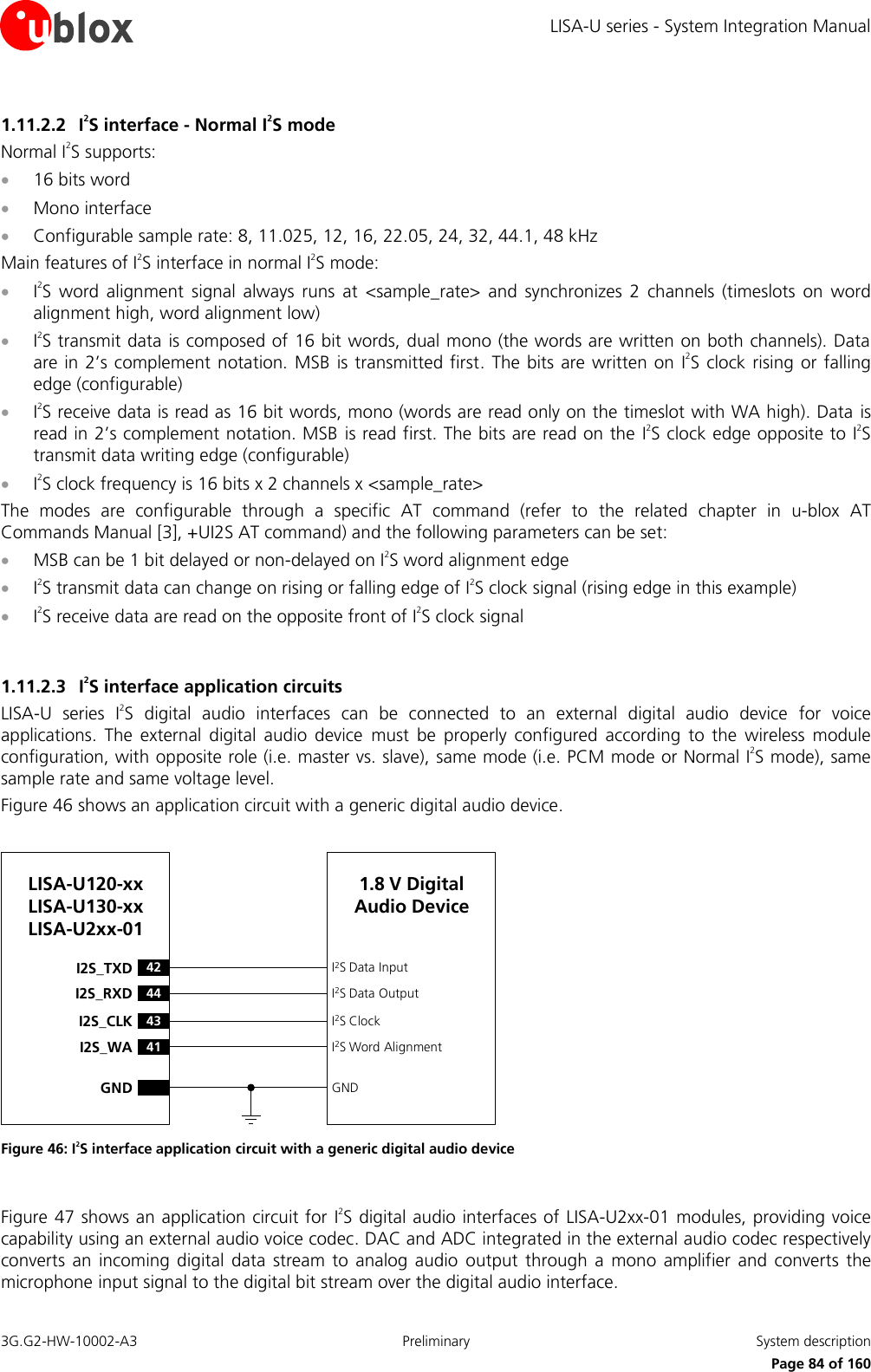 LISA-U series - System Integration Manual 3G.G2-HW-10002-A3  Preliminary  System description      Page 84 of 160 1.11.2.2 I2S interface - Normal I2S mode Normal I2S supports:  16 bits word  Mono interface  Configurable sample rate: 8, 11.025, 12, 16, 22.05, 24, 32, 44.1, 48 kHz Main features of I2S interface in normal I2S mode:  I2S  word  alignment  signal  always  runs  at  &lt;sample_rate&gt;  and  synchronizes  2  channels  (timeslots  on  word alignment high, word alignment low)  I2S transmit data  is composed of 16 bit words, dual mono (the words are written on both channels). Data are in 2’s complement notation. MSB  is transmitted  first. The bits are written on  I2S clock rising  or falling edge (configurable)  I2S receive data is read as 16 bit words, mono (words are read only on the timeslot with WA high). Data  is read in 2’s complement notation. MSB is read first. The bits are read on the  I2S clock edge opposite to I2S transmit data writing edge (configurable)  I2S clock frequency is 16 bits x 2 channels x &lt;sample_rate&gt; The  modes  are  configurable  through  a  specific  AT  command  (refer  to  the  related  chapter  in  u-blox  AT Commands Manual [3], +UI2S AT command) and the following parameters can be set:  MSB can be 1 bit delayed or non-delayed on I2S word alignment edge  I2S transmit data can change on rising or falling edge of I2S clock signal (rising edge in this example)  I2S receive data are read on the opposite front of I2S clock signal  1.11.2.3 I2S interface application circuits LISA-U  series  I2S  digital  audio  interfaces  can  be  connected  to  an  external  digital  audio  device  for  voice applications.  The  external  digital  audio  device  must  be  properly  configured  according  to  the  wireless  module configuration, with opposite role (i.e. master vs. slave), same mode (i.e. PCM mode or Normal I2S mode), same sample rate and same voltage level. Figure 46 shows an application circuit with a generic digital audio device.  43I2S_CLK41I2S_WAI2S ClockI2S Word AlignmentLISA-U120-xxLISA-U130-xxLISA-U2xx-0142I2S_TXD44I2S_RXDI2S Data InputI2S Data OutputGND GND1.8 V Digital Audio Device Figure 46: I2S interface application circuit with a generic digital audio device  Figure 47 shows an application circuit for  I2S digital audio interfaces of LISA-U2xx-01 modules, providing voice capability using an external audio voice codec. DAC and ADC integrated in the external audio codec respectively converts  an  incoming digital  data stream to  analog  audio  output  through  a mono  amplifier  and converts  the microphone input signal to the digital bit stream over the digital audio interface. 