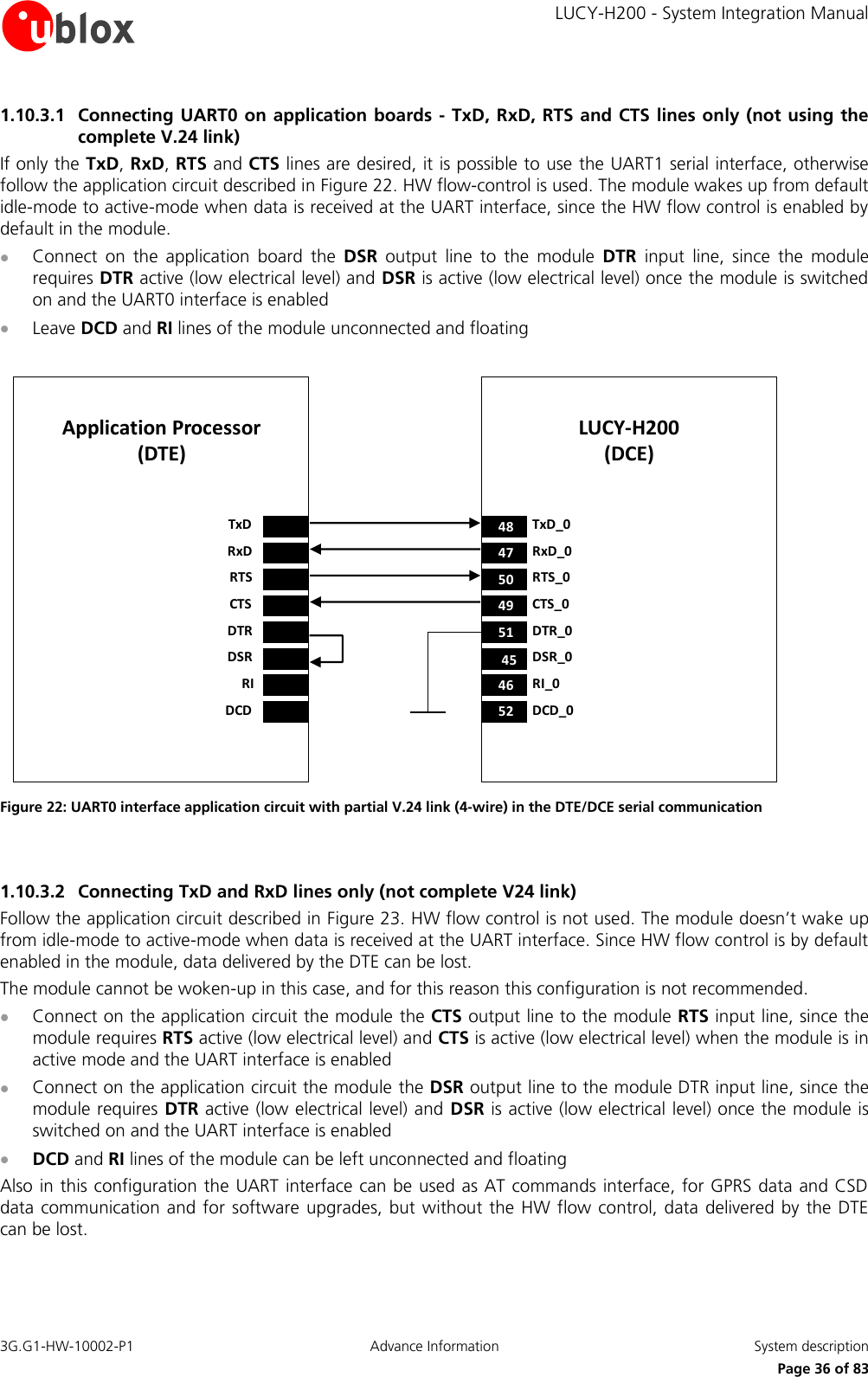     LUCY-H200 - System Integration Manual 3G.G1-HW-10002-P1  Advance Information  System description      Page 36 of 83 1.10.3.1 Connecting UART0 on application boards - TxD, RxD, RTS and CTS lines only (not using the complete V.24 link) If only the TxD, RxD, RTS and CTS lines are desired, it is possible to use the UART1 serial interface, otherwise follow the application circuit described in Figure 22. HW flow-control is used. The module wakes up from default idle-mode to active-mode when data is received at the UART interface, since the HW flow control is enabled by default in the module.  Connect  on  the  application  board  the  DSR  output  line  to  the  module  DTR  input  line,  since  the  module requires DTR active (low electrical level) and DSR is active (low electrical level) once the module is switched on and the UART0 interface is enabled  Leave DCD and RI lines of the module unconnected and floating  LUCY-H200(DCE)Application Processor(DTE)4847TxD_0RxD_05049RTS_0CTS_052464551 DTR_0DSR_0RI_0DCD_0TxDRxDRTSCTSDTRDSRRIDCD Figure 22: UART0 interface application circuit with partial V.24 link (4-wire) in the DTE/DCE serial communication  1.10.3.2 Connecting TxD and RxD lines only (not complete V24 link)  Follow the application circuit described in Figure 23. HW flow control is not used. The module doesn’t wake up from idle-mode to active-mode when data is received at the UART interface. Since HW flow control is by default enabled in the module, data delivered by the DTE can be lost. The module cannot be woken-up in this case, and for this reason this configuration is not recommended.  Connect on the application circuit the module the CTS output line to the module RTS input line, since the module requires RTS active (low electrical level) and CTS is active (low electrical level) when the module is in active mode and the UART interface is enabled  Connect on the application circuit the module the DSR output line to the module DTR input line, since the module requires DTR active (low electrical level) and DSR is active (low electrical level) once the module is switched on and the UART interface is enabled  DCD and RI lines of the module can be left unconnected and floating Also in this configuration the UART interface can be used as AT commands interface, for GPRS data and CSD data communication and for software upgrades, but without the HW flow  control, data delivered by the DTE can be lost. 