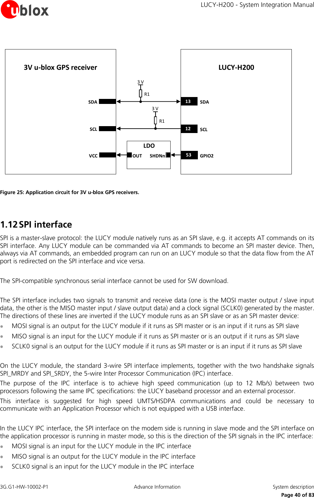     LUCY-H200 - System Integration Manual 3G.G1-HW-10002-P1  Advance Information  System description      Page 40 of 83 LUCY-H2003V u-blox GPS receiverSDASCL1312SDASCLR1R13 VVCC 53 GPIO2OUT SHDNnLDO3 V1253 Figure 25: Application circuit for 3V u-blox GPS receivers.  1.12 SPI interface SPI is a master-slave protocol: the LUCY module natively runs as an SPI slave, e.g. it accepts AT commands on its SPI interface. Any LUCY module can be commanded via AT commands to become an SPI master device. Then, always via AT commands, an embedded program can run on an LUCY module so that the data flow from the AT port is redirected on the SPI interface and vice versa.  The SPI-compatible synchronous serial interface cannot be used for SW download.  The SPI interface includes two signals to transmit and receive data (one is the MOSI master output / slave input data, the other is the MISO master input / slave output data) and a clock signal (SCLK0) generated by the master. The directions of these lines are inverted if the LUCY module runs as an SPI slave or as an SPI master device:  MOSI signal is an output for the LUCY module if it runs as SPI master or is an input if it runs as SPI slave  MISO signal is an input for the LUCY module if it runs as SPI master or is an output if it runs as SPI slave  SCLK0 signal is an output for the LUCY module if it runs as SPI master or is an input if it runs as SPI slave  On the LUCY module, the standard 3-wire SPI interface implements, together with the two handshake signals SPI_MRDY and SPI_SRDY, the 5-wire Inter Processor Communication (IPC) interface. The  purpose  of  the  IPC  interface  is  to  achieve  high  speed  communication  (up  to  12  Mb/s)  between  two processors following the same IPC specifications: the LUCY baseband processor and an external processor. This  interface  is  suggested  for  high  speed  UMTS/HSDPA  communications  and  could  be  necessary  to communicate with an Application Processor which is not equipped with a USB interface.  In the LUCY IPC interface, the SPI interface on the modem side is running in slave mode and the SPI interface on the application processor is running in master mode, so this is the direction of the SPI signals in the IPC interface:  MOSI signal is an input for the LUCY module in the IPC interface  MISO signal is an output for the LUCY module in the IPC interface  SCLK0 signal is an input for the LUCY module in the IPC interface 