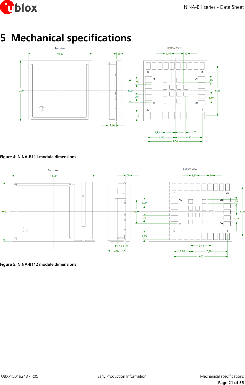 NINA-B1 series - Data Sheet  UBX-15019243 - R05 Early Production Information  Mechanical specifications     Page 21 of 35 5 Mechanical specifications   Figure 4: NINA-B111 module dimensions   Figure 5: NINA-B112 module dimensions  