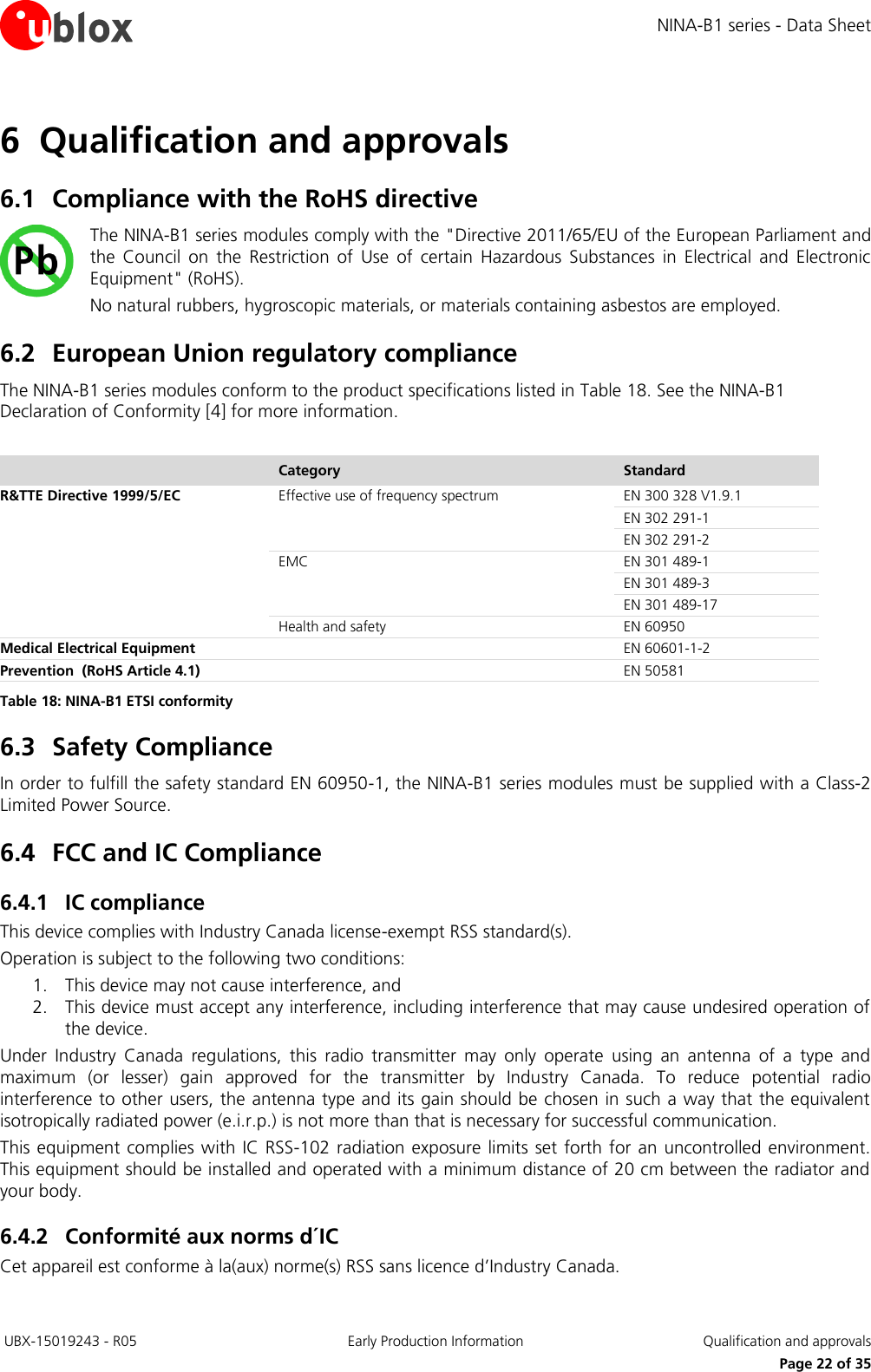 NINA-B1 series - Data Sheet  UBX-15019243 - R05 Early Production Information  Qualification and approvals     Page 22 of 35 6 Qualification and approvals 6.1 Compliance with the RoHS directive The NINA-B1 series modules comply with the &quot;Directive 2011/65/EU of the European Parliament and the  Council  on  the  Restriction  of  Use  of  certain  Hazardous  Substances  in  Electrical  and  Electronic Equipment&quot; (RoHS). No natural rubbers, hygroscopic materials, or materials containing asbestos are employed. 6.2 European Union regulatory compliance The NINA-B1 series modules conform to the product specifications listed in Table 18. See the NINA-B1 Declaration of Conformity [4] for more information.   Category Standard R&amp;TTE Directive 1999/5/EC Effective use of frequency spectrum EN 300 328 V1.9.1 EN 302 291-1 EN 302 291-2 EMC EN 301 489-1 EN 301 489-3 EN 301 489-17 Health and safety EN 60950 Medical Electrical Equipment  EN 60601-1-2 Prevention  (RoHS Article 4.1)  EN 50581 Table 18: NINA-B1 ETSI conformity 6.3 Safety Compliance In order to fulfill the safety standard EN 60950-1, the NINA-B1 series modules must be supplied with a Class-2 Limited Power Source. 6.4 FCC and IC Compliance 6.4.1 IC compliance This device complies with Industry Canada license-exempt RSS standard(s). Operation is subject to the following two conditions: 1. This device may not cause interference, and 2. This device must accept any interference, including interference that may cause undesired operation of the device. Under  Industry  Canada  regulations,  this  radio  transmitter  may  only  operate  using  an  antenna  of  a  type  and maximum  (or  lesser)  gain  approved  for  the  transmitter  by  Industry  Canada.  To  reduce  potential  radio interference to other users, the antenna type and its gain should be chosen in such a way that the equivalent isotropically radiated power (e.i.r.p.) is not more than that is necessary for successful communication. This equipment complies  with IC RSS-102 radiation exposure limits  set forth  for an uncontrolled environment. This equipment should be installed and operated with a minimum distance of 20 cm between the radiator and your body. 6.4.2 Conformité aux norms d´IC Cet appareil est conforme à la(aux) norme(s) RSS sans licence d’Industry Canada. 