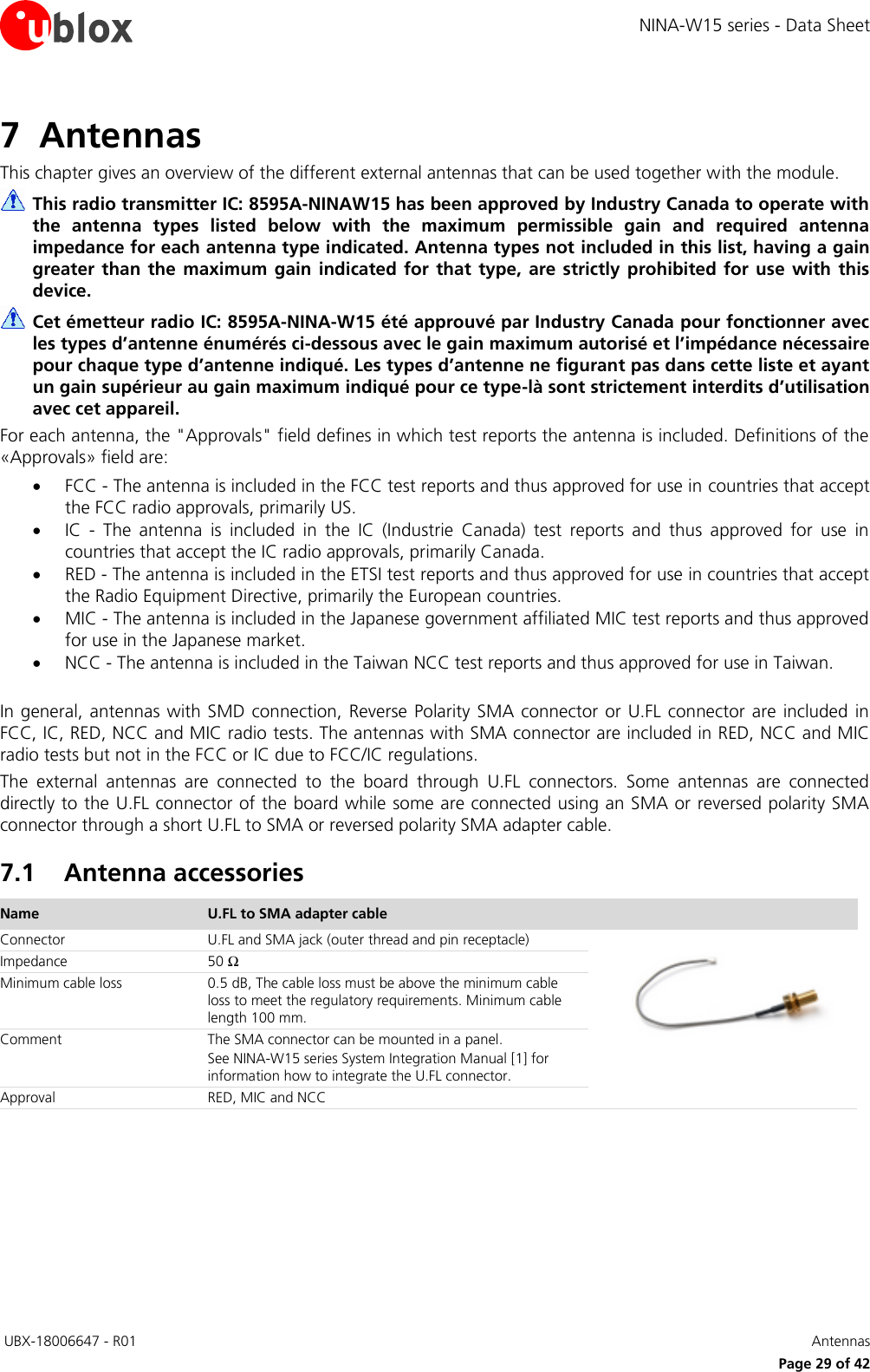 NINA-W15 series - Data Sheet  UBX-18006647 - R01   Antennas     Page 29 of 42 7 Antennas This chapter gives an overview of the different external antennas that can be used together with the module.  This radio transmitter IC: 8595A-NINAW15 has been approved by Industry Canada to operate with the  antenna  types  listed  below  with  the  maximum  permissible  gain  and  required  antenna impedance for each antenna type indicated. Antenna types not included in this list, having a gain greater  than  the  maximum  gain  indicated  for  that type,  are strictly  prohibited  for  use  with  this device.  Cet émetteur radio IC: 8595A-NINA-W15 été approuvé par Industry Canada pour fonctionner avec les types d’antenne énumérés ci-dessous avec le gain maximum autorisé et l’impédance nécessaire pour chaque type d’antenne indiqué. Les types d’antenne ne figurant pas dans cette liste et ayant un gain supérieur au gain maximum indiqué pour ce type-là sont strictement interdits d’utilisation avec cet appareil. For each antenna, the &quot;Approvals&quot; field defines in which test reports the antenna is included. Definitions of the «Approvals» field are:  FCC - The antenna is included in the FCC test reports and thus approved for use in countries that accept the FCC radio approvals, primarily US.  IC  -  The  antenna  is  included  in  the  IC  (Industrie  Canada)  test  reports  and  thus  approved  for  use  in countries that accept the IC radio approvals, primarily Canada.  RED - The antenna is included in the ETSI test reports and thus approved for use in countries that accept the Radio Equipment Directive, primarily the European countries.  MIC - The antenna is included in the Japanese government affiliated MIC test reports and thus approved for use in the Japanese market.  NCC - The antenna is included in the Taiwan NCC test reports and thus approved for use in Taiwan.  In general, antennas with SMD  connection,  Reverse Polarity  SMA connector  or U.FL connector  are  included in FCC, IC, RED, NCC and MIC radio tests. The antennas with SMA connector are included in RED, NCC and MIC radio tests but not in the FCC or IC due to FCC/IC regulations.  The  external  antennas  are  connected  to  the  board  through  U.FL  connectors.  Some  antennas  are  connected directly to the U.FL connector of the board while some are connected using an SMA or reversed polarity SMA connector through a short U.FL to SMA or reversed polarity SMA adapter cable. 7.1 Antenna accessories Name U.FL to SMA adapter cable  Connector U.FL and SMA jack (outer thread and pin receptacle)  Impedance 50 Ω Minimum cable loss 0.5 dB, The cable loss must be above the minimum cable loss to meet the regulatory requirements. Minimum cable length 100 mm. Comment The SMA connector can be mounted in a panel. See NINA-W15 series System Integration Manual [1] for  information how to integrate the U.FL connector. Approval RED, MIC and NCC  