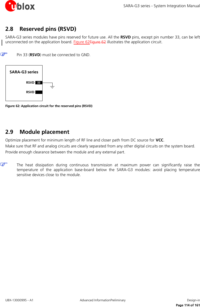 SARA-G3 series - System Integration Manual UBX-13000995 - A1  Advanced InformationPreliminary  Design-in     Page 114 of 161 2.8 Reserved pins (RSVD) SARA-G3 series modules have pins reserved for future use. All the RSVD pins, except pin number 33, can be left unconnected on the application board. Figure 62Figure 62 illustrates the application circuit.   Pin 33 (RSVD) must be connected to GND.  SARA-G3 series33RSVDRSVD Figure 62: Application circuit for the reserved pins (RSVD)   2.9 Module placement Optimize placement for minimum length of RF line and closer path from DC source for VCC. Make sure that RF and analog circuits are clearly separated from any other digital circuits on the system board. Provide enough clearance between the module and any external part.   The  heat  dissipation  during  continuous  transmission  at  maximum  power  can  significantly  raise  the temperature  of  the  application  base-board  below  the  SARA-G3  modules:  avoid  placing  temperature sensitive devices close to the module.  