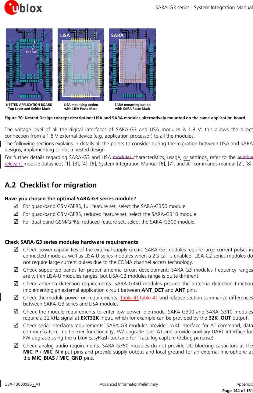 SARA-G3 series - System Integration Manual UBX-13000995 - A1  Advanced InformationPreliminary  Appendix      Page 144 of 161 LISANESTED APPLICATION BOARDTop Layer and Solder MaskLISA mounting optionwith LISA Paste MaskSARASARA mounting optionwith SARA Paste MaskANT pad Figure 70: Nested Design concept description: LISA and SARA modules alternatively mounted on the same application board The  voltage  level  of  all  the  digital  interfaces  of  SARA-G3  and  LISA  modules  is  1.8  V:  this  allows  the  direct connection from a 1.8 V external device (e.g. application processor) to all the modules. The following sections explains in details all the points to consider during the migration between LISA and SARA designs, implementing or not a nested design For further details regarding SARA-G3 and LISA modules characteristics, usage, or settings, refer to the relative relevant module datasheet [1], [3], [4], [5], System Integration Manual [6], [7], and AT commands manual [2], [8].  A.2 Checklist for migration Have you chosen the optimal SARA-G3 series module?  For quad-band GSM/GPRS, full feature set, select the SARA-G350 module.  For quad-band GSM/GPRS, reduced feature set, select the SARA-G310 module.  For dual-band GSM/GPRS, reduced feature set, select the SARA-G300 module.  Check SARA-G3 series modules hardware requirements  Check power capabilities of the external supply circuit: SARA-G3 modules require large current pulses in connected-mode as well as LISA-U series modules when a 2G call is enabled. LISA-C2 series modules do not require large current pulses due to the CDMA channel access technology.  Check  supported  bands for  proper antenna  circuit development: SARA-G3  modules frequency ranges are within LISA-U modules ranges, but LISA-C2 modules range is quite different.  Check  antenna  detection  requirements: SARA-G350  modules  provide  the  antenna  detection  function implementing an external application circuit between ANT_DET and ANT pins.  Check the module power-on requirements: Table 41Table 41 and relative section summarize differences between SARA-G3 series and LISA modules.  Check the module requirements to enter low power idle-mode: SARA-G300 and SARA-G310 modules require a 32 kHz signal at EXT32K input, which for example can be provided by the 32K_OUT output.  Check serial interfaces requirements: SARA-G3 modules provide UART interface for AT command, data communication, multiplexer functionality, FW upgrade over AT and provide auxiliary UART interface for FW upgrade using the u-blox EasyFlash tool and for Trace log capture (debug purpose).  Check analog audio requirements: SARA-G350 modules do  not provide DC  blocking capacitors at the MIC_P / MIC_N input pins and provide supply output and local ground for an external microphone at the MIC_BIAS / MIC_GND pins. 