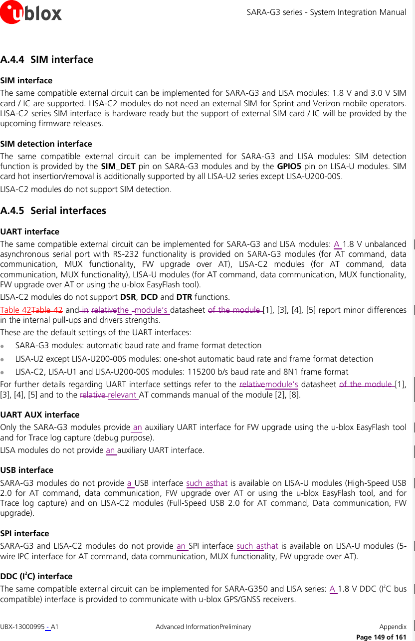 SARA-G3 series - System Integration Manual UBX-13000995 - A1  Advanced InformationPreliminary  Appendix      Page 149 of 161 A.4.4 SIM interface SIM interface The same compatible external circuit can be implemented for SARA-G3 and LISA modules: 1.8 V and 3.0 V SIM card / IC are supported. LISA-C2 modules do not need an external SIM for Sprint and Verizon mobile operators. LISA-C2 series SIM interface is hardware ready but the support of external SIM card / IC will be provided by the upcoming firmware releases. SIM detection interface The  same  compatible  external  circuit  can  be  implemented  for  SARA-G3  and  LISA  modules:  SIM  detection function is provided by the SIM_DET pin on SARA-G3 modules and by the GPIO5 pin on LISA-U modules. SIM card hot insertion/removal is additionally supported by all LISA-U2 series except LISA-U200-00S. LISA-C2 modules do not support SIM detection. A.4.5 Serial interfaces UART interface The same compatible external circuit can be implemented for SARA-G3 and LISA modules: A 1.8 V unbalanced asynchronous  serial  port  with  RS-232  functionality  is  provided  on  SARA-G3  modules  (for  AT  command,  data communication,  MUX  functionality,  FW  upgrade  over  AT),  LISA-C2  modules  (for  AT  command,  data communication, MUX functionality), LISA-U modules (for AT command, data communication, MUX functionality, FW upgrade over AT or using the u-blox EasyFlash tool). LISA-C2 modules do not support DSR, DCD and DTR functions. Table 42Table 42 and in relativethe  module’s datasheet of the module [1], [3], [4], [5] report minor differences in the internal pull-ups and drivers strengths. These are the default settings of the UART interfaces:  SARA-G3 modules: automatic baud rate and frame format detection  LISA-U2 except LISA-U200-00S modules: one-shot automatic baud rate and frame format detection  LISA-C2, LISA-U1 and LISA-U200-00S modules: 115200 b/s baud rate and 8N1 frame format For further details regarding UART interface settings refer to the relativemodule’s  datasheet of the module [1], [3], [4], [5] and to the relative relevant AT commands manual of the module [2], [8]. UART AUX interface Only the SARA-G3 modules provide an auxiliary UART interface for FW upgrade using the u-blox EasyFlash tool and for Trace log capture (debug purpose). LISA modules do not provide an auxiliary UART interface. USB interface SARA-G3 modules do not provide a USB interface such asthat is available on LISA-U modules (High-Speed USB 2.0  for  AT  command,  data  communication,  FW  upgrade over  AT  or  using  the  u-blox  EasyFlash  tool,  and  for Trace  log  capture)  and  on  LISA-C2  modules  (Full-Speed  USB 2.0  for  AT  command,  Data  communication,  FW upgrade). SPI interface SARA-G3 and LISA-C2 modules do  not provide an SPI interface  such asthat is available  on LISA-U modules (5-wire IPC interface for AT command, data communication, MUX functionality, FW upgrade over AT). DDC (I2C) interface The same compatible external circuit can be implemented for SARA-G350 and LISA series: A 1.8 V DDC (I2C bus compatible) interface is provided to communicate with u-blox GPS/GNSS receivers. 