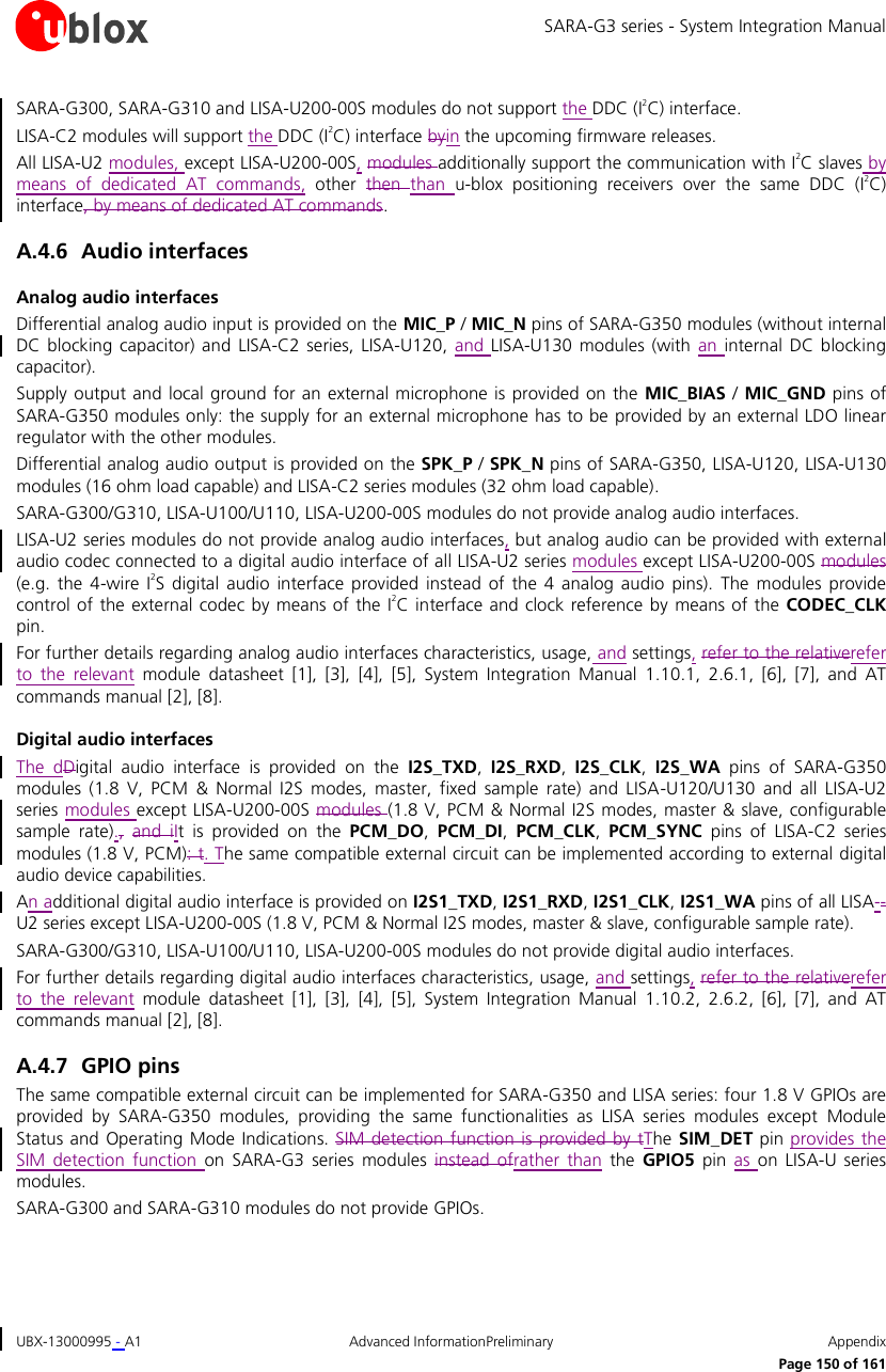 SARA-G3 series - System Integration Manual UBX-13000995 - A1  Advanced InformationPreliminary  Appendix      Page 150 of 161 SARA-G300, SARA-G310 and LISA-U200-00S modules do not support the DDC (I2C) interface. LISA-C2 modules will support the DDC (I2C) interface byin the upcoming firmware releases. All LISA-U2 modules, except LISA-U200-00S, modules additionally support the communication with I2C slaves by means  of  dedicated  AT  commands,  other  then  than  u-blox  positioning  receivers  over  the  same  DDC  (I2C) interface, by means of dedicated AT commands. A.4.6 Audio interfaces Analog audio interfaces Differential analog audio input is provided on the MIC_P / MIC_N pins of SARA-G350 modules (without internal DC  blocking capacitor)  and  LISA-C2 series,  LISA-U120,  and  LISA-U130 modules (with an  internal DC  blocking capacitor). Supply output and  local ground  for an external microphone is provided on  the  MIC_BIAS / MIC_GND  pins of SARA-G350 modules only: the supply for an external microphone has to be provided by an external LDO linear regulator with the other modules. Differential analog audio output is provided on the SPK_P / SPK_N pins of SARA-G350, LISA-U120, LISA-U130 modules (16 ohm load capable) and LISA-C2 series modules (32 ohm load capable). SARA-G300/G310, LISA-U100/U110, LISA-U200-00S modules do not provide analog audio interfaces. LISA-U2 series modules do not provide analog audio interfaces, but analog audio can be provided with external audio codec connected to a digital audio interface of all LISA-U2 series modules except LISA-U200-00S modules (e.g.  the 4-wire  I2S  digital audio  interface provided instead  of  the  4  analog audio  pins).  The modules provide control of the external codec by  means  of  the  I2C interface and  clock  reference  by  means of the  CODEC_CLK pin. For further details regarding analog audio interfaces characteristics, usage, and settings, refer to the relativerefer to  the  relevant  module  datasheet  [1],  [3],  [4],  [5],  System  Integration  Manual  1.10.1,  2.6.1,  [6],  [7],  and  AT commands manual [2], [8]. Digital audio interfaces The  dDigital  audio  interface  is  provided  on  the  I2S_TXD,  I2S_RXD,  I2S_CLK,  I2S_WA  pins  of  SARA-G350 modules  (1.8  V,  PCM  &amp;  Normal  I2S  modes,  master,  fixed  sample  rate)  and  LISA-U120/U130  and  all  LISA-U2 series modules except LISA-U200-00S modules (1.8 V, PCM &amp; Normal I2S modes, master &amp; slave, configurable sample  rate)., and  iIt  is  provided  on  the  PCM_DO,  PCM_DI,  PCM_CLK,  PCM_SYNC  pins  of  LISA-C2  series modules (1.8 V, PCM): t. The same compatible external circuit can be implemented according to external digital audio device capabilities. An additional digital audio interface is provided on I2S1_TXD, I2S1_RXD, I2S1_CLK, I2S1_WA pins of all LISA--U2 series except LISA-U200-00S (1.8 V, PCM &amp; Normal I2S modes, master &amp; slave, configurable sample rate). SARA-G300/G310, LISA-U100/U110, LISA-U200-00S modules do not provide digital audio interfaces. For further details regarding digital audio interfaces characteristics, usage, and settings, refer to the relativerefer to  the  relevant  module  datasheet  [1],  [3],  [4],  [5],  System  Integration  Manual  1.10.2,  2.6.2,  [6],  [7],  and  AT commands manual [2], [8]. A.4.7 GPIO pins The same compatible external circuit can be implemented for SARA-G350 and LISA series: four 1.8 V GPIOs are provided  by  SARA-G350  modules,  providing  the  same  functionalities  as  LISA  series  modules  except  Module Status and Operating  Mode Indications. SIM detection  function is provided  by  tThe SIM_DET pin provides  the SIM  detection  function  on  SARA-G3  series  modules  instead  ofrather  than  the  GPIO5  pin  as  on  LISA-U series modules. SARA-G300 and SARA-G310 modules do not provide GPIOs. 