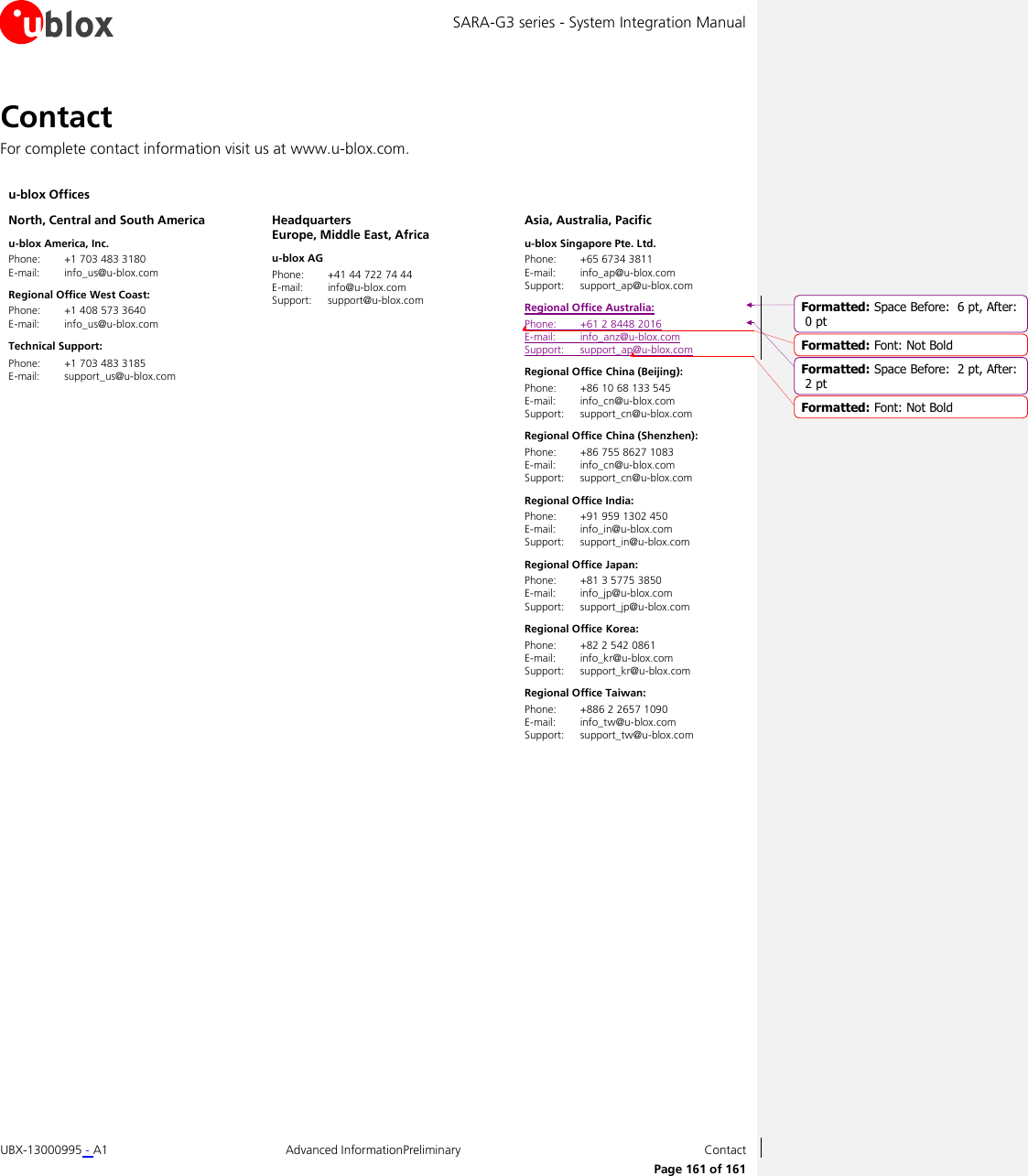 SARA-G3 series - System Integration Manual UBX-13000995 - A1  Advanced InformationPreliminary  Contact      Page 161 of 161 Contact For complete contact information visit us at www.u-blox.com.  u-blox Offices     North, Central and South America u-blox America, Inc. Phone:  +1 703 483 3180 E-mail:  info_us@u-blox.com Regional Office West Coast: Phone:  +1 408 573 3640 E-mail:  info_us@u-blox.com Technical Support: Phone:  +1 703 483 3185 E-mail:  support_us@u-blox.com  Headquarters Europe, Middle East, Africa u-blox AG  Phone:  +41 44 722 74 44 E-mail:  info@u-blox.com Support:  support@u-blox.com  Asia, Australia, Pacific u-blox Singapore Pte. Ltd. Phone:  +65 6734 3811 E-mail:  info_ap@u-blox.com Support:  support_ap@u-blox.com Regional Office Australia: Phone:  +61 2 8448 2016 E-mail:  info_anz@u-blox.com Support:  support_ap@u-blox.com Regional Office China (Beijing): Phone:  +86 10 68 133 545 E-mail:  info_cn@u-blox.com Support:  support_cn@u-blox.com Regional Office China (Shenzhen): Phone:  +86 755 8627 1083 E-mail:  info_cn@u-blox.com Support:  support_cn@u-blox.com Regional Office India: Phone:  +91 959 1302 450 E-mail:  info_in@u-blox.com Support:  support_in@u-blox.com Regional Office Japan: Phone:  +81 3 5775 3850 E-mail:  info_jp@u-blox.com Support:  support_jp@u-blox.com Regional Office Korea: Phone:  +82 2 542 0861 E-mail:  info_kr@u-blox.com  Support:  support_kr@u-blox.com Regional Office Taiwan: Phone:  +886 2 2657 1090 E-mail:  info_tw@u-blox.com  Support:  support_tw@u-blox.com   Formatted: Space Before:  6 pt, After: 0 ptFormatted: Font: Not BoldFormatted: Space Before:  2 pt, After: 2 ptFormatted: Font: Not Bold