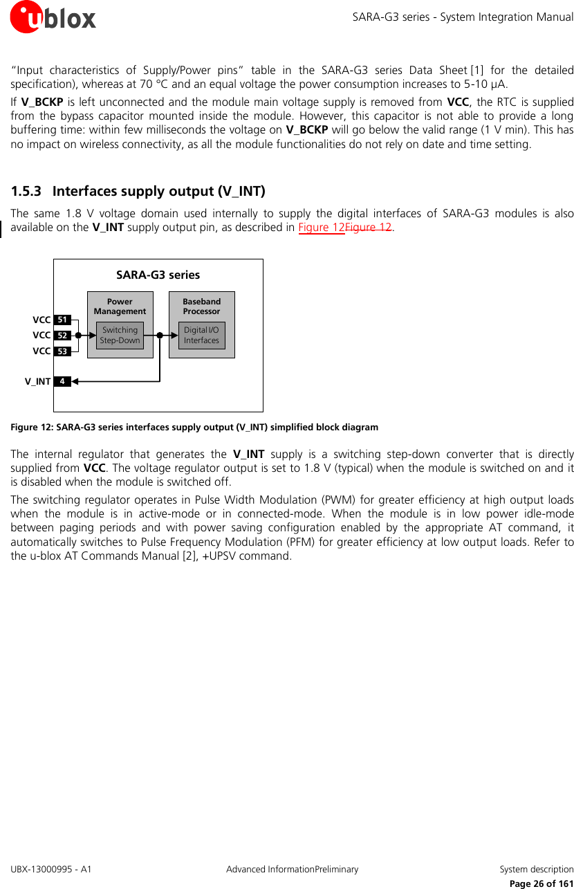 SARA-G3 series - System Integration Manual UBX-13000995 - A1  Advanced InformationPreliminary  System description     Page 26 of 161 “Input  characteristics  of  Supply/Power  pins”  table  in  the  SARA-G3  series Data  Sheet [1]  for  the  detailed specification), whereas at 70 °C and an equal voltage the power consumption increases to 5-10 µA. If V_BCKP is left unconnected and the module main voltage supply is removed from VCC, the RTC is supplied from  the  bypass  capacitor  mounted inside  the  module. However,  this capacitor  is  not  able to  provide  a long buffering time: within few milliseconds the voltage on V_BCKP will go below the valid range (1 V min). This has no impact on wireless connectivity, as all the module functionalities do not rely on date and time setting.  1.5.3 Interfaces supply output (V_INT) The  same  1.8  V  voltage  domain  used  internally  to  supply  the  digital  interfaces  of  SARA-G3  modules  is  also available on the V_INT supply output pin, as described in Figure 12Figure 12.  Baseband Processor51VCC52VCC53VCC4V_INTSwitchingStep-DownDigital I/O InterfacesPower ManagementSARA-G3 series Figure 12: SARA-G3 series interfaces supply output (V_INT) simplified block diagram The  internal  regulator  that  generates  the  V_INT  supply  is  a  switching  step-down  converter  that  is  directly supplied from VCC. The voltage regulator output is set to 1.8 V (typical) when the module is switched on and it is disabled when the module is switched off. The switching regulator operates in Pulse Width Modulation (PWM) for greater efficiency at high output loads when  the  module  is  in  active-mode  or  in  connected-mode.  When  the  module  is  in  low  power  idle-mode between  paging  periods  and  with  power  saving  configuration  enabled  by  the  appropriate  AT  command,  it automatically switches to Pulse Frequency Modulation (PFM) for greater efficiency at low output loads. Refer to the u-blox AT Commands Manual [2], +UPSV command.  