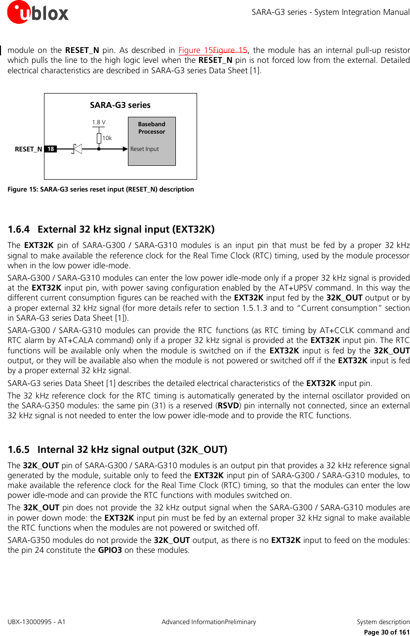 SARA-G3 series - System Integration Manual UBX-13000995 - A1  Advanced InformationPreliminary  System description     Page 30 of 161 module  on the  RESET_N  pin.  As  described  in  Figure 15Figure  15,  the  module  has an internal pull-up  resistor which pulls the line to the high logic level when the RESET_N pin is not forced low from the external. Detailed electrical characteristics are described in SARA-G3 series Data Sheet [1].  Baseband Processor18RESET_N Reset InputSARA-G3 series10k1.8 V Figure 15: SARA-G3 series reset input (RESET_N) description  1.6.4 External 32 kHz signal input (EXT32K) The  EXT32K  pin  of  SARA-G300  /  SARA-G310  modules  is  an input  pin  that  must  be  fed  by  a  proper  32 kHz signal to make available the reference clock for the Real Time Clock (RTC) timing, used by the module processor when in the low power idle-mode. SARA-G300 / SARA-G310 modules can enter the low power idle-mode only if a proper 32 kHz signal is provided at the EXT32K input pin, with power saving configuration enabled by the AT+UPSV command. In this way the different current consumption figures can be reached with the EXT32K input fed by the 32K_OUT output or by a proper external 32 kHz signal (for more details refer to section 1.5.1.3 and to “Current consumption” section in SARA-G3 series Data Sheet [1]). SARA-G300  / SARA-G310 modules can provide the  RTC functions (as RTC timing by  AT+CCLK command and RTC alarm by AT+CALA command) only if a proper 32 kHz signal is provided at the EXT32K input pin. The RTC functions  will be available only when the  module  is  switched on if  the  EXT32K input  is fed  by  the 32K_OUT output, or they will be available also when the module is not powered or switched off if the EXT32K input is fed by a proper external 32 kHz signal. SARA-G3 series Data Sheet [1] describes the detailed electrical characteristics of the EXT32K input pin. The 32 kHz reference clock for the RTC timing is automatically generated by the internal oscillator provided on the SARA-G350 modules: the same pin (31) is a reserved (RSVD) pin internally not connected, since an external 32 kHz signal is not needed to enter the low power idle-mode and to provide the RTC functions.  1.6.5 Internal 32 kHz signal output (32K_OUT) The 32K_OUT pin of SARA-G300 / SARA-G310 modules is an output pin that provides a 32 kHz reference signal generated by the module, suitable only to feed the EXT32K input pin of SARA-G300 / SARA-G310 modules, to make available the reference clock for the Real Time Clock (RTC) timing, so that the modules can enter the low power idle-mode and can provide the RTC functions with modules switched on. The 32K_OUT pin does not provide the 32 kHz output signal when the SARA-G300 / SARA-G310 modules are in power down mode: the EXT32K input pin must be fed by an external proper 32 kHz signal to make available the RTC functions when the modules are not powered or switched off. SARA-G350 modules do not provide the 32K_OUT output, as there is no EXT32K input to feed on the modules: the pin 24 constitute the GPIO3 on these modules.  