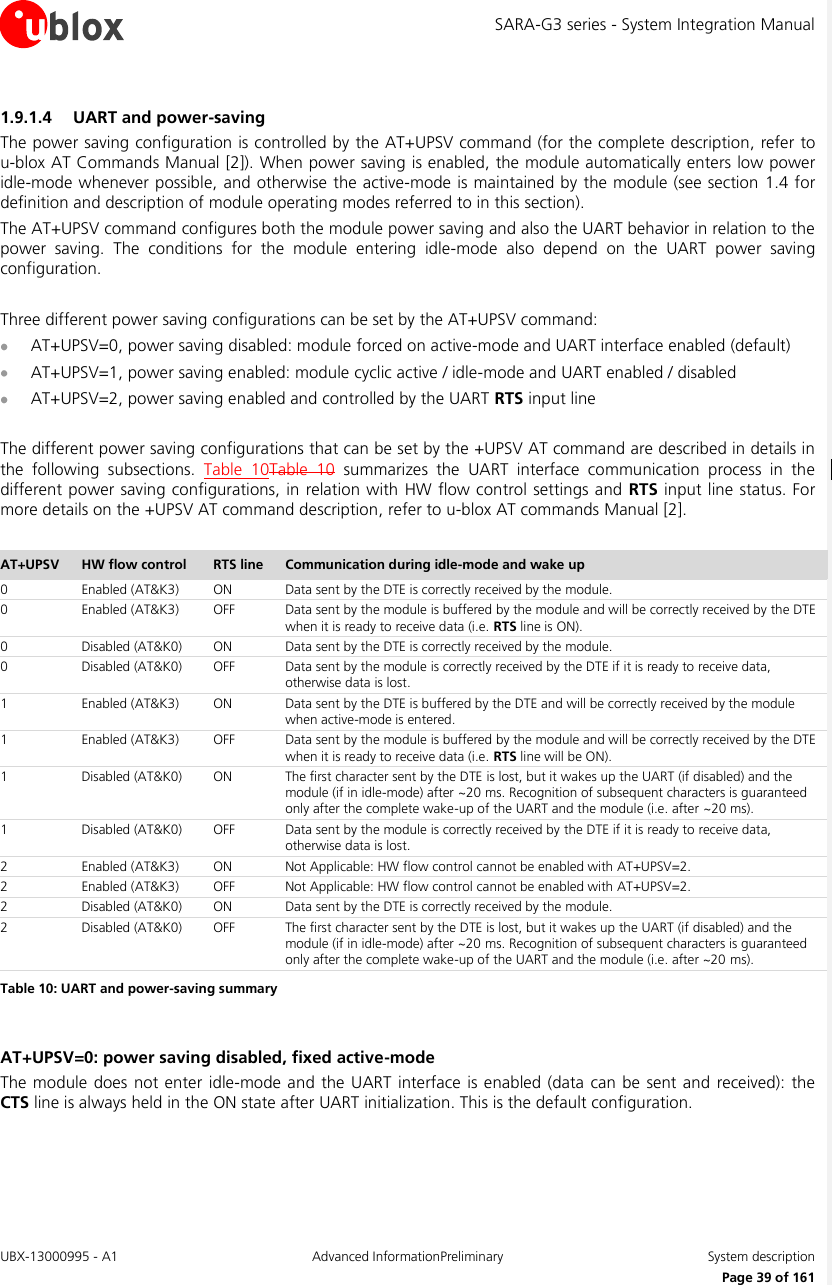 SARA-G3 series - System Integration Manual UBX-13000995 - A1  Advanced InformationPreliminary  System description     Page 39 of 161 1.9.1.4 UART and power-saving  The power saving configuration is controlled by the AT+UPSV command (for the complete description, refer to u-blox AT Commands Manual [2]). When power saving is enabled, the module automatically enters low power idle-mode whenever possible, and otherwise the active-mode is maintained by the module (see section 1.4 for definition and description of module operating modes referred to in this section). The AT+UPSV command configures both the module power saving and also the UART behavior in relation to the power  saving.  The  conditions  for  the  module  entering  idle-mode  also  depend  on  the  UART  power  saving configuration.  Three different power saving configurations can be set by the AT+UPSV command:  AT+UPSV=0, power saving disabled: module forced on active-mode and UART interface enabled (default)  AT+UPSV=1, power saving enabled: module cyclic active / idle-mode and UART enabled / disabled  AT+UPSV=2, power saving enabled and controlled by the UART RTS input line  The different power saving configurations that can be set by the +UPSV AT command are described in details in the  following  subsections.  Table  10Table  10  summarizes  the  UART  interface  communication  process  in  the different power saving configurations, in relation with HW flow control settings and RTS  input line status. For more details on the +UPSV AT command description, refer to u-blox AT commands Manual [2].  AT+UPSV HW flow control RTS line Communication during idle-mode and wake up  0 Enabled (AT&amp;K3) ON Data sent by the DTE is correctly received by the module. 0 Enabled (AT&amp;K3) OFF Data sent by the module is buffered by the module and will be correctly received by the DTE when it is ready to receive data (i.e. RTS line is ON). 0 Disabled (AT&amp;K0) ON Data sent by the DTE is correctly received by the module. 0 Disabled (AT&amp;K0) OFF Data sent by the module is correctly received by the DTE if it is ready to receive data, otherwise data is lost. 1 Enabled (AT&amp;K3) ON Data sent by the DTE is buffered by the DTE and will be correctly received by the module when active-mode is entered. 1 Enabled (AT&amp;K3) OFF Data sent by the module is buffered by the module and will be correctly received by the DTE when it is ready to receive data (i.e. RTS line will be ON). 1 Disabled (AT&amp;K0) ON The first character sent by the DTE is lost, but it wakes up the UART (if disabled) and the module (if in idle-mode) after ~20 ms. Recognition of subsequent characters is guaranteed only after the complete wake-up of the UART and the module (i.e. after ~20 ms). 1 Disabled (AT&amp;K0) OFF Data sent by the module is correctly received by the DTE if it is ready to receive data, otherwise data is lost. 2 Enabled (AT&amp;K3) ON Not Applicable: HW flow control cannot be enabled with AT+UPSV=2. 2 Enabled (AT&amp;K3) OFF Not Applicable: HW flow control cannot be enabled with AT+UPSV=2. 2 Disabled (AT&amp;K0) ON Data sent by the DTE is correctly received by the module. 2 Disabled (AT&amp;K0) OFF The first character sent by the DTE is lost, but it wakes up the UART (if disabled) and the module (if in idle-mode) after ~20 ms. Recognition of subsequent characters is guaranteed only after the complete wake-up of the UART and the module (i.e. after ~20 ms). Table 10: UART and power-saving summary  AT+UPSV=0: power saving disabled, fixed active-mode The module  does  not enter  idle-mode and the UART interface  is enabled (data can be  sent  and received): the CTS line is always held in the ON state after UART initialization. This is the default configuration.  