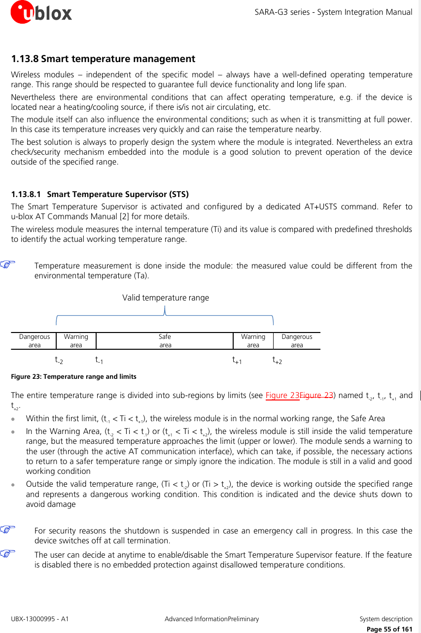 SARA-G3 series - System Integration Manual UBX-13000995 - A1  Advanced InformationPreliminary  System description     Page 55 of 161 1.13.8 Smart temperature management  Wireless  modules  –  independent  of  the  specific  model  –  always  have  a  well-defined  operating  temperature range. This range should be respected to guarantee full device functionality and long life span. Nevertheless  there  are  environmental  conditions  that  can  affect  operating  temperature,  e.g.  if  the  device  is located near a heating/cooling source, if there is/is not air circulating, etc. The module itself can also influence the environmental conditions; such as when it is transmitting at full power. In this case its temperature increases very quickly and can raise the temperature nearby. The best solution is always to properly design the system where the module is integrated. Nevertheless an extra check/security  mechanism  embedded  into  the  module  is  a  good  solution  to  prevent  operation  of  the  device outside of the specified range.  1.13.8.1 Smart Temperature Supervisor (STS) The  Smart  Temperature  Supervisor  is  activated  and  configured  by  a  dedicated  AT+USTS  command.  Refer  to u-blox AT Commands Manual [2] for more details. The wireless module measures the internal temperature (Ti) and its value is compared with predefined thresholds to identify the actual working temperature range.   Temperature  measurement  is  done inside  the  module:  the  measured value  could  be different  from  the environmental temperature (Ta). Warningareat-1 t+1 t+2t-2Valid temperature rangeSafeareaDangerousarea Dangerousarea Warningarea Figure 23: Temperature range and limits The entire temperature range is divided into sub-regions by limits (see Figure 23Figure 23) named t-2, t-1, t+1 and t+2.  Within the first limit, (t-1 &lt; Ti &lt; t+1), the wireless module is in the normal working range, the Safe Area  In the Warning Area, (t-2 &lt; Ti &lt; t.1) or (t+1 &lt; Ti &lt; t+2), the wireless module is still inside the valid temperature range, but the measured temperature approaches the limit (upper or lower). The module sends a warning to the user (through the active AT communication interface), which can take, if possible, the necessary actions to return to a safer temperature range or simply ignore the indication. The module is still in a valid and good working condition  Outside the valid temperature range, (Ti &lt; t-2) or (Ti &gt; t+2), the device is working outside the specified range and  represents  a  dangerous working  condition.  This  condition  is  indicated  and  the device  shuts down  to avoid damage   For  security reasons  the  shutdown is  suspended  in  case  an  emergency call in  progress. In  this case  the device switches off at call termination.  The user can decide at anytime to enable/disable the Smart Temperature Supervisor feature. If the feature is disabled there is no embedded protection against disallowed temperature conditions.  