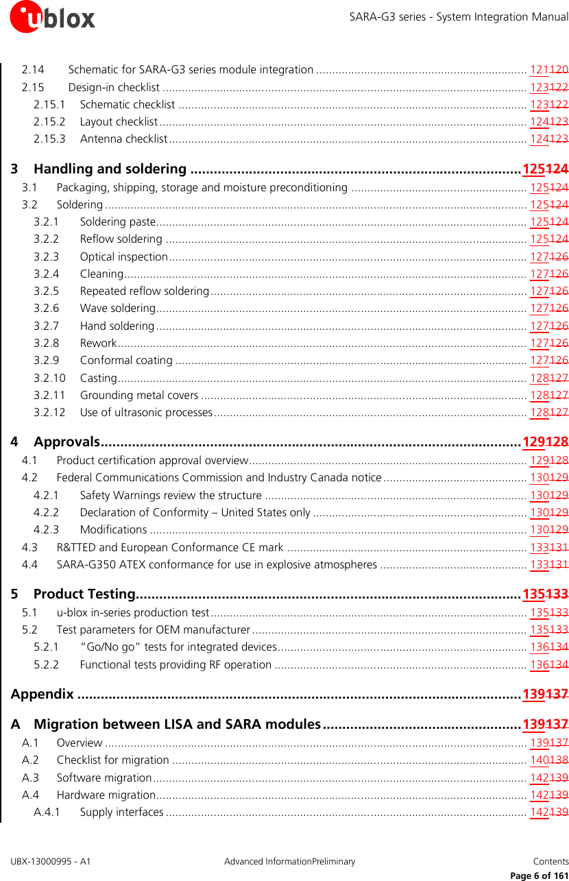 SARA-G3 series - System Integration Manual UBX-13000995 - A1  Advanced InformationPreliminary  Contents     Page 6 of 161 2.14 Schematic for SARA-G3 series module integration .................................................................. 121120 2.15 Design-in checklist .................................................................................................................. 123122 2.15.1 Schematic checklist ............................................................................................................. 123122 2.15.2 Layout checklist ................................................................................................................... 124123 2.15.3 Antenna checklist ................................................................................................................ 124123 3 Handling and soldering ..................................................................................... 125124 3.1 Packaging, shipping, storage and moisture preconditioning ....................................................... 125124 3.2 Soldering .................................................................................................................................... 125124 3.2.1 Soldering paste.................................................................................................................... 125124 3.2.2 Reflow soldering ................................................................................................................. 125124 3.2.3 Optical inspection ................................................................................................................ 127126 3.2.4 Cleaning .............................................................................................................................. 127126 3.2.5 Repeated reflow soldering ................................................................................................... 127126 3.2.6 Wave soldering.................................................................................................................... 127126 3.2.7 Hand soldering .................................................................................................................... 127126 3.2.8 Rework ................................................................................................................................ 127126 3.2.9 Conformal coating .............................................................................................................. 127126 3.2.10 Casting ................................................................................................................................ 128127 3.2.11 Grounding metal covers ...................................................................................................... 128127 3.2.12 Use of ultrasonic processes .................................................................................................. 128127 4 Approvals ............................................................................................................ 129128 4.1 Product certification approval overview ....................................................................................... 129128 4.2 Federal Communications Commission and Industry Canada notice ............................................. 130129 4.2.1 Safety Warnings review the structure .................................................................................. 130129 4.2.2 Declaration of Conformity – United States only ................................................................... 130129 4.2.3 Modifications ...................................................................................................................... 130129 4.3 R&amp;TTED and European Conformance CE mark ........................................................................... 133131 4.4 SARA-G350 ATEX conformance for use in explosive atmospheres .............................................. 133131 5 Product Testing................................................................................................... 135133 5.1 u-blox in-series production test ................................................................................................... 135133 5.2 Test parameters for OEM manufacturer ...................................................................................... 135133 5.2.1 “Go/No go” tests for integrated devices .............................................................................. 136134 5.2.2 Functional tests providing RF operation ............................................................................... 136134 Appendix .................................................................................................................. 139137 A Migration between LISA and SARA modules ................................................... 139137 A.1 Overview .................................................................................................................................... 139137 A.2 Checklist for migration ............................................................................................................... 140138 A.3 Software migration ..................................................................................................................... 142139 A.4 Hardware migration.................................................................................................................... 142139 A.4.1 Supply interfaces ................................................................................................................. 142139 