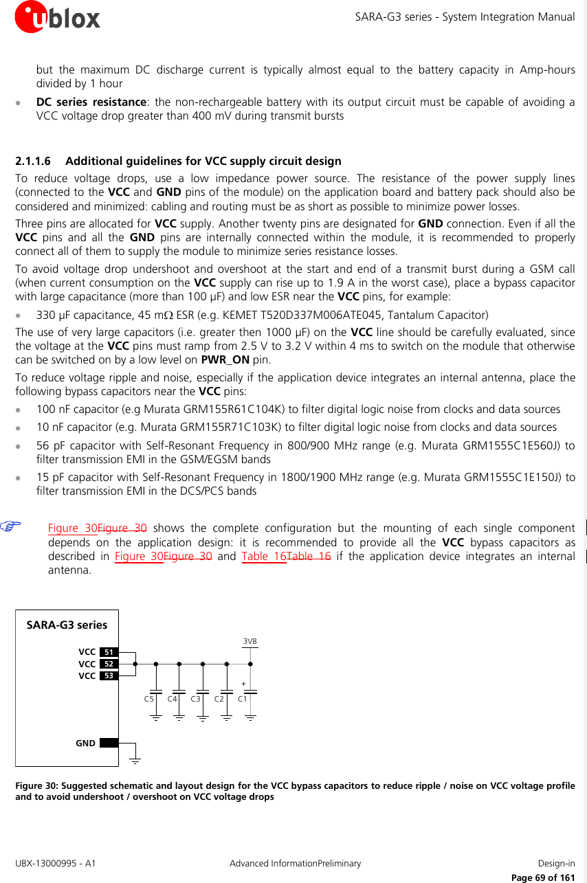 SARA-G3 series - System Integration Manual UBX-13000995 - A1  Advanced InformationPreliminary  Design-in     Page 69 of 161 but  the  maximum  DC  discharge  current  is  typically  almost  equal  to  the  battery  capacity  in  Amp-hours divided by 1 hour  DC  series  resistance: the  non-rechargeable battery  with its output circuit  must be capable of avoiding  a VCC voltage drop greater than 400 mV during transmit bursts  2.1.1.6 Additional guidelines for VCC supply circuit design To  reduce  voltage  drops,  use  a  low  impedance  power  source.  The  resistance  of  the  power  supply  lines (connected to the VCC and GND pins of the module) on the application board and battery pack should also be considered and minimized: cabling and routing must be as short as possible to minimize power losses. Three pins are allocated for VCC supply. Another twenty pins are designated for GND connection. Even if all the VCC  pins  and  all  the  GND  pins  are  internally  connected  within  the  module,  it  is  recommended  to  properly connect all of them to supply the module to minimize series resistance losses. To  avoid  voltage drop undershoot  and  overshoot  at  the start  and end  of  a  transmit burst  during  a  GSM call (when current consumption on the VCC supply can rise up to 1.9 A in the worst case), place a bypass capacitor with large capacitance (more than 100 µF) and low ESR near the VCC pins, for example:  330 µF capacitance, 45 m  ESR (e.g. KEMET T520D337M006ATE045, Tantalum Capacitor) The use of very large capacitors (i.e. greater then 1000 µF) on the VCC line should be carefully evaluated, since the voltage at the VCC pins must ramp from 2.5 V to 3.2 V within 4 ms to switch on the module that otherwise can be switched on by a low level on PWR_ON pin. To reduce voltage ripple and noise, especially if the application device integrates an internal antenna, place the following bypass capacitors near the VCC pins:  100 nF capacitor (e.g Murata GRM155R61C104K) to filter digital logic noise from clocks and data sources  10 nF capacitor (e.g. Murata GRM155R71C103K) to filter digital logic noise from clocks and data sources  56 pF  capacitor with  Self-Resonant  Frequency in 800/900 MHz  range  (e.g.  Murata  GRM1555C1E560J)  to filter transmission EMI in the GSM/EGSM bands  15 pF capacitor with Self-Resonant Frequency in 1800/1900 MHz range (e.g. Murata GRM1555C1E150J) to filter transmission EMI in the DCS/PCS bands   Figure  30Figure  30  shows  the  complete  configuration  but  the  mounting  of  each  single  component depends  on  the  application  design:  it  is  recommended  to  provide  all  the  VCC  bypass  capacitors  as described  in  Figure  30Figure  30  and  Table  16Table  16  if  the  application  device  integrates  an  internal antenna.  C4GNDC3 C2SARA-G3 series52VCC53VCC51VCC3V8C1+C5 Figure 30: Suggested schematic and layout design for the VCC bypass capacitors to reduce ripple / noise on VCC voltage profile and to avoid undershoot / overshoot on VCC voltage drops 