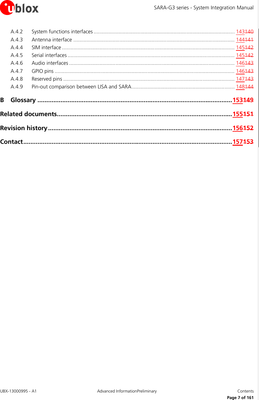 SARA-G3 series - System Integration Manual UBX-13000995 - A1  Advanced InformationPreliminary  Contents     Page 7 of 161 A.4.2 System functions interfaces ................................................................................................. 143140 A.4.3 Antenna interface ............................................................................................................... 144141 A.4.4 SIM interface ....................................................................................................................... 145142 A.4.5 Serial interfaces ................................................................................................................... 145142 A.4.6 Audio interfaces .................................................................................................................. 146143 A.4.7 GPIO pins ............................................................................................................................ 146143 A.4.8 Reserved pins ...................................................................................................................... 147143 A.4.9 Pin-out comparison between LISA and SARA ....................................................................... 148144 B Glossary .............................................................................................................. 153149 Related documents................................................................................................... 155151 Revision history ........................................................................................................ 156152 Contact ...................................................................................................................... 157153  