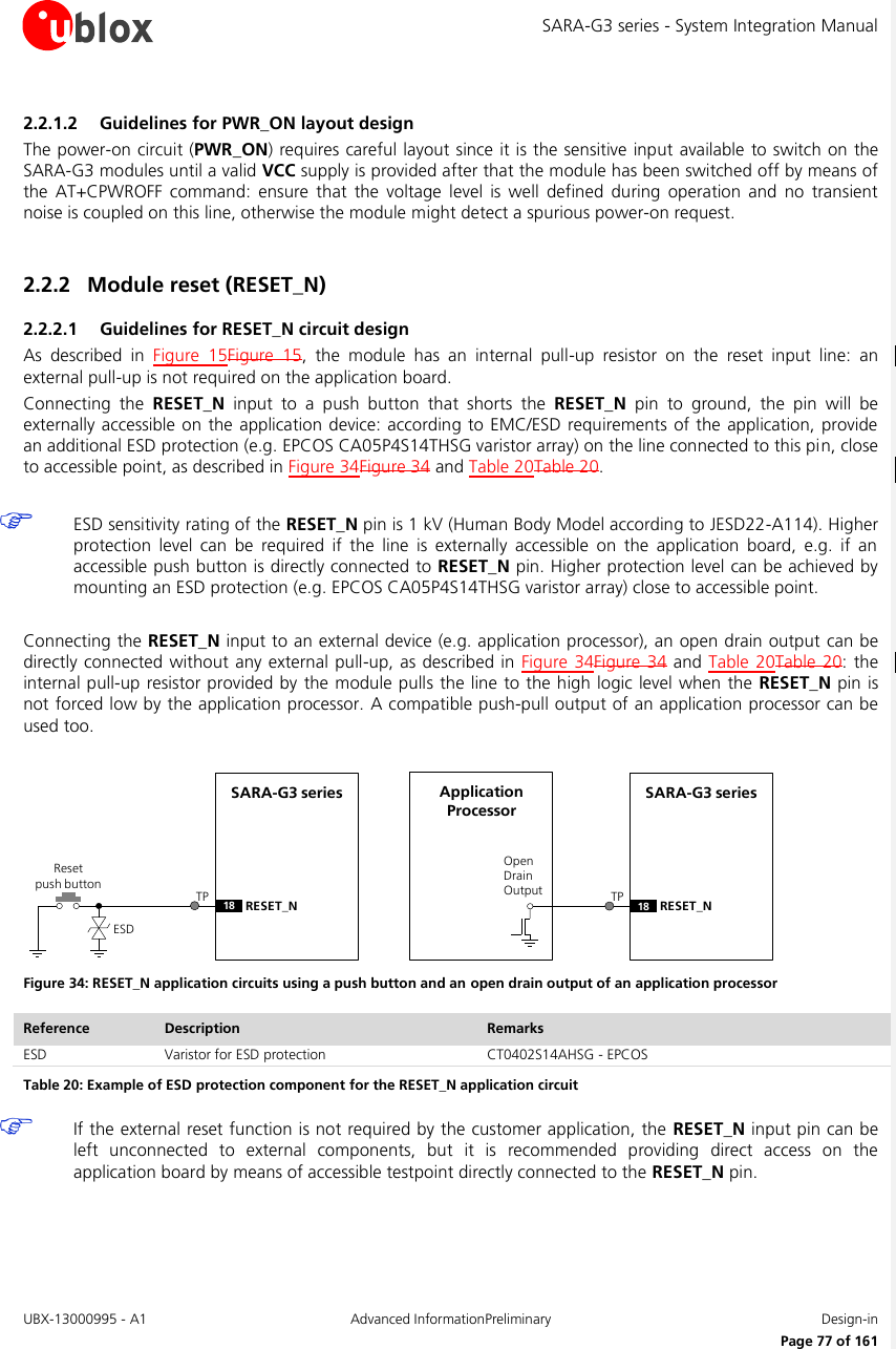 SARA-G3 series - System Integration Manual UBX-13000995 - A1  Advanced InformationPreliminary  Design-in     Page 77 of 161 2.2.1.2 Guidelines for PWR_ON layout design The power-on circuit (PWR_ON) requires careful layout since it is the sensitive input  available  to switch on the SARA-G3 modules until a valid VCC supply is provided after that the module has been switched off by means of the  AT+CPWROFF  command:  ensure  that  the  voltage  level  is  well  defined  during  operation  and  no  transient noise is coupled on this line, otherwise the module might detect a spurious power-on request.  2.2.2 Module reset (RESET_N) 2.2.2.1 Guidelines for RESET_N circuit design As  described  in  Figure  15Figure  15,  the  module  has  an  internal  pull-up  resistor  on  the  reset  input  line:  an external pull-up is not required on the application board. Connecting  the  RESET_N  input  to  a  push  button  that  shorts  the  RESET_N  pin  to  ground,  the  pin  will  be externally accessible on the application device: according to EMC/ESD requirements of the application, provide an additional ESD protection (e.g. EPCOS CA05P4S14THSG varistor array) on the line connected to this pin, close to accessible point, as described in Figure 34Figure 34 and Table 20Table 20.   ESD sensitivity rating of the RESET_N pin is 1 kV (Human Body Model according to JESD22-A114). Higher protection  level  can  be  required  if  the  line  is  externally  accessible  on  the  application  board,  e.g.  if  an accessible push button is directly connected to RESET_N pin. Higher protection level can be achieved by mounting an ESD protection (e.g. EPCOS CA05P4S14THSG varistor array) close to accessible point.  Connecting the RESET_N input to an external device (e.g. application processor), an open drain output can be directly connected  without any external pull-up, as described in Figure 34Figure 34 and Table 20Table  20:  the internal pull-up resistor provided by the module pulls the line to the high logic level when the RESET_N  pin is not forced low by the application processor. A compatible push-pull output of an application processor can be used too.  SARA-G3 series18 RESET_NReset      push buttonESDOpen Drain OutputApplication ProcessorSARA-G3 series18 RESET_NTP TP Figure 34: RESET_N application circuits using a push button and an open drain output of an application processor Reference Description Remarks ESD Varistor for ESD protection CT0402S14AHSG - EPCOS Table 20: Example of ESD protection component for the RESET_N application circuit  If the external reset function is not required by the customer application, the RESET_N input pin can be left  unconnected  to  external  components,  but  it  is  recommended  providing  direct  access  on  the application board by means of accessible testpoint directly connected to the RESET_N pin.  