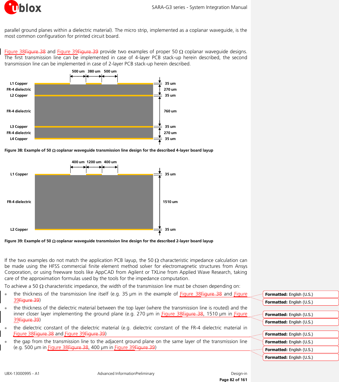 SARA-G3 series - System Integration Manual UBX-13000995 - A1  Advanced InformationPreliminary  Design-in     Page 82 of 161 parallel ground planes within a dielectric material). The micro strip, implemented as a coplanar waveguide, is the most common configuration for printed circuit board.  Figure 38Figure 38 and Figure 39Figure 39 provide two examples of proper 50   coplanar waveguide designs. The  first  transmission  line  can  be  implemented  in  case  of  4-layer  PCB  stack-up  herein  described,  the  second transmission line can be implemented in case of 2-layer PCB stack-up herein described. 35 um35 um35 um35 um270 um270 um760 umL1 CopperL3 CopperL2 CopperL4 CopperFR-4 dielectricFR-4 dielectricFR-4 dielectric380 um 500 um500 um Figure 38: Example of 50   coplanar waveguide transmission line design for the described 4-layer board layup 35 um35 um1510 umL2 CopperL1 CopperFR-4 dielectric1200 um 400 um400 um Figure 39: Example of 50   coplanar waveguide transmission line design for the described 2-layer board layup  If the two examples do not match the application PCB layup, the 50   characteristic impedance calculation can be  made  using  the  HFSS  commercial  finite  element method  solver  for  electromagnetic  structures  from  Ansys Corporation, or using freeware tools like AppCAD from Agilent or TXLine from Applied Wave Research, taking care of the approximation formulas used by the tools for the impedance computation. To achieve a 50   characteristic impedance, the width of the transmission line must be chosen depending on:  the  thickness  of  the  transmission line  itself  (e.g.  35 µm  in  the  example of  Figure  38Figure  38  and  Figure 39Figure 39)  the thickness of the dielectric material between the top layer (where the transmission line is routed) and the inner  closer layer  implementing the  ground plane  (e.g. 270 µm  in  Figure  38Figure  38,  1510 µm  in Figure 39Figure 39)  the  dielectric  constant  of  the  dielectric  material  (e.g.  dielectric  constant  of  the  FR-4  dielectric  material  in Figure 38Figure 38 and Figure 39Figure 39)  the gap from the transmission line to the adjacent ground plane on the same layer of the transmission line (e.g. 500 µm in Figure 38Figure 38, 400 µm in Figure 39Figure 39)  Formatted: English (U.S.)Formatted: English (U.S.)Formatted: English (U.S.)Formatted: English (U.S.)Formatted: English (U.S.)Formatted: English (U.S.)Formatted: English (U.S.)Formatted: English (U.S.)