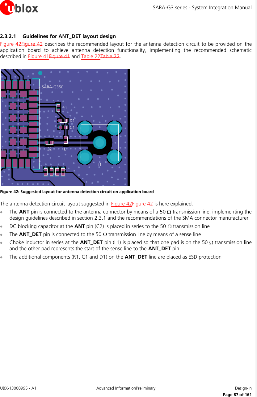 SARA-G3 series - System Integration Manual UBX-13000995 - A1  Advanced InformationPreliminary  Design-in     Page 87 of 161 2.3.2.1 Guidelines for ANT_DET layout design Figure 42Figure 42 describes  the recommended layout for the antenna detection circuit  to be provided on the application  board  to  achieve  antenna  detection  functionality,  implementing  the  recommended  schematic described in Figure 41Figure 41 and Table 22Table 22.  SARA-G350C2R1D1C1L1J1 Figure 42: Suggested layout for antenna detection circuit on application board  The antenna detection circuit layout suggested in Figure 42Figure 42 is here explained:  The ANT pin is connected to the antenna connector by means of a 50   transmission line, implementing the design guidelines described in section 2.3.1 and the recommendations of the SMA connector manufacturer  DC blocking capacitor at the ANT pin (C2) is placed in series to the 50   transmission line  The ANT_DET pin is connected to the 50   transmission line by means of a sense line  Choke inductor in series at the ANT_DET pin (L1) is placed so that one pad is on the 50   transmission line and the other pad represents the start of the sense line to the ANT_DET pin  The additional components (R1, C1 and D1) on the ANT_DET line are placed as ESD protection  